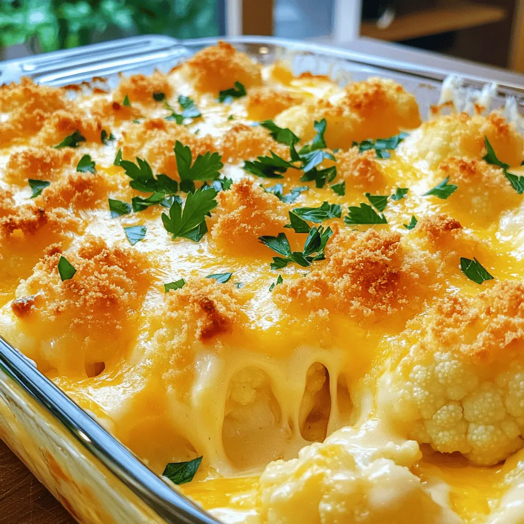 To create the perfect cheesy cauliflower gratin, you need a few key ingredients. Each one plays a role in building flavors and textures. Here’s what you will need: - 1 medium head of cauliflower, cut into bite-sized florets - 2 cups sharp cheddar cheese, freshly grated - 1 cup Gruyère cheese, freshly grated - 1 cup heavy cream - 1 cup whole milk - 2 tablespoons unsalted butter - 2 tablespoons all-purpose flour - 1 teaspoon garlic powder - 1 teaspoon onion powder - Sea salt and freshly ground black pepper to taste - 1/2 cup fresh breadcrumbs (for topping) - 2 tablespoons fresh parsley, finely chopped (for garnish) The cauliflower serves as a healthy base. The sharp cheddar and Gruyère cheeses add richness and depth. Heavy cream and whole milk create a creamy texture. Butter and flour form the roux for the cheese sauce. Garlic and onion powder bring warm, savory notes. Salt and pepper enhance all the flavors. Fresh breadcrumbs provide a crispy topping, while parsley adds a pop of color. Gather these ingredients for a satisfying dish that warms the heart. If you want to dive deeper into the cooking process, check out the Full Recipe for detailed steps. - Preheat your oven to 375°F (190°C). - Blanch the cauliflower florets. Start by boiling water in a large pot. Add a pinch of salt. Carefully add the cauliflower florets. Blanch them for about 5 minutes. They should be tender but firm. Drain the florets and let them cool slightly. - Create the roux with butter and flour. In a medium saucepan, melt unsalted butter over medium heat. Once it bubbles, whisk in all-purpose flour. Keep whisking for 1-2 minutes to cook the flour. - Gradually add dairy and seasonings. Slowly pour in whole milk and heavy cream. Whisk continuously to avoid lumps. Cook until the sauce thickens, about 5 minutes. Then stir in garlic powder, onion powder, sea salt, and black pepper. - Incorporate cheese into the sauce. Remove the saucepan from heat. Fold in 1.5 cups of cheddar and Gruyère cheese. Mix until the cheese melts into a smooth sauce. - Mix cauliflower with cheese sauce. In a large bowl, add the blanched cauliflower. Pour the cheese sauce over the florets. Gently stir until every piece is coated. - Transfer to baking dish, add topping. Pour the cheesy mixture into a greased baking dish. Spread it evenly. In a small bowl, mix the remaining cheese with fresh breadcrumbs. Sprinkle this mix over the top. - Bake and garnish before serving. Place the dish in the oven. Bake for 25-30 minutes until golden brown and bubbling. Let it rest for 5 minutes before serving. Garnish with parsley for a fresh touch. You can find the full recipe above to guide you through these steps. Enjoy your delicious cheesy cauliflower gratin! To make a smooth cheese sauce, whisk well to avoid lumps. Start with a roux of butter and flour. Gradually add cream and milk while whisking. Keep stirring until the mixture thickens. After that, remove from heat and mix in your cheese. Make sure the cheese is fully melted for a creamy texture. Use a shallow baking dish for even browning. This allows heat to reach all areas. While baking, keep an eye on the gratin. You want it golden brown, not burnt. If it browns too fast, cover it with foil. This dish pairs well with a fresh salad or grilled chicken. The bright flavors of a salad balance the richness of the gratin. Serve warm for the best taste. The cheese sauce stays creamy and delicious when hot. Don't forget to garnish with fresh parsley for color and flavor. For the full recipe, check out the details above. {{image_4}} You can change up the cheese in your gratin easily. Mozzarella makes a great choice if you want a milder taste. It melts well and gives a lovely stringy texture. Parmesan is another option. It adds a sharp, nutty flavor. Mix any of these cheeses with the cheddar and Gruyère for a fun twist. If you need a vegan option, look for plant-based cheeses. Almond or cashew-based cheeses can work well. They melt nicely and still give that cheesy feel. Just make sure to check the texture. Some vegan cheeses might be drier. Don't be afraid to get creative with flavors. Spices like smoked paprika or cayenne pepper can add a nice kick. You can also use fresh herbs like thyme or rosemary for a fragrant touch. Just add a pinch or two to the cheese sauce. Want to make it heartier? Mix in cooked veggies like spinach or mushrooms. You can also add proteins like cooked chicken or bacon. These additions make the dish more filling and add layers of flavor. If you want to try cooking this dish differently, consider the stovetop. You can cook the cauliflower in a pot and make the cheese sauce in a separate pan. Once done, mix everything together and enjoy. You can also use an Instant Pot for a faster method. Steam the cauliflower in it first. Then, prepare the cheese sauce in a pan. Combine both, and you will have a tasty gratin in no time. For the full recipe, check out the detailed instructions. After making Cheesy Cauliflower Gratin, store it in the fridge. Place it in an airtight container. This way, it stays fresh. The gratin lasts about 3 to 5 days in the fridge. When you want to eat it, check for any off smells or changes in texture. If you have leftovers, freezing is a great option. First, let the gratin cool completely. Then, cut it into portions. Wrap each portion tightly in plastic wrap. For extra protection, place it in a freezer-safe bag. It can freeze well for up to 2 months. When you’re ready to enjoy it again, thaw the gratin overnight in the fridge. For reheating, you can use the oven or microwave. If using the oven, preheat it to 350°F (175°C) and bake until warmed through. To reheat and keep the best texture, use the oven. This keeps the top crispy. Cover it loosely with foil to prevent it from browning too much. Heat for about 15 to 20 minutes, or until hot. For the microwave, heat in short bursts. Stir between each burst for even heating. Enjoy your delicious dish! For the complete cooking method, refer to the Full Recipe. Cheesy cauliflower gratin is a creamy dish made with cauliflower and cheese. This dish has roots in French cooking. It often uses Gruyère and cheddar cheese to create a rich sauce. The gratin is baked until golden and bubbly. This dish is a wonderful way to enjoy vegetables while indulging in cheesy goodness. To make this recipe gluten-free, you can swap the all-purpose flour. Use a gluten-free flour blend instead. Almond flour or rice flour also works well. Just make sure to use the same amount as the recipe calls for. This way, you can keep the dish thick and creamy without gluten. Yes, you can prepare this dish ahead of time. Make the gratin, but do not bake it. Cover it and store it in the fridge for up to two days. When you are ready to serve, just bake it straight from the fridge. You may need to add a few extra minutes to the baking time. Cheesy cauliflower gratin pairs well with many dishes. I love serving it with a simple green salad. You can also add grilled chicken or fish for protein. Roasted vegetables or crusty bread make great sides too. These options create a balanced meal that everyone will enjoy. This blog post guides you through the tasty world of Cheesy Cauliflower Gratin. We covered the key ingredients, simple steps, and helpful tips for perfecting your dish. You can mix it up with different cheeses or add extra flavors. Storage and reheating methods ensure you enjoy every bite later. With these insights, you can create a comforting meal that impresses. Enjoy your cooking, and make this gratin a staple on your table!