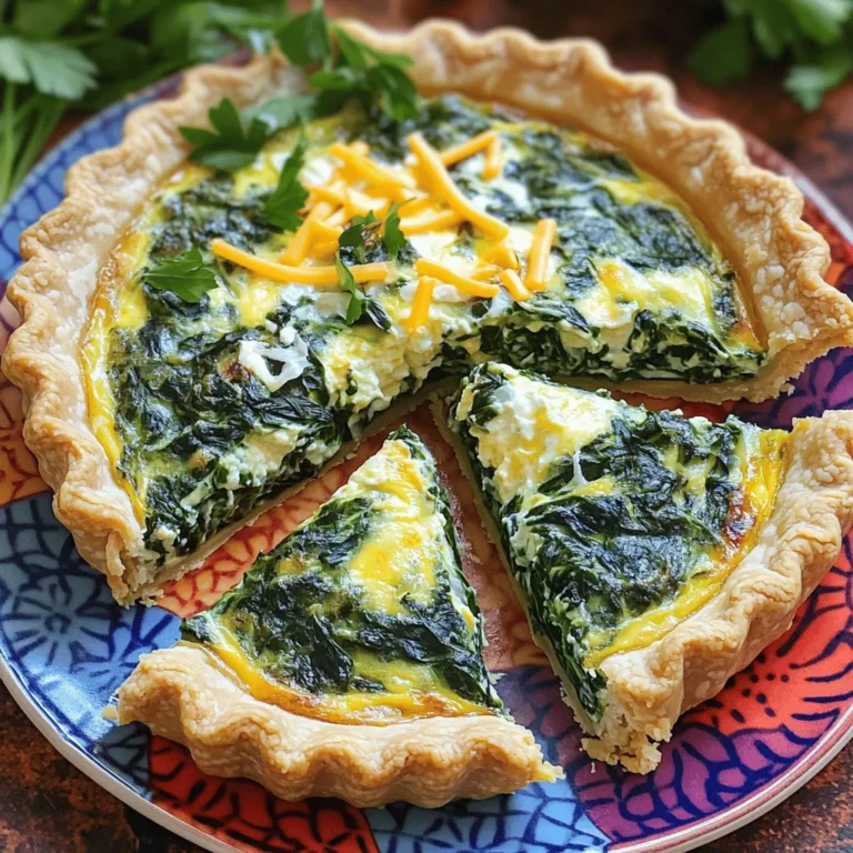 To make a tasty spinach bacon quiche, you'll need these main ingredients: - 1 pre-made pie crust - 2 cups fresh spinach, finely chopped - 4 large eggs - 1 cup heavy cream - 1 cup shredded cheese (choose between sharp cheddar or creamy mozzarella) - 1 small onion, finely chopped - 2 cloves garlic, minced - Salt and freshly ground black pepper, to taste - 1/4 teaspoon ground nutmeg (optional, for added warmth) - 1 tablespoon extra virgin olive oil These ingredients create a delicious base, but the addition of bacon brings a savory twist. You can enhance the flavor of your quiche with a few optional ingredients: - Cooked bacon or pancetta, chopped - Fresh herbs like thyme or basil for freshness - Sun-dried tomatoes for a tangy kick - Other vegetables like bell peppers or mushrooms for added texture Feel free to mix and match based on what you enjoy. The beauty of quiche lies in its versatility. If you have dietary needs, here are some options: - Gluten-free: Use a gluten-free pie crust or make a crustless quiche. - Vegetarian: Skip the bacon and add more veggies. Consider mushrooms or zucchini. - Dairy-free: Substitute heavy cream with coconut milk or almond milk and use dairy-free cheese. These substitutions can make the dish suitable for various diets while keeping it delicious. For the complete recipe, check the Full Recipe section. First, set your oven to 375°F (190°C). This temperature helps the quiche bake evenly. While the oven heats, gather your ingredients. You will need your pre-made pie crust, spinach, eggs, cream, cheese, onion, garlic, and seasonings. Having everything ready makes cooking easier. In a large skillet, pour in one tablespoon of extra virgin olive oil. Heat it over medium heat. When the oil is hot, add the finely chopped onion and minced garlic. Stir this mix for about 3-4 minutes. You want the onion to turn clear and smell great. Then, add the chopped spinach. Cook it for another 2-3 minutes until it wilts. This step brings out the spinach's bright color and flavor. When done, take the skillet off the heat and let it cool for a few minutes. In a big mixing bowl, crack four large eggs and pour in one cup of heavy cream. Use a whisk to mix them until smooth. Add salt, pepper, and nutmeg if you're using it. Next, gently mix the cooled spinach and onion into the egg mixture. Then, fold in one cup of shredded cheese. Make sure all the ingredients blend well. Now, pour the egg and spinach mix into your pre-made pie crust. Use a spatula to spread it evenly. Place the quiche in your preheated oven. Bake it for 35-40 minutes. You will know it's done when the center is firm. A toothpick inserted in the middle should come out clean. When the quiche is baked, take it out of the oven. Let it cool for about 10 minutes before slicing. This cooling time helps the filling set. You can present the quiche in nice wedges on a colorful plate. For a touch of class, add a sprig of parsley or a sprinkle of cheese on each slice. This makes your dish look as good as it tastes! For the full recipe, check out the section above. To get that ideal quiche texture, focus on the egg mixture. Whisk the eggs and cream until smooth. This helps create a fluffy filling. Don’t overmix once you add spinach and cheese; it can make the quiche dense. Bake until the edges are firm but the center is slightly jiggly. It will set as it cools. When using a pre-made pie crust, take it out of the fridge just before filling. This prevents it from getting too warm. If it’s frozen, thaw it overnight in the fridge for even results. Poke a few holes in the bottom of the crust with a fork. This allows steam to escape and keeps the crust crisp. To store leftover quiche, let it cool completely. Wrap it tightly in plastic wrap or aluminum foil. You can also place it in an airtight container. This keeps it fresh for up to three days in the fridge. For longer storage, freeze individual slices. Just make sure to wrap each slice well before freezing. For a complete experience, check out the Full Recipe. {{image_4}} You can mix in many vegetables with spinach to change the taste. Try bell peppers for sweetness. Mushrooms add a nice earthy flavor. Broccoli or zucchini can give your quiche a fresh twist. Just make sure you chop them small. This way, they cook well and blend nicely with the eggs. Cheese can change the whole vibe of your quiche. While sharp cheddar adds a bold taste, creamy mozzarella brings a smooth texture. You can also use feta for a tangy kick or goat cheese for creaminess. Mixing cheeses can also create a unique flavor. Just choose what you love. If you want a lighter quiche, try a cauliflower crust. It’s easy to make and adds a nice flavor. You can also use whole wheat crust for more fiber. For a gluten-free option, look for pre-made gluten-free pie crusts. Each crust gives a different taste and texture, so feel free to experiment. The Full Recipe is a great starting point for your quiche adventures. To keep your leftover quiche fresh, wrap it in plastic wrap. You can also place it in an airtight container. This helps maintain its flavor and texture. Store it in the fridge for up to three days. If you want to keep it longer, consider freezing it. When you are ready to enjoy your leftover quiche, choose the right method to reheat it. The oven is best for even heating. Preheat your oven to 350°F (175°C). Place the quiche on a baking sheet and warm it for about 20 minutes. If you're in a hurry, you can use the microwave. Heat it in short bursts for about 1-2 minutes. Check frequently to avoid overheating. Freezing quiche is a great way to save it for later. Start by letting the quiche cool completely. Wrap it tightly in plastic wrap, then place it in a freezer-safe bag. Be sure to label it with the date. This quiche can last for up to three months in the freezer. When you're ready to eat, thaw it in the fridge overnight before reheating. Enjoy your Spinach Bacon Quiche anytime! For the complete recipe, check out the Full Recipe section. Yes, you can make this quiche ahead of time. Bake it, let it cool, then cover it and store it in the fridge. You can also freeze it for later. Just reheat it before serving for the best taste. The quiche is done when it is set in the middle. Insert a toothpick into the center. If it comes out clean, your quiche is ready. The edges should look golden and slightly puffed. Quiche goes well with many side dishes. Here are a few ideas: - Mixed green salad with vinaigrette - Roasted potatoes or sweet potatoes - Fresh fruit salad - Steamed vegetables like asparagus or broccoli Yes, you can use frozen spinach. Just make sure to thaw it first and drain any excess water. This keeps your quiche from becoming too watery. To adjust the serving size, simply scale the ingredients. For example, if you want to make half the recipe, use half the amounts. If you want more servings, double the ingredients. Just watch the baking time if you change the size. You learned how to make a tasty spinach bacon quiche. We covered key ingredients, cooking steps, and fun variations. You also discovered tips for perfect texture and storage. Each section guides you through this delicious dish. Enjoying quiche is easy and fun. With different flavors and ingredients, you can customize it. Keep practicing, and soon you’ll impress everyone at your table. Spinach bacon quiche can be a go-to meal for any occasion!