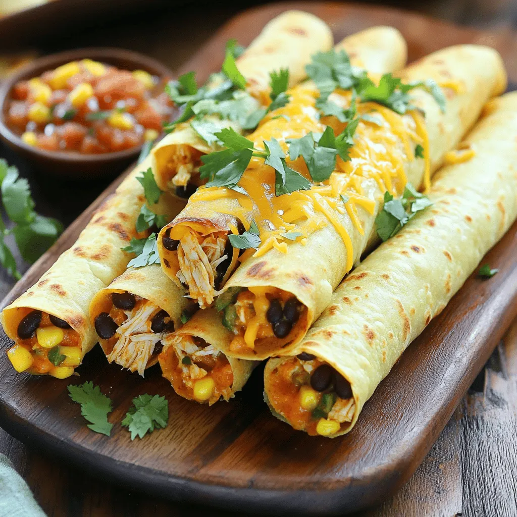 - 2 cups shredded cooked chicken - 1 cup black beans, rinsed and drained - 1 cup corn kernels (fresh or frozen) For a tasty filling, I love using shredded cooked chicken. It adds great flavor and texture. Black beans give fiber and protein to each bite. Corn kernels add a sweet crunch, making the taquitos even better. - Ground cumin - Garlic powder - Onion powder - Smoked paprika - Salt and freshly ground black pepper, to taste Spices are key to great flavor. Ground cumin gives warmth, while garlic and onion powders add depth. Smoked paprika brings a lovely smokiness. Don’t forget to season with salt and pepper. This step makes your taquitos burst with taste. - 10 small corn tortillas - 2 tablespoons extra virgin olive oil Soft corn tortillas are perfect for rolling. They hold the filling well. Extra virgin olive oil helps achieve a crispy finish. A light coating on top makes all the difference while baking. - Salsa of your choice for serving - Fresh cilantro leaves for garnish For serving, I recommend fresh salsa. It adds a zesty kick. Garnish with cilantro leaves for color and freshness. This final touch makes your taquitos look and taste amazing. For the full recipe, you can check out the [Full Recipe]. Enjoy making your crispy baked chicken taquitos! - Preheat the oven to 400°F (200°C). - In a bowl, mix 2 cups of shredded chicken, 1 cup of black beans, and 1 cup of corn. - Add 1 cup of shredded cheddar cheese and spices: 1 teaspoon of ground cumin, 1 teaspoon of garlic powder, 1 teaspoon of onion powder, and 1/2 teaspoon of smoked paprika. - Season with salt and black pepper to taste. Stir well until everything blends. - Warm 10 small corn tortillas in a microwave for 30 seconds. This makes them soft. - Take a tortilla and place about 2 tablespoons of filling in the center. - Roll the tortilla tightly, tucking in the ends as you go. This keeps the filling inside. - Line a baking sheet with parchment paper. Arrange the rolled taquitos seam-side down. - Brush the tops with 2 tablespoons of olive oil. This gives them a crispy finish. - Bake in the preheated oven for 20-25 minutes. Look for a golden-brown color. - After baking, let the taquitos cool for a few minutes. This helps with hot filling. - Garnish with fresh cilantro leaves and serve with salsa of your choice. Enjoy with a burst of flavor! To get that perfect crunch, start with a light coat of olive oil. This oil helps the taquitos crisp up nicely. I recommend using extra virgin olive oil for its rich flavor. After rolling them, brush the tops with oil. This step makes a huge difference. For baking, place your taquitos seam-side down. This helps them stay rolled during cooking. Keep space between each taquito on the baking sheet. This allows hot air to circulate and creates a golden finish. If you want to switch things up, use different proteins. You can swap the shredded chicken for cooked beef or even shredded pork. For a vegetarian option, try using black beans or lentils. If you're dairy-free, look for plant-based cheese. Many stores sell dairy-free cheese that melts well. This way, you can enjoy your taquitos without dairy. Rolling taquitos can be tricky, but I have some tips. First, warm your tortillas before using them. This keeps them from cracking and makes them easier to roll. Use a microwave or warm them in a pan. When adding filling, don’t overstuff. Use about two tablespoons for each tortilla. This helps prevent leaks. Roll the tortilla tightly around the filling and tuck in the ends. This keeps everything inside and makes for a neat taquito. For the full recipe, check out the complete guide to Baked Chicken Taquitos. {{image_4}} You can switch up the filling for your baked chicken taquitos. Try using ground beef or shredded pork for a different taste. If you prefer a vegetarian option, use sautéed veggies or beans instead of meat. Mix in cooked mushrooms or spinach for added flavor. Seasonings can change the whole dish. For a spicy kick, add chili powder or jalapeños. For a sweet twist, try some diced bell peppers or corn. Experiment with flavors until you find the perfect mix for your taste. If you need gluten-free options, look for gluten-free tortillas in stores. They taste great and keep your taquitos crispy. You can also use lettuce wraps as a fun twist. For low-carb choices, try using cauliflower tortillas. They are lower in carbs and still hold the filling well. This way, you can enjoy your taquitos while sticking to your diet. Serving your baked chicken taquitos with different dips makes them even more fun. Try salsa, sour cream, or guacamole. Each dip adds a unique flavor. Consider pairing your taquitos with a fresh salad or rice. A side of beans can also make a great addition. These sides not only complement the taquitos but also make your meal more filling. For the full recipe, check out [Full Recipe]. To keep your leftover taquitos fresh, follow these tips: - Place them in an airtight container. - Use a container that fits them snugly to reduce air exposure. - For extra protection, wrap them in plastic wrap first. Storing them properly helps maintain their flavor and texture. When reheating taquitos, you want to keep them crispy. Here’s how: - Preheat your oven to 375°F (190°C). - Place the taquitos on a baking sheet. - Heat for about 10-15 minutes until warm. This method helps the taquitos stay crispy, unlike the microwave, which can make them soggy. You can freeze taquitos both before and after baking: - Before Baking: Assemble the taquitos, then place them on a baking sheet. Freeze them until solid. Once frozen, transfer to a freezer bag. - After Baking: Let them cool completely before placing in a freezer-safe container. To cook frozen taquitos directly from the freezer: - Preheat your oven to 400°F (200°C). - Arrange the frozen taquitos on a baking sheet. - Bake for about 25-30 minutes until hot and crispy. This way, you can enjoy your taquitos anytime! For the full recipe, check the section above. To make your taquitos crispy, start with a good oil coating. Use extra virgin olive oil to brush the tops. This adds flavor and helps them crisp. Arrange the taquitos on a baking sheet with space between each one. Bake them at 400°F (200°C) for 20-25 minutes. Turn them halfway through for even crispiness. Yes, you can mix or match cheese types. Cheddar is great, but you can try Monterey Jack or pepper jack. For a fun twist, use a blend of cheeses. This adds depth to the flavor. You can also use vegan cheese if you prefer a dairy-free option. Baked Chicken Taquitos pair well with many sides. Consider serving them with a fresh salad or guacamole. You can also add rice or beans for a heartier meal. Chips and salsa make a nice crunchy side. For a bit of color, add some sliced veggies or corn salad. To add spice, mix diced jalapeños or hot sauce into the filling. You could also use pepper jack cheese for extra heat. For dipping, serve with spicy salsa or a chipotle sauce. These options will give your taquitos a nice kick. Great condiments for taquitos include salsa, guacamole, and sour cream. You can also try a creamy ranch or chipotle sauce. These dips add flavor and moisture, making each bite better. Don't forget to sprinkle some fresh cilantro for a pop of freshness. Baked chicken taquitos are fun to make and delicious to eat. We covered key ingredients like chicken, beans, and corn, plus essential spices. I shared steps to achieve crispy taquitos and ideas for storage and reheating. You can customize these with different fillings and sauces. Enjoy your cooking adventure! You'll impress friends and family with your tasty taquitos.