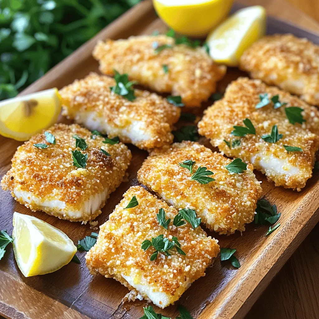 - 4 tilapia fillets (approximately 6 ounces each) - 1 cup freshly grated Parmesan cheese - 1 cup panko breadcrumbs for extra crunch - 2 garlic cloves, finely minced - 1 teaspoon dried Italian herb blend (combining oregano, basil, and thyme) - 1/2 teaspoon red pepper flakes (optional for a spicy kick) - 2 large eggs - 1 tablespoon fresh lemon juice - 2 tablespoons olive oil for drizzling For this dish, you need fresh and simple ingredients. Tilapia fillets are mild and flaky, making them perfect for this recipe. The Parmesan cheese gives a rich, nutty flavor that pairs well with the fish. Panko breadcrumbs add a delightful crunch. You can use garlic to build a nice base flavor. Italian herbs enhance the dish with a classic taste. If you like heat, try adding red pepper flakes. They give a nice kick, but it's optional. For binding, eggs and lemon juice help the crust stick well. Olive oil adds moisture and helps the crust become golden brown. Once you gather these ingredients, you're ready to create a tasty meal. Remember, you can find the full recipe for step-by-step guidance on how to make this Parmesan crusted tilapia. - Preheat oven to 400°F (200°C). - Prepare a baking sheet with parchment paper. Preheating the oven helps ensure even cooking. The parchment paper stops the fish from sticking. This step makes clean-up easier, too. - Combine dry ingredients in a shallow dish. - Mix until well combined. In a shallow dish, mix the grated Parmesan cheese, panko breadcrumbs, minced garlic, Italian herbs, optional red pepper flakes, and a pinch of salt and pepper. This mixture gives the fish a rich flavor. - Whisk eggs and lemon juice. - Coat fillets in egg mixture and then breadcrumbs. In a bowl, whisk the eggs and lemon juice until smooth. Take each tilapia fillet and dip it into the egg mix. Let excess egg drip off before moving to the breadcrumb mixture. Press the fillet into the crumbs so they stick well. - Arrange fillets on baking sheet. - Drizzle with olive oil. - Bake until golden brown. Place the coated fillets on the prepared baking sheet. Drizzle olive oil over each fillet for extra crispiness. Bake for 15-20 minutes. The fish should be opaque and flaky, and the crust should turn golden brown. For full details, check the Full Recipe. Enjoy these steps for a tasty meal! To get that lovely crispy crust, use freshly grated Parmesan. It melts better and adds great flavor. Always ensure you coat the fish evenly with the breadcrumb mixture. This helps every bite stay crunchy. Press down gently when you coat the fillets. This makes sure the crust sticks well. If you use frozen tilapia, adjust your cooking time. Frozen fillets need a few extra minutes in the oven. Always check for doneness by looking for opaque fish that flakes easily with a fork. This ensures your tilapia is cooked just right. Garnishing your tilapia with fresh herbs adds color and flavor. Parsley or dill works well. Serve the tilapia with lemon wedges for a fresh twist. Guests can squeeze lemon juice over the fish, making each bite bright and tasty. For more details, check out the Full Recipe. {{image_4}} Adding citrus zest can really boost the flavor. I love using lemon or lime zest. Just mix it into the cheese and breadcrumb mix. The zest adds a bright, fresh taste that pairs well with tilapia. You can also try other zests, like orange, for a unique twist. Incorporating different cheese types can add depth. Try using Pecorino Romano or a blend of cheeses. Each type brings its own flavor profile. Mixing cheese can make the dish richer and more exciting. If you want to switch things up, you can use cod or salmon. Both fish can work great in this recipe. Cod has a mild taste and flaky texture. Salmon offers a richer flavor. When using cod, follow the same steps as for tilapia. For salmon, you might need a slightly longer cook time. Keep an eye on the fish, as it should flake easily when done. The air fryer is a fantastic option for this dish. It cuts down on cooking time and gives you a nice crisp. Set your air fryer to 400°F (200°C) and cook for about 10-12 minutes. Check for doneness to ensure it’s flaky and golden. If you prefer pan-searing, you can do that too. Heat a non-stick skillet over medium heat and add a little oil. Cook the fillets for about 4-5 minutes on each side. This method gives a lovely crust and a rich flavor. For the full recipe, check the details provided earlier. To keep leftovers fresh, store the tilapia in an airtight container. Place it in the fridge. This method helps maintain its flavor and texture. You can store it for up to three days. If you want to keep it longer, freezing is a great option. For the best crispy texture, reheat in the oven. Preheat your oven to 375°F (190°C). Place the tilapia on a baking sheet. Heat for about 10-12 minutes, until warmed through. This method revives the crunchiness of the crust. If you're in a hurry, you can use a microwave. Place the tilapia on a microwave-safe dish. Cover it with a damp paper towel. Heat for 1-2 minutes on medium power. This method is quick but may soften the crust. You can freeze tilapia before cooking. Wrap each fillet tightly in plastic wrap. Then, place them in a freezer bag. They last for up to three months. When ready, just thaw in the fridge overnight before cooking. If you have cooked tilapia left, it can also be frozen. Allow it to cool completely. Then, wrap it tightly and store it in a freezer bag. This will help preserve its flavor. Cooked tilapia can stay good for up to two months in the freezer. For the best results, use the Full Recipe for perfect cooking before freezing. The best side dishes include: - Steamed broccoli - Roasted asparagus - Garlic mashed potatoes - Quinoa salad - Simple green salad These sides add flavor and balance to the meal. They bring color and nutrients too. Yes, you can use other fish. Here are some options: - Cod - Haddock - Salmon - Snapper Each fish offers a unique taste. Adjust cooking times based on thickness. To make this dish gluten-free, use: - Gluten-free breadcrumbs - Ground almonds or nuts These options create a crispy crust without gluten. They also add a nice flavor twist. Parmesan crusted tilapia is a healthy choice. It offers: - High protein content - Omega-3 fatty acids from fish - Vitamins from herbs and seasonings This dish is low in carbs and packed with nutrients. For a crispier crust, try these tips: - Use fresh Parmesan instead of pre-grated. - Double-coat the fish with egg and breadcrumbs. - Bake on a wire rack. These methods help achieve that perfect crunch. Enjoy the texture with each bite! This blog post shared how to make delicious Parmesan crusted tilapia. You learned about the key ingredients, like tilapia, cheese, and breadcrumbs. The step-by-step guide helped you see how to prepare and bake the fish. Tips for perfecting the crust and variations expanded your options. Keep these methods in mind for tasty meals. With practice, you'll create dishes that impress everyone. Enjoy your cooking journey!