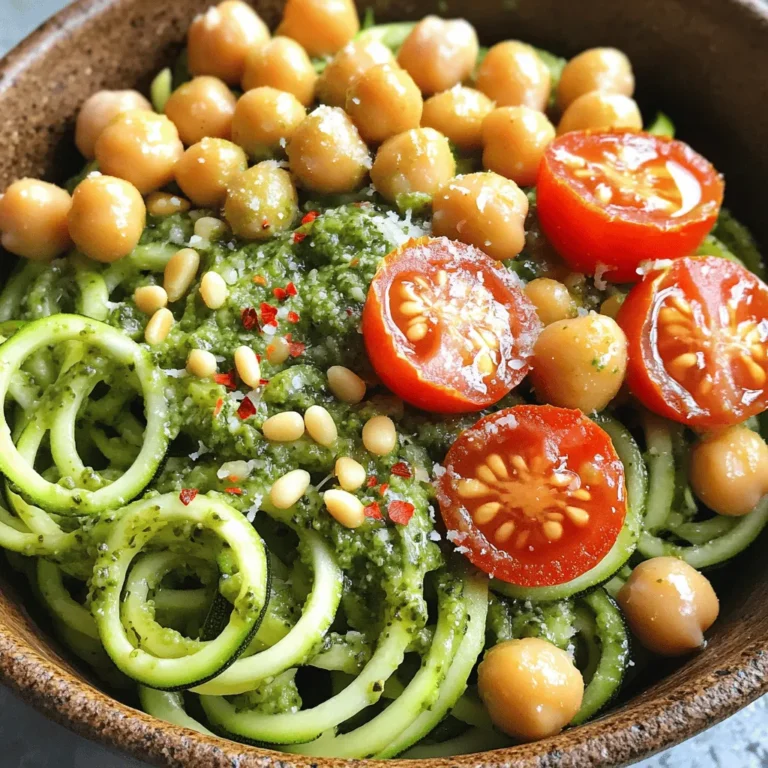 To make a tasty Pesto Zoodle Bowl, you need a few key items. Here’s what you will need: - 4 medium zucchini, spiralized into noodles (zoodles) - 1 cup fresh basil leaves, packed - 1/4 cup pine nuts (or walnuts for a different flavor) - 1/4 cup grated Parmesan cheese (or nutritional yeast for a vegan option) - 2 cloves garlic, minced - 1/3 cup extra virgin olive oil - Salt and freshly cracked black pepper, to taste These ingredients create a fresh and bright dish. The zucchini serves as a low-carb base, while the pesto brings rich flavor. You can customize your Pesto Zoodle Bowl with some fun add-ins. Here are a few ideas: - 1 cup cherry tomatoes, halved - 1/2 cup cooked chickpeas (for added protein) - 1/4 teaspoon red pepper flakes (optional, adjust based on spice preference) Adding these ingredients boosts flavor and adds color. Chickpeas provide protein, while cherry tomatoes add sweetness. Each ingredient in this dish has its own health perks. Here's a quick look: - Zucchini: Low in calories, high in fiber, good for digestion. - Basil: Packed with vitamins and antioxidants, supports heart health. - Pine Nuts: Rich in healthy fats and protein, great for energy. - Parmesan Cheese: Adds calcium and protein, enhances taste. - Garlic: Known for its health benefits, supports immune function. - Olive Oil: Contains heart-healthy fats, anti-inflammatory properties. Using fresh ingredients makes this dish not only tasty but also nutritious. Enjoy your Pesto Zoodle Bowl as a fun and healthy meal option! For the full recipe, check the detailed instructions above. To make the pesto, start by gathering your ingredients. You need fresh basil, pine nuts, Parmesan cheese, and garlic. Place them in a food processor. Pulse the mix until it is finely chopped. This will help blend the flavors well. Next, while the processor runs on low, slowly pour in the olive oil. Keep blending until the pesto is smooth. Taste it and add salt and pepper as you like. If it seems thick, add a bit more olive oil to lighten it. For the zoodles, begin with fresh zucchini. Spiralize them to create your noodles. Heat a large, non-stick skillet over medium heat. Add the spiralized zucchini and sauté for about 2-3 minutes. You want them to soften slightly but stay firm. This keeps them from turning mushy. Remember, the goal is to keep the texture just right. Now, it’s time to combine everything. Place the sautéed zoodles in a large bowl. Pour your fresh pesto over the zoodles and toss gently. Make sure every noodle is coated in that green goodness. Then, fold in the halved cherry tomatoes and cooked chickpeas. If you like it spicy, sprinkle in the red pepper flakes. Finally, serve this colorful mix in bowls. For a nice touch, drizzle a little olive oil on top and add more cheese or nutritional yeast if you want. Enjoy your fresh and flavorful Pesto Zoodle Bowl! When making a Pesto Zoodle Bowl, avoid these common mistakes: - Overcooking the zoodles: Cook them for just 2-3 minutes. They should be tender but still firm. - Skipping the salt: Add salt to the pesto for a better flavor. - Not tasting the pesto: Always taste and adjust the seasoning before mixing. Using the right tools makes a big difference! Here are a few great options: - Spiralizer: A handheld spiralizer is easy to use and great for beginners. - Box grater: This tool can create zoodles too, though they may not be as even. - Food processor: Some models have a spiralizing attachment, which can save time. You can easily change this recipe to fit many diets: - For gluten-free: Zoodles are naturally gluten-free, so you’re all set! - For vegan: Use nutritional yeast instead of Parmesan cheese in the pesto. - For low-carb: Replace chickpeas with another low-carb protein, like grilled chicken. You can find the full recipe for the Pesto Zoodle Bowl to help you prepare this dish perfectly. {{image_4}} You can switch up the nuts in your pesto. Pine nuts add a rich, buttery taste. However, walnuts work well too and are often cheaper. Almonds can also give a nice crunch. Each nut brings a unique flavor, so feel free to experiment. Try different nuts to find your favorite combo. Chickpeas are a great protein choice for your zoodle bowl. They add a hearty texture and a nutty taste. If you want more options, consider grilled chicken or shrimp. Tofu can also work if you prefer a plant-based protein. Each protein adds a new twist to the dish, making it more filling and delicious. To make this dish vegan or dairy-free, swap the Parmesan cheese for nutritional yeast. This gives your pesto a cheesy flavor without dairy. You can also skip the cheese entirely for a lighter taste. Adjust the ingredients to suit your diet while keeping it tasty. To store your leftover Pesto Zoodle Bowl, let it cool first. Then, place it in an airtight container. Keep it in the fridge. It will stay fresh for up to three days. Keeping the zoodles and pesto separate helps them maintain texture. If you store them together, the zoodles may get soggy. When reheating, do it gently. You can use a microwave or a skillet. If using a microwave, heat it in short bursts. Stir after each burst to ensure even warming. If using a skillet, add a splash of water to prevent sticking. Heat over low to medium heat until warm. Avoid overheating, as this can make the zoodles mushy. You can freeze the pesto for future use. Place it in ice cube trays to make small portions. Once frozen, transfer them to a freezer bag. Zoodles do not freeze well. They change texture when thawed. For the best taste, use fresh zoodles. If you want to freeze the dish, do it without the zoodles. Just freeze the pesto and add fresh zoodles later. Check out the Full Recipe for more details. Yes, you can use regular pasta instead of zoodles. Pasta adds a different texture and flavor. However, zoodles are a great low-carb option. They also absorb the pesto well. If you want a lighter meal, stick with zoodles. You can add many tasty ingredients to your Pesto Zoodle Bowl. Here are some ideas: - Grilled chicken or shrimp for more protein - Fresh veggies like bell peppers or spinach - Roasted nuts for crunch - Feta or goat cheese for creaminess - Avocado for healthy fats These additions can enhance the flavor and nutrition of your dish. Zoodles last about 2 to 3 days in the fridge. Store them in an airtight container. Keep them dry to avoid sogginess. If they get a bit limp, you can still use them. Just sauté them lightly to bring back some texture. You learned how to make a tasty Pesto Zoodle Bowl. We covered the key ingredients and their benefits. I shared easy steps to make this dish at home. With tips, tricks, and variations, you can customize your bowl. Remember, you can store leftovers and adjust the recipe to fit your needs. Enjoy your healthy meal that’s full of flavor and nutrition. Cooking can be fun and simple!