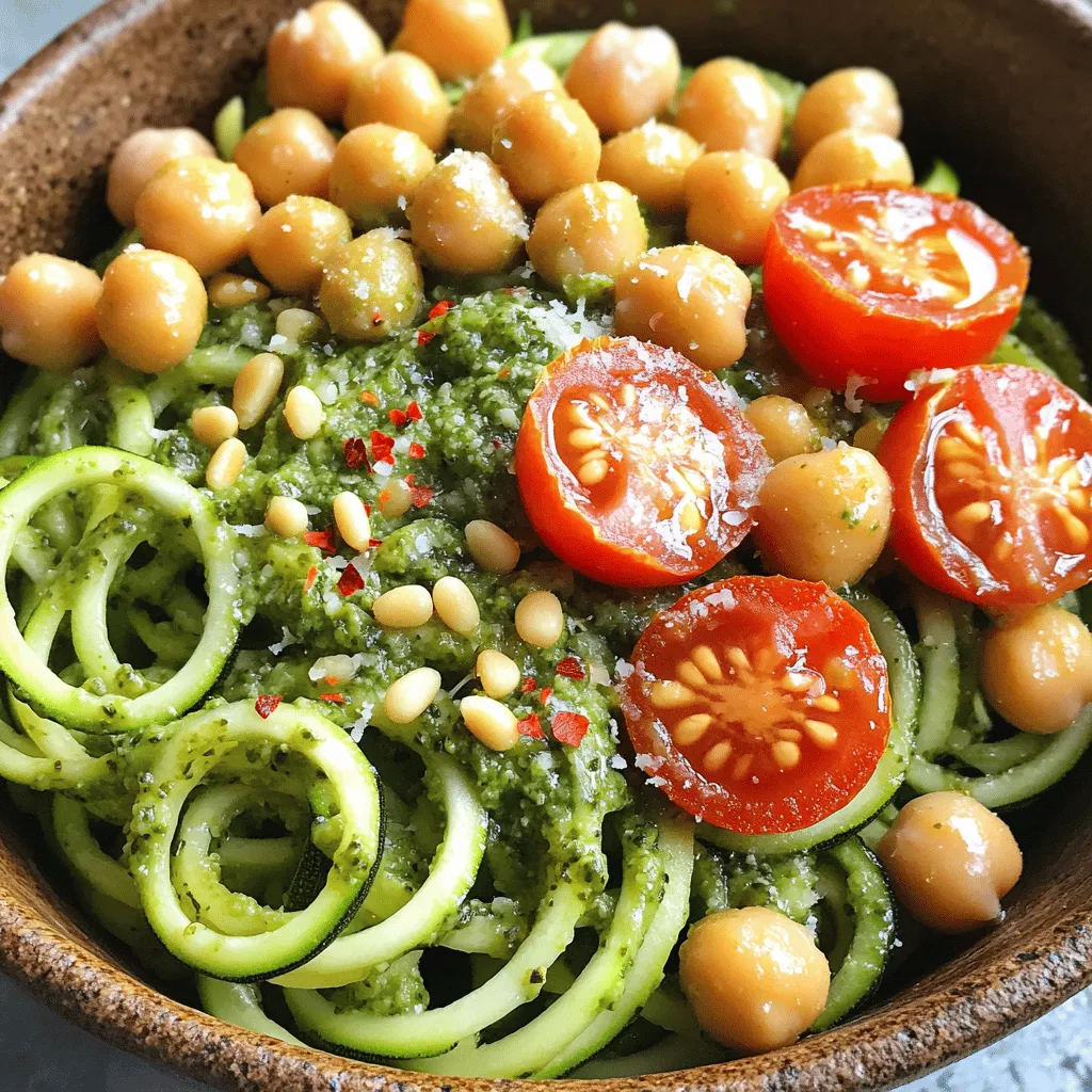 To make a tasty Pesto Zoodle Bowl, you need a few key items. Here’s what you will need: - 4 medium zucchini, spiralized into noodles (zoodles) - 1 cup fresh basil leaves, packed - 1/4 cup pine nuts (or walnuts for a different flavor) - 1/4 cup grated Parmesan cheese (or nutritional yeast for a vegan option) - 2 cloves garlic, minced - 1/3 cup extra virgin olive oil - Salt and freshly cracked black pepper, to taste These ingredients create a fresh and bright dish. The zucchini serves as a low-carb base, while the pesto brings rich flavor. You can customize your Pesto Zoodle Bowl with some fun add-ins. Here are a few ideas: - 1 cup cherry tomatoes, halved - 1/2 cup cooked chickpeas (for added protein) - 1/4 teaspoon red pepper flakes (optional, adjust based on spice preference) Adding these ingredients boosts flavor and adds color. Chickpeas provide protein, while cherry tomatoes add sweetness. Each ingredient in this dish has its own health perks. Here's a quick look: - Zucchini: Low in calories, high in fiber, good for digestion. - Basil: Packed with vitamins and antioxidants, supports heart health. - Pine Nuts: Rich in healthy fats and protein, great for energy. - Parmesan Cheese: Adds calcium and protein, enhances taste. - Garlic: Known for its health benefits, supports immune function. - Olive Oil: Contains heart-healthy fats, anti-inflammatory properties. Using fresh ingredients makes this dish not only tasty but also nutritious. Enjoy your Pesto Zoodle Bowl as a fun and healthy meal option! For the full recipe, check the detailed instructions above. To make the pesto, start by gathering your ingredients. You need fresh basil, pine nuts, Parmesan cheese, and garlic. Place them in a food processor. Pulse the mix until it is finely chopped. This will help blend the flavors well. Next, while the processor runs on low, slowly pour in the olive oil. Keep blending until the pesto is smooth. Taste it and add salt and pepper as you like. If it seems thick, add a bit more olive oil to lighten it. For the zoodles, begin with fresh zucchini. Spiralize them to create your noodles. Heat a large, non-stick skillet over medium heat. Add the spiralized zucchini and sauté for about 2-3 minutes. You want them to soften slightly but stay firm. This keeps them from turning mushy. Remember, the goal is to keep the texture just right. Now, it’s time to combine everything. Place the sautéed zoodles in a large bowl. Pour your fresh pesto over the zoodles and toss gently. Make sure every noodle is coated in that green goodness. Then, fold in the halved cherry tomatoes and cooked chickpeas. If you like it spicy, sprinkle in the red pepper flakes. Finally, serve this colorful mix in bowls. For a nice touch, drizzle a little olive oil on top and add more cheese or nutritional yeast if you want. Enjoy your fresh and flavorful Pesto Zoodle Bowl! When making a Pesto Zoodle Bowl, avoid these common mistakes: - Overcooking the zoodles: Cook them for just 2-3 minutes. They should be tender but still firm. - Skipping the salt: Add salt to the pesto for a better flavor. - Not tasting the pesto: Always taste and adjust the seasoning before mixing. Using the right tools makes a big difference! Here are a few great options: - Spiralizer: A handheld spiralizer is easy to use and great for beginners. - Box grater: This tool can create zoodles too, though they may not be as even. - Food processor: Some models have a spiralizing attachment, which can save time. You can easily change this recipe to fit many diets: - For gluten-free: Zoodles are naturally gluten-free, so you’re all set! - For vegan: Use nutritional yeast instead of Parmesan cheese in the pesto. - For low-carb: Replace chickpeas with another low-carb protein, like grilled chicken. You can find the full recipe for the Pesto Zoodle Bowl to help you prepare this dish perfectly. {{image_4}} You can switch up the nuts in your pesto. Pine nuts add a rich, buttery taste. However, walnuts work well too and are often cheaper. Almonds can also give a nice crunch. Each nut brings a unique flavor, so feel free to experiment. Try different nuts to find your favorite combo. Chickpeas are a great protein choice for your zoodle bowl. They add a hearty texture and a nutty taste. If you want more options, consider grilled chicken or shrimp. Tofu can also work if you prefer a plant-based protein. Each protein adds a new twist to the dish, making it more filling and delicious. To make this dish vegan or dairy-free, swap the Parmesan cheese for nutritional yeast. This gives your pesto a cheesy flavor without dairy. You can also skip the cheese entirely for a lighter taste. Adjust the ingredients to suit your diet while keeping it tasty. To store your leftover Pesto Zoodle Bowl, let it cool first. Then, place it in an airtight container. Keep it in the fridge. It will stay fresh for up to three days. Keeping the zoodles and pesto separate helps them maintain texture. If you store them together, the zoodles may get soggy. When reheating, do it gently. You can use a microwave or a skillet. If using a microwave, heat it in short bursts. Stir after each burst to ensure even warming. If using a skillet, add a splash of water to prevent sticking. Heat over low to medium heat until warm. Avoid overheating, as this can make the zoodles mushy. You can freeze the pesto for future use. Place it in ice cube trays to make small portions. Once frozen, transfer them to a freezer bag. Zoodles do not freeze well. They change texture when thawed. For the best taste, use fresh zoodles. If you want to freeze the dish, do it without the zoodles. Just freeze the pesto and add fresh zoodles later. Check out the Full Recipe for more details. Yes, you can use regular pasta instead of zoodles. Pasta adds a different texture and flavor. However, zoodles are a great low-carb option. They also absorb the pesto well. If you want a lighter meal, stick with zoodles. You can add many tasty ingredients to your Pesto Zoodle Bowl. Here are some ideas: - Grilled chicken or shrimp for more protein - Fresh veggies like bell peppers or spinach - Roasted nuts for crunch - Feta or goat cheese for creaminess - Avocado for healthy fats These additions can enhance the flavor and nutrition of your dish. Zoodles last about 2 to 3 days in the fridge. Store them in an airtight container. Keep them dry to avoid sogginess. If they get a bit limp, you can still use them. Just sauté them lightly to bring back some texture. You learned how to make a tasty Pesto Zoodle Bowl. We covered the key ingredients and their benefits. I shared easy steps to make this dish at home. With tips, tricks, and variations, you can customize your bowl. Remember, you can store leftovers and adjust the recipe to fit your needs. Enjoy your healthy meal that’s full of flavor and nutrition. Cooking can be fun and simple!