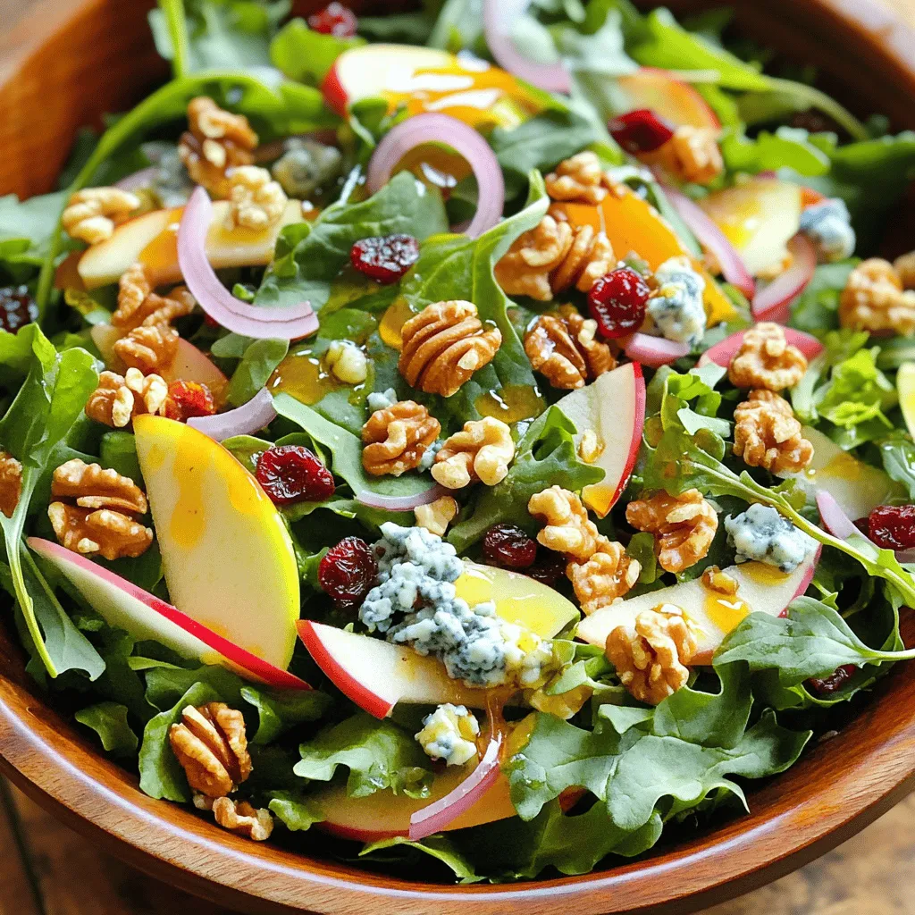 - 4 cups mixed salad greens (arugula, spinach, and kale) - 1 small red apple, cored and thinly sliced - 1/4 cup dried cranberries - 1/4 cup red onion, thinly sliced - 1/2 cup walnuts, toasted - 1/2 cup blue cheese, crumbled - 3 tablespoons extra virgin olive oil - 1 tablespoon apple cider vinegar - 1 tablespoon honey - Sea salt and freshly ground black pepper, to taste When I create a Walnut and Blue Cheese Salad, I start with fresh greens. I love mixing arugula, spinach, and kale. This combo adds flavor and a nice crunch. Then, I slice a small red apple. The sweetness of the apple pairs well with the salty blue cheese. Next, I sprinkle in dried cranberries. They add a pop of color and a sweet burst. Thin slices of red onion give a sharp taste that balances the other flavors. Now, for the key components: toasted walnuts and blue cheese. Toasting the walnuts brings out their nutty flavor. Blue cheese adds a creamy, tangy touch that brings the salad to life. For the dressing, I use extra virgin olive oil, apple cider vinegar, and honey. This mix creates a nice balance of rich, tart, and sweet. A pinch of sea salt and black pepper lifts all the flavors, making each bite exciting. With these ingredients, my Walnut and Blue Cheese Salad is simple, fresh, and full of taste. For the full recipe, check out the complete guide I’ve shared! Toasting walnuts boosts their flavor. Start by heating a dry skillet over medium heat. Add the walnuts to the hot skillet. Stir them often for about five minutes. You want them to turn golden and smell nutty. Once toasted, take them off the heat. Let them cool completely before using. Next, gather your salad greens. I like to mix arugula, spinach, and kale. This mix gives a nice crunch and flavor. Take four cups of these greens. Rinse them well under cold water. Spin them dry in a salad spinner. Place the greens in a large salad bowl. This will be the base of your salad. For the dressing, grab a small mixing bowl. Combine three tablespoons of olive oil. Add one tablespoon of apple cider vinegar. Then, stir in one tablespoon of honey. Whisk these ingredients until smooth. Taste the dressing. Add a pinch of sea salt and some black pepper. Adjust these to your liking. A little salt enhances the flavors. If you like it sweeter, add more honey. Now comes the fun part—assembling the salad. Start with the mixed greens in your bowl. Evenly sprinkle the toasted walnuts over the greens. Then, add the crumbled blue cheese. Next, layer on the thin apple slices. Finally, toss in the dried cranberries and red onion. Right before serving, drizzle the dressing over the salad. Toss gently to coat everything. Be careful not to crush the greens or apples. This keeps the salad looking fresh and inviting. Serve it in individual bowls or in one big bowl for sharing. Enjoy the blend of flavors in every bite! For more details, you can check the Full Recipe. Toasting walnuts adds flavor and crunch. Here’s how to do it right: - Avoiding Burnt Nuts: Use a dry skillet over medium heat. Stir often and watch closely. They can burn quickly. Toast for about 5 minutes until golden and fragrant. - Flavor Enhancements: For extra taste, sprinkle a pinch of sea salt or cinnamon while toasting. This adds a nice touch to the walnuts. Dressing can change the whole salad. Here are some ideas: - Substituting Different Oils or Vinegars: Try avocado oil or balsamic vinegar for a new twist. Each oil or vinegar brings its own flavor profile. - Adding Herbs for Flavor: Fresh herbs like basil or dill can elevate your dressing. Add finely chopped herbs to make it pop. How you serve matters. Consider these tips: - Bowl vs Plate Presentation: Serving in individual bowls looks nice and makes it easy to eat. A large bowl works well for sharing. - Garnishing Ideas: Top with extra blue cheese or whole walnuts for a nice finish. You can also add a sprinkle of fresh herbs for color. For the complete recipe, check out the Full Recipe section. {{image_4}} You can add grilled chicken or tofu to this salad. Chicken gives a nice flavor and extra protein. Tofu is a great choice for a plant-based option. It absorbs flavors well. You can marinate it with herbs and spices for more taste. Another way to boost the nutrients is by adding quinoa. Quinoa is a superfood packed with protein. It cooks quickly and adds a nutty flavor. Just cook it and let it cool before mixing it into the salad. If you want to change the flavor, try different cheeses. Feta cheese is a good alternative to blue cheese. It has a tangy taste that many enjoy. Goat cheese also works well, giving a creamy texture. For those who prefer vegan options, use a dairy-free cheese. Cashew cheese is a tasty choice. You can also find many store-bought vegan cheeses today that taste great. Add seasonal fruits to keep the salad fresh and exciting. Apples are great in the fall, but you can try pears in winter. Summer brings berries, and they add sweetness. Don’t forget about seasonal greens. Mixed greens are always a good choice, but you can switch to arugula in the spring. Each season offers new flavors to explore in your salad. For the full recipe, check out the Walnut & Blue Cheese Delight Salad. To keep your walnut and blue cheese salad fresh, store it in an airtight container. This helps prevent wilting and sogginess. Place the salad in the fridge and eat it within three days for the best taste. If you have leftovers, avoid mixing the dressing in until you are ready to eat. This keeps the greens crisp and the flavors bright. Can you freeze salad? No, it is not a good idea. Freezing can change the texture of the greens and the cheese. When thawed, the salad will not taste fresh. If you want to save ingredients, freeze the walnuts and cheese separately. They will keep well for a few months. You can prepare parts of the salad ahead of time. Wash and dry the greens and store them in the fridge. Toast the walnuts and keep them in a sealed container. You can also slice the apple and onion in advance. Just remember to assemble everything right before serving. This ensures your salad remains fresh and tasty. For the full recipe, check out the Walnut & Blue Cheese Delight Salad. - Nut-free alternatives: You can use sunflower seeds or pumpkin seeds. These add crunch. - Other nut options: Almonds or pecans work well. They give a nice flavor too. - Dairy-free cheese substitutes: Try using cashew cheese or nutritional yeast. They add creaminess. - Omitting honey from the dressing: Replace honey with maple syrup for sweetness. - Suggestions for making it heartier: Add cooked quinoa or farro for extra texture. - Pairing it with a protein source: Grilled chicken, tofu, or chickpeas can make it filling. - Best practices for meal prepping salads: Keep the dressing separate until serving. It stays fresh that way. - Tips on keeping ingredients fresh throughout the week: Store greens in a dry container. Use paper towels to absorb moisture. For the full recipe, check out Walnut & Blue Cheese Delight Salad. This salad combines fresh greens, sweet apples, and crunchy walnuts. I showed how to make a simple dressing and customize your mix. You can even adapt it for different seasons or dietary needs. Remember, preparing ahead can save time. With easy storage tips, you’ll enjoy this salad any day. Try adding your favorite protein or cheese for flair. Fresh ingredients and smart prep set you up for success. Enjoy your tasty bowl of vibrant flavors!