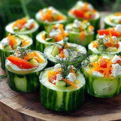 To make these tasty cucumber wraps, you need: - 2 large cucumbers - 1 cup cream cheese (or a dairy-free alternative) - 1/4 cup fresh dill, finely chopped - 1/2 cup roasted red peppers, thinly sliced - 1/2 cup shredded carrots - 1/4 cup feta cheese, crumbled (optional) - Salt and freshly ground pepper, to taste - Optional: 1 tablespoon fresh lemon juice These ingredients create a fresh and bright flavor. The cucumbers add crunch, while the cream cheese gives a creamy texture. Fresh dill adds a lovely herb taste. You can add some ingredients to boost flavor: - Avocado slices for creaminess - Sliced olives for brininess - Chopped nuts for crunch - Fresh herbs like basil or cilantro These options let you customize to your taste. Mix and match to find your favorite combination! If you have dietary needs, here are some swaps: - Use a vegan cream cheese for a dairy-free option. - For a gluten-free meal, check all labels to ensure no gluten. - If you're low in carbs, skip the feta cheese or use less. These changes keep the recipe tasty while fitting your diet. You can enjoy these cucumber wraps no matter your needs! Start by washing the cucumbers. Use cool water to rinse them well. Trim off both ends. Slice each cucumber in half lengthwise. Use a teaspoon to scoop out the seeds. This step makes room for the filling. Aim for a nice hollow space. Be gentle to avoid breaking the cucumber. Proper preparation helps hold your tasty filling. In a mixing bowl, add the cream cheese. You can use a dairy-free option if you prefer. Add the finely chopped fresh dill next. If you want a zing, add lemon juice. Mix everything until smooth. Don’t forget to season it with salt and pepper. This filling should taste bright and fresh. Spread the cream cheese mixture inside each hollow cucumber half. Make sure to cover every bit for the best flavor. Layer in the roasted red peppers and shredded carrots. If you like, sprinkle on some crumbled feta cheese. Carefully fold the cucumber halves around the filling. If they are thick, use toothpicks to hold them. Slice the wraps into bite-sized pieces. This makes them easy to grab and enjoy. For a pretty presentation, place the wraps on a platter. You can garnish with extra dill and a sprinkle of feta. A drizzle of olive oil adds a nice touch. Enjoy your fresh and vibrant cucumber wraps! To make your cucumber wraps perfect, start with fresh cucumbers. Look for firm ones without blemishes. Wash them well under cool water. Cut off both ends of each cucumber. Slice them in half lengthwise carefully. Use a small spoon to scoop out the seeds. This step creates a nice space for your filling. Make sure to hollow out enough, but don't cut through the skin. This keeps your wraps intact and strong. The cream cheese filling is key to great taste. Start by mixing cream cheese with fresh dill. If you want a zingy flavor, add a tablespoon of lemon juice. For extra creaminess, mix in some crumbled feta cheese. Season with salt and pepper to taste. You can also add garlic powder or a pinch of paprika for a little kick. Mix until smooth and well combined for the best flavor. A beautiful presentation makes your wraps even more appealing. Arrange the wraps on a colorful platter. You can garnish with extra fresh dill or a sprinkle of feta cheese on top. Drizzle a little olive oil over the wraps for a shiny finish. Serve with toothpicks for easy handling. For an extra touch, add slices of lemon or lime beside the wraps. This adds color and freshness to your dish. Enjoy the visual and tasty experience! {{image_4}} You can get creative with your cucumber wraps. Try using different fillings to match your taste. Here are a few ideas: - Hummus and veggies: Spread hummus inside the cucumber. Add slices of bell peppers, zucchini, or radishes. - Tuna salad: Mix canned tuna with a little mayo. Add chopped celery and onion for crunch. This makes a protein-packed option. - Chicken salad: Combine cooked chicken with Greek yogurt and diced grapes. This adds a sweet touch to your wraps. Each filling can change the flavor and texture. Feel free to mix and match to find your favorite combo! Making these wraps vegan or gluten-free is easy. For a vegan option, swap the cream cheese for a plant-based version. You can use: - Avocado cream: Mash ripe avocado with lemon juice and salt. - Tofu spread: Blend silken tofu with herbs for a creamy texture. For gluten-free options, ensure all your ingredients are labeled gluten-free. Most veggies and spreads fit this need perfectly. Using seasonal ingredients can keep your wraps fresh and exciting. In spring, add asparagus or peas. In summer, consider fresh basil or cherry tomatoes. In fall, roasted squash and spinach can add warmth. During winter, use hearty greens like kale or collard greens. This not only enhances flavor but also keeps your meals vibrant all year round. Try these ideas to make your no bake cucumber wraps unique and fun! If you have extra cucumber wraps, store them in the fridge. Place them in an airtight container. This keeps them fresh and crunchy. They will stay good for about two days. Make sure to keep them flat to avoid squishing. Freezing cucumber wraps is not the best option. Cucumber has high water content. It becomes mushy when thawed. However, if you want to freeze them, wrap each one tightly in plastic wrap. Then place them in a freezer bag. They can last for up to a month. When you are ready to eat your frozen wraps, take them out of the freezer. Let them thaw in the fridge overnight. Once thawed, do not reheat them. Cucumber wraps are best served cold. Enjoy them fresh, just like your first bite! To make No Bake Cucumber Wraps, you need just a few steps. First, wash the cucumbers and slice them lengthwise. Then, scoop out the seeds. Next, mix cream cheese, dill, and lemon juice in a bowl. Spread this mix inside the cucumber halves. Add roasted red peppers, carrots, and feta cheese if you want. Finally, fold the cucumber halves and slice them into pieces. This method is quick and simple, taking only about 15 minutes. Yes, you can make these wraps ahead of time. Prepare them a few hours before you serve. Just keep them in the fridge to stay fresh. If you want to make them a day early, it is best to keep the filling separate until serving. This way, the cucumbers stay crisp and fresh. If you want a different option, you can use Greek yogurt or hummus. These choices keep the wraps creamy while adding a unique flavor. For a vegan option, try a dairy-free cream cheese. This way, you can enjoy the wraps while catering to different diets. Yes, No Bake Cucumber Wraps are healthy. They are low in calories and high in nutrients. Cucumbers provide hydration and fiber. The cream cheese adds some protein, while veggies like carrots and peppers boost vitamins. This snack is a great choice for a light meal or appetizer. No Bake Cucumber Wraps are easy and fun to make. We discussed the key ingredients and how to prepare them. You learned step-by-step how to make the filling and assemble these wraps. Tips on cutting, flavoring, and presenting made it even better. Plus, I shared variations, storage tips, and answers to your questions. Try these wraps for a healthy snack. They are tasty and fit many diets. Enjoy making your own unique version and impress your friends!