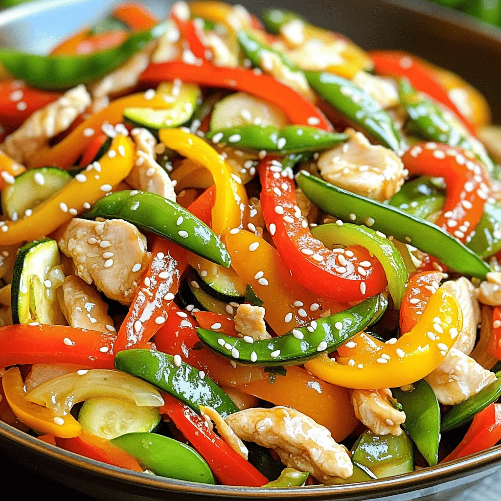 - 2 boneless, skinless chicken breasts - 1 red bell pepper, sliced into thin strips - 1 yellow bell pepper, sliced into thin strips - 1 medium zucchini, sliced into half-moons - 1 cup snap peas - 2 medium carrots, julienned - 3 cloves garlic, minced - 1-inch piece ginger, finely grated - 3 tablespoons soy sauce - 1 tablespoon sesame oil - 2 tablespoons vegetable oil - 1 tablespoon cornstarch (optional) - Salt and pepper, to taste - Sesame seeds and sliced green onions, for garnish I love using fresh, colorful vegetables in my stir fry. They not only add flavor but also make the dish look great. Each vegetable contributes its taste and texture, creating a fun eating experience. - Broccoli florets - Baby corn - Mushrooms - Extra sauces like hoisin or sriracha Feel free to add any vegetables you enjoy. This dish is all about flexibility. Use what you have in your fridge. You can also switch up the sauces to find your favorite flavor. For the full recipe, check out the vibrant Chicken and Vegetable Stir Fry. Start by seasoning the chicken. Take your thinly sliced chicken and place it in a bowl. Add a pinch of salt and pepper. If you like sauce that’s thicker, sprinkle in some cornstarch. Mix it well so all pieces are coated evenly. This helps the chicken stay moist and adds a nice texture. Now, heat a large wok or skillet over medium-high heat. Pour in one tablespoon of vegetable oil and let it shimmer. Once hot, add the chicken in a single layer. Cook for about 3 to 4 minutes, turning the pieces a few times. You want them golden brown and fully cooked. When done, take the chicken out and set it aside on a plate. In the same pan, add another tablespoon of vegetable oil. Wait until the oil gets hot again. Then, toss in the minced garlic and grated ginger. Sauté them for about 30 seconds until they smell great. Next, add your sliced red and yellow bell peppers, zucchini, julienned carrots, and snap peas. Stir-fry these for about 4 to 5 minutes. You want the veggies to stay bright and slightly crunchy. Once the vegetables look good, return the cooked chicken to the pan. Pour in the soy sauce and sesame oil. Gently toss everything together. Keep stir-frying for another 2 minutes. This heats everything through and mixes the flavors well. Taste it and decide if you need more salt or pepper. Your dish is now ready to serve! For a nice finish, sprinkle sesame seeds and sliced green onions on top. For the full recipe, check out [Full Recipe]. To boost the taste of your chicken and vegetable stir fry, try these tips: - Add a pinch of red pepper flakes for heat. - Include a splash of rice vinegar for tang. - Use fresh herbs like basil or cilantro for freshness. - Experiment with hoisin sauce for a sweet twist. These additions can change the game and make your dish even better! Stir-frying is quick and fun. Here are some best practices: - Use high heat to cook quickly and seal in flavor. - Prep all ingredients before starting to cook. - Don’t crowd the pan; this helps to brown the chicken and keep veggies crisp. - Keep stirring constantly for even cooking and to avoid burning. Follow these tips for a great stir-fry every time. To make your dish look as good as it tastes, try these ideas: - Use a large, shallow bowl to show off the colors. - Sprinkle sesame seeds and green onions on top for a bright finish. - Serve with a side of rice or noodles for a complete meal. These small touches can wow your guests and make dinner special! For the full recipe, check out the details above. {{image_4}} If you need to change the recipe, there are great options. For a gluten-free meal, swap soy sauce for tamari. You can also use coconut aminos as a tasty alternative. If you want a vegetarian dish, replace chicken with tofu or tempeh. Both options give a nice texture and soak up flavors well. For a lighter option, consider using cauliflower rice instead of regular rice. This way, you keep it low-carb and still enjoy the stir fry. The sauce can change your stir fry's whole vibe. If you love spice, add chili sauce or sriracha. For a sweeter touch, mix in a bit of honey or maple syrup. You can also try a teriyaki sauce for a rich, savory flavor. Mixing soy sauce with citrus juice, like lime or orange, adds a fresh twist. Experiment with different sauces to find your favorite flavor profile. Using seasonal vegetables makes your stir fry fresh and tasty. In spring, try snap peas and asparagus. Summer is perfect for zucchini and bell peppers. In fall, add broccoli and carrots. Winter brings cabbage and Brussels sprouts. Each season offers unique flavors, so change the veggies based on what’s fresh. This keeps your meal exciting and nutritious. For the full recipe, check out the vibrant chicken and vegetable stir fry. To store leftovers, first let your stir fry cool down. Use an airtight container to keep it fresh. The stir fry stays good in the fridge for about 3 to 4 days. Make sure to label the container with the date. This helps you know when to eat it. You can freeze your stir fry too! Place it in a freezer-safe bag or container. Try to remove as much air as possible. This helps prevent freezer burn. Your stir fry can last for up to 2 months in the freezer. When you're ready to eat it, just let it thaw in the fridge overnight. To reheat, use a skillet or wok for best results. Heat it over medium heat and add a splash of water or oil. This keeps it moist and prevents overcooking. Stir often to get even heating. You can also use the microwave. Just cover it and heat in short bursts to avoid drying it out. For the complete recipe, check out [Full Recipe]. Enjoy your tasty chicken and vegetable stir fry! Cooking chicken stir fry usually takes about 15 to 20 minutes. Start by cooking the chicken first. It takes about 3 to 4 minutes per side to get it golden brown. Make sure the chicken is cooked through, reaching an internal temperature of 165°F. After cooking the chicken, stir-fry the veggies for about 4 to 5 minutes. This way, they stay bright and crisp. Timing is key for a great stir fry! Yes, you can use frozen vegetables in your stir fry. Frozen veggies can be a great time-saver. They are often frozen at peak freshness, keeping their nutrients. Just remember that frozen vegetables may release some water as they cook. This can slightly change the texture. For best results, thaw them first or cook them a bit longer. You can serve chicken and vegetable stir fry with many tasty sides. Steamed rice is always a great choice. You can also try noodles for a different twist. If you want something lighter, serve it with a fresh salad. For added flavor, drizzle some extra soy sauce or chili sauce on top. Feel free to get creative! To sum it up, making chicken stir fry is simple and fun. You start with fresh chicken and colorful veggies. Season them right, and use the right cooking methods for great texture. Feel free to customize with your favorite flavors or sauces. Store leftovers to enjoy later, and remember, reheating is easy with the right tips. With a few basic steps and some creativity, you can create a tasty dish that fits your tastes. Get cooking and enjoy your healthy meal!