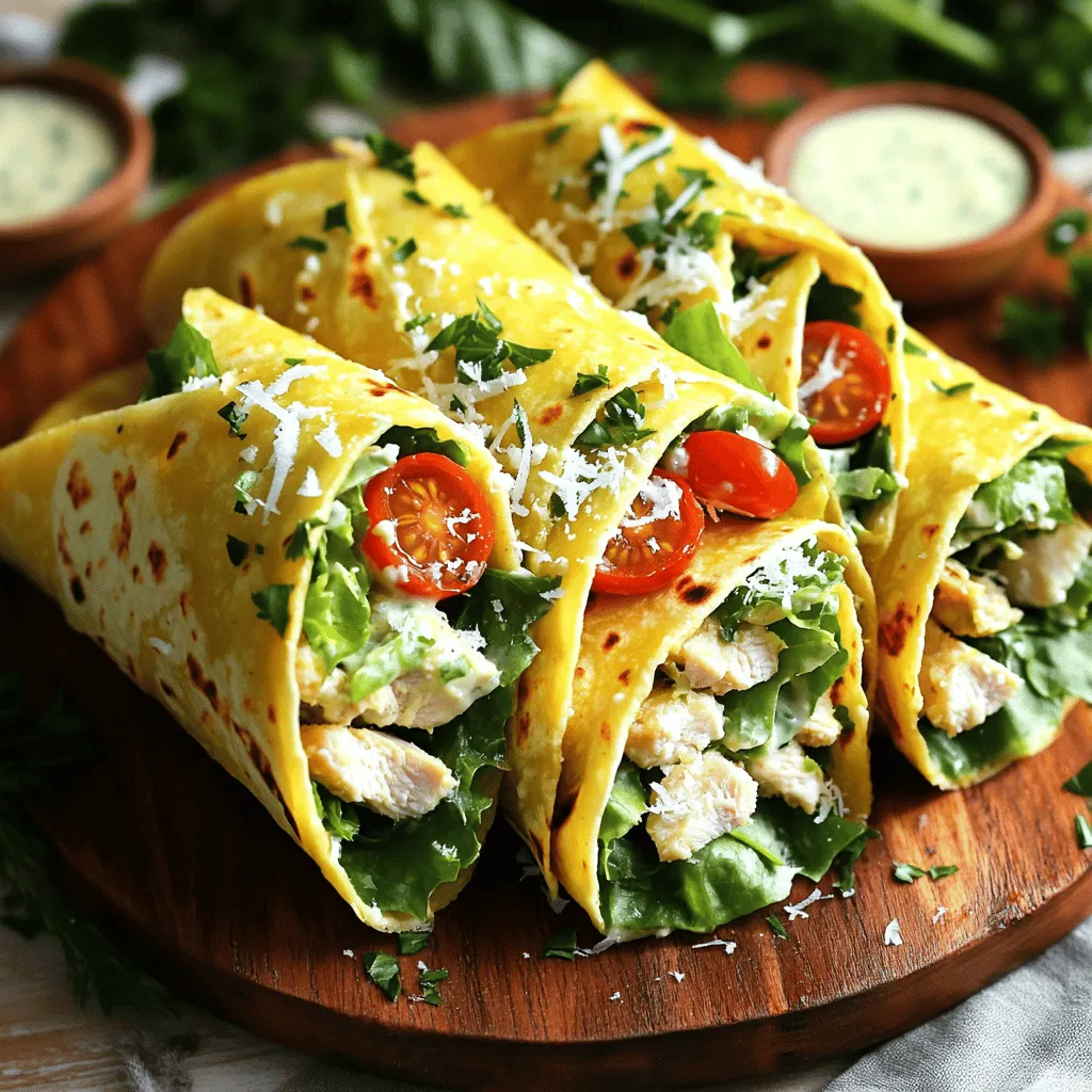 - 2 cups cooked chicken breast, diced or shredded - 4 large tortillas (choose between flour or whole wheat) - 1 cup romaine lettuce, chopped into bite-sized pieces - 1/2 cup cherry tomatoes, halved for freshness - 1/4 cup Parmesan cheese, finely grated - 1/4 cup Caesar dressing (choose store-bought or whip up your own) - 1/4 teaspoon garlic powder for flavor - 1 pinch of freshly cracked black pepper - 1/4 cup croutons (optional, for that delightful crunch) When I make Chicken Caesar Wraps, I love to gather all my ingredients first. I use cooked chicken breast, which adds protein and keeps the meal filling. I prefer flour tortillas for their soft texture, but whole wheat works well too. Romaine lettuce adds that crisp bite, making each wrap refreshing. Next, I add cherry tomatoes for a little sweetness and color. Parmesan cheese gives a rich, nutty flavor that pairs so well with Caesar dressing. You can use store-bought dressing or make your own for a personal touch. For optional add-ins, I like to sprinkle in garlic powder and black pepper to boost the flavor. Croutons add crunch, making the wraps even more fun to eat. This simple mix of ingredients creates a satisfying meal that is quick and easy to prepare. You can find the full recipe to guide you through the steps to create these delicious wraps. - First, gather your mixing bowl. - Add 2 cups of cooked chicken breast, diced or shredded. - Toss in 1 cup of chopped romaine lettuce. - Add 1/2 cup of halved cherry tomatoes for freshness. - Sprinkle in 1/4 cup of finely grated Parmesan cheese. - Drizzle 1/4 cup of Caesar dressing over the mix. - Add 1/4 teaspoon of garlic powder and a pinch of black pepper. - Stir gently until all ingredients are well coated. - Lay a tortilla flat on your work surface. - Scoop about 1/4 of the chicken Caesar mixture into the center. - If you like crunch, sprinkle some croutons on top. - Fold in the sides of the tortilla carefully. - Roll it tightly from the bottom to the top. - Ensure the filling stays inside as you roll. - Repeat this with the remaining tortillas and filling. - For a crispy wrap, heat a non-stick pan over medium heat. - Place each wrap on the pan. - Grill for 2-3 minutes on each side until golden brown. - This step adds a delightful texture to your wraps. - Let the wraps sit for a minute before slicing them in half. This recipe makes a great meal in just 25 minutes. For the full recipe, check the details above. Enjoy your tasty Chicken Caesar wraps! To make your chicken Caesar wraps really pop, marinate the chicken in Caesar dressing. This step adds rich flavor right from the start. You can let it sit for 30 minutes or even overnight for the best taste. Don't forget to customize the seasoning levels! You can add more garlic powder or pepper to suit your taste. No one likes a soggy wrap. To avoid this, add the dressing only before serving. Also, choose sturdy tortillas. Flour tortillas are soft and tasty, but whole wheat tortillas add a nice nutty flavor and extra fiber. They also hold up well against the filling. For dips and sides, I recommend serving extra Caesar dressing on the side. It’s perfect for dipping! You can also add crunchy veggies like carrots or cucumbers for a fresh touch. For gatherings, arrange the wraps neatly on a platter. Garnish them with extra Parmesan cheese and parsley. This makes your dish look inviting and full of flavor. For the full recipe, check out the detailed steps provided earlier. Enjoy your delicious wraps! {{image_4}} For a tasty vegetarian wrap, swap out chicken for hearty options like: - Grilled marinated tofu - Roasted chickpeas - Sautéed mushrooms These choices pack a protein punch and keep the wrap satisfying. You can use plant-based proteins like tempeh or lentils as well. They add great flavor and texture to your meal. While Caesar dressing is classic, you can explore other dressings. Try making your own Caesar dressing with: - Yogurt - Lemon juice - Anchovies (if not vegetarian) - Dijon mustard Ranch dressing works well too! Greek dressing can add a nice twist. Each dressing offers unique flavors that enhance your wrap. Want more crunch? Add these toppings for a delightful texture: - Crispy bacon bits - Toasted nuts like almonds or walnuts - Fresh cucumber slices These toppings not only give your wrap a satisfying crunch but also add a fun variety to each bite. You can mix and match these ideas to craft your perfect Chicken Caesar Wrap. Check the Full Recipe for more inspiration! To keep your Chicken Caesar Wraps fresh, store them in airtight containers. You can also wrap them tightly in plastic wrap. This prevents air from getting in and keeps them moist. In the fridge, these wraps stay fresh for about 2 to 3 days. If you want to enjoy them later, consider freezing. To freeze your Chicken Caesar Wraps, follow these steps: 1. Wrap each one: Use plastic wrap to secure each wrap tightly. 2. Place in a bag: Put the wrapped wraps into a freezer-safe bag. 3. Label and date: Write the date on the bag. This helps you track how long they have been frozen. For thawing, take them out of the freezer and place them in the fridge overnight. Reheat them in a pan for a crispy texture or use a microwave for a quick option. You can get creative with leftover Chicken Caesar Wraps. Try cutting them into bite-sized pieces for a fun appetizer. Serve with extra dressing for dipping. For reheating, the oven works great for keeping them crispy. Set it to 350°F and heat for about 10 minutes. This way, you can enjoy a tasty meal without losing flavor! To make chicken Caesar wraps, follow these simple steps: 1. Mix: In a bowl, combine 2 cups of cooked chicken, 1 cup of chopped romaine lettuce, 1/2 cup of halved cherry tomatoes, and 1/4 cup of grated Parmesan cheese. 2. Dress: Drizzle 1/4 cup of Caesar dressing over the chicken mixture. Add 1/4 teaspoon of garlic powder and a pinch of black pepper. Toss well. 3. Fill: Lay a tortilla flat. Scoop about 1/4 of the mixture onto the center. Add croutons if you like. 4. Wrap: Fold the sides of the tortilla in and roll it up tightly. 5. Grill (optional): Heat a pan and grill the wraps for 2-3 minutes on each side. 6. Serve: Let them sit for a minute, then slice in half and enjoy your meal! Yes, you can prepare chicken Caesar wraps in advance. Here are some tips: - Prep: Make the chicken mixture and store it in the fridge for up to 2 days. - Wrap: Assemble the wraps just before serving to keep them fresh. - Storage: Keep wraps in a sealed container in the fridge. They stay fresh for about 1 day after assembly. Here’s a quick breakdown of chicken Caesar wraps: - Calories: About 400-500 calories per wrap, depending on ingredients. - Protein: Each wrap has around 30 grams of protein from the chicken and cheese. - Fat: Expect 20-25 grams of fat, mainly from the dressing and cheese. - Carbohydrates: Each wrap contains about 30 grams of carbs from tortillas and veggies. For a detailed overview, check out the Full Recipe! You learned how to make tasty Chicken Caesar Wraps. We covered key ingredients, like cooked chicken and romaine lettuce, plus extra flavor options. I showed you simple steps to prepare and wrap your meal, and we discussed tips to avoid sogginess. Lastly, you can explore vegetarian options and storage tips to keep your wraps fresh. Try these ideas to enjoy your wraps at home or share them with friends. Making your Chicken Caesar Wraps can be fun and easy!