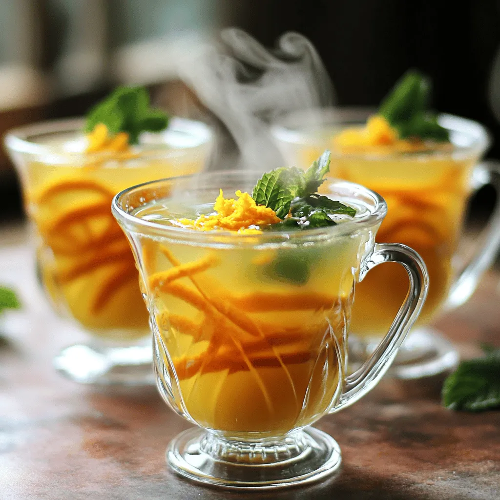 - 2 cups of water - 2 green tea bags - 1 large orange (juice and zest) - 1 tablespoon fresh ginger, finely grated - 1 tablespoon honey (adjust to taste) - A pinch of ground cinnamon (optional) - Fresh mint leaves for garnish What are the benefits of green tea? Green tea is rich in antioxidants. These help your body fight off free radicals. Drinking green tea may boost your metabolism, aiding weight loss. It can also improve brain function and lower the risk of heart disease. What health advantages does ginger have? Ginger is well known for settling upset stomachs. It can reduce nausea and help with digestion. Ginger also has anti-inflammatory properties, which may relieve pain. What is the nutritional value of oranges? Oranges are packed with vitamin C. This vitamin supports your immune system and skin health. Oranges are also high in fiber, helping digestion and keeping you full. They add a sweet, zesty flavor to your tea, making it refreshing. This drink combines these ingredients into a delightful brew. For the full recipe, check out the Zesty Orange Ginger Green Tea. 1. Bring water to a boil: Start by pouring 2 cups of water into a small saucepan. Set it over medium heat. Watch closely as it heats. You want it to reach a rolling boil. 2. Steeping green tea bags: Once the water boils, take the saucepan off the heat. Add the 2 green tea bags. Let them steep for about 3 to 4 minutes. Adjust the time based on how strong you want the tea. 1. Zesting and juicing technique: While the tea steeps, grab your large orange. Use a zester or a fine grater to zest the bright outer layer. Make sure not to touch the white pith, as it tastes bitter. 2. How to avoid bitter pith: Focus on just the orange skin. If you hit the white part, stop and move to another spot. After zesting, cut the orange in half and juice it. Collect the juice in a separate container. 1. Mixing in ginger and honey: After steeping, remove the tea bags. Stir in the grated ginger and the fresh orange juice. Mix well so everything combines nicely. 2. Serving suggestions: If you want a little more warmth, add a pinch of ground cinnamon. Then, add honey bit by bit. Stir until it dissolves completely. Pour the tea into cups and garnish with fresh mint leaves and a sprinkle of orange zest. Enjoy your vibrant brew! To make a great cup of orange ginger green tea, pay attention to steeping time. I recommend steeping the green tea bags for 3-4 minutes. This gives the tea a nice flavor without being too bitter. If you want a stronger taste, you can steep it a bit longer. For sweetness, honey is a wonderful choice. Start with one tablespoon and mix it in. Taste as you go. This way, you can make it as sweet as you like. To add warmth to your tea, consider using cinnamon. Just a pinch can elevate the taste. It pairs well with the ginger and orange flavors. You can also try different garnishes. Fresh mint leaves add a pop of color. They also give a refreshing aroma. A sprinkle of extra orange zest on top can make your tea look even more appealing. One common mistake is oversteeping the tea. If you steep it too long, the taste can become bitter. Always keep an eye on the clock while brewing. Another mistake is not preparing the orange correctly. Be careful when zesting. Avoid the white pith, as it can taste bitter. Use a zester or fine grater to get just the flavorful outer rind. For the full recipe, refer to the Zesty Orange Ginger Green Tea section. {{image_4}} You can switch up the tea base to create fun flavors. Try herbal teas like peppermint or chamomile for a different twist. Each type of tea gives a unique taste. Some people enjoy using fruity teas like berry blends. You can also experiment with other citrus fruits. Grapefruit or lemon adds a nice zesty kick. Lime juice can bring a bright flavor too. Mixing different fruits can make your drink more exciting. Sweetening your tea can change the whole drink. You can use natural sweeteners like agave or maple syrup. They offer unique flavors and are often healthier. Honey is a popular choice because it blends well with tea. If you prefer sugar, use it sparingly. Regular sugar can overpower the tea's taste, while honey adds depth. Experiment with how much sweetener you add. Taste as you go to find your perfect balance. To enjoy this tea cold, brew it like normal. After steeping, let it cool to room temperature. Pour it over ice for a refreshing drink. You might want to add more orange juice for a stronger flavor. If the tea tastes too weak, try adding a splash of sparkling water. This adds fizz and keeps it light. Garnish with fresh mint and orange slices for an eye-catching drink. Enjoy it on a hot day or as a cool treat. Store leftover tea in a clean, airtight container. This keeps it fresh. Place the container in the fridge. Your tea will stay good for about 3 to 5 days. If you notice any odd smell or taste, it’s best to toss it. When reheating tea, use a microwave or a saucepan. If you choose the microwave, heat in short bursts. Stir between each burst to keep it even. If you use a saucepan, heat on low. This way, the tea won’t get too hot too fast. To keep the flavor strong, avoid boiling it again. You can make this tea ahead of time. Brew a batch and let it cool. Once cool, store it in the fridge. When you’re ready to drink, just reheat it. For meal prep, you can even zest and juice the orange in advance. This saves time when you are ready to brew. Just mix in the ginger and honey when you want to enjoy it. Orange ginger green tea offers great health perks. - Antioxidant properties: Green tea is rich in antioxidants. These help fight free radicals in your body. This can lead to better overall health and may reduce the risk of diseases. - Digestive benefits: Ginger is known for soothing the stomach. It can help with digestion and reduce nausea. The citrus from the orange can also boost your digestion. Together, they create a calming effect on your tummy. Yes, you can use dried ingredients. - Dried products: Look for dried ginger and orange peel. These can work well in a pinch. Just remember, they may not taste as bright as fresh ones. - Flavor differences: Fresh ginger packs more heat and zest. Dried ginger is milder. Fresh orange juice gives a lively taste, while dried peel offers a subtle flavor. Most people can enjoy this tea, but some should be cautious. - Considerations for pregnant individuals: Pregnant women should consult their doctor. Ginger can help with nausea, but it’s best to get advice on how much to drink. - Allergies to ginger or citrus: If you have allergies, be careful. Ginger and citrus fruits can cause reactions in some people. Always check with a healthcare provider if you have concerns. You can easily boost the flavor with a few tips. - Suggestions for additional herbs: Try adding fresh mint or basil. These herbs can add a refreshing twist to your tea. - Pairing it with snacks for better enjoyment: Enjoy your tea with light snacks. Almonds or a slice of lemon cake can complement the flavors nicely. These treats make the experience even more delightful. For the complete recipe, check out the Full Recipe section. This blog post showed you how to make refreshing orange ginger green tea. You learned about the key ingredients, their health benefits, and how to brew the perfect cup. I shared tips to enhance flavor and variations to try. You also found storage info and answers to common questions. Now, I encourage you to experiment with this tea. Enjoy its taste and health perks. With simple steps and guidelines, you can make a delicious drink that supports your well-being. Happy brewing!