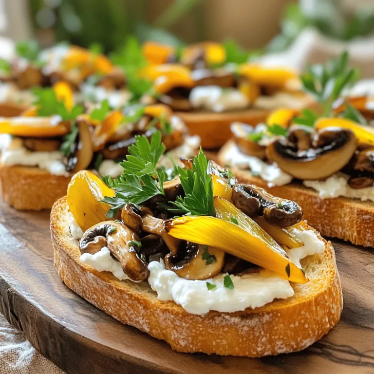 - 8 oz mixed mushrooms (such as cremini, shiitake, and oyster), cleaned and sliced - 2 tablespoons balsamic vinegar - 1 tablespoon extra virgin olive oil - 1 teaspoon fresh thyme leaves (or ½ teaspoon dried thyme) - 2 cloves garlic, finely minced - Salt and freshly cracked black pepper to taste - 4 slices of hearty crusty bread (like ciabatta or sourdough) - 4 oz goat cheese or a vegan alternative, softened to room temperature - Fresh parsley, chopped, for garnish These ingredients create a rich and tasty toast. The mushrooms bring umami flavor, while the balsamic vinegar adds a sweet tanginess. When you mix it all, you get a simple yet amazing dish. You can get creative with toppings! Here are some ideas: - Crumbled feta for a salty kick - Sliced avocado for creaminess - A drizzle of honey for sweetness - Microgreens for a fresh crunch These options let you personalize your toast. Try different combinations to find what you love! If you have dietary needs, don't worry. You can easily swap some ingredients: - Use gluten-free bread for a gluten-free option. - Replace goat cheese with hummus for a dairy-free choice. - Swap balsamic vinegar with lemon juice for a zesty twist. These substitutions ensure everyone can enjoy this tasty dish. You can make it your own while keeping the flavors vibrant. For the full recipe, check out [Full Recipe]. First, set your oven to 400°F (200°C). This heat helps the mushrooms roast well. Next, take a medium mixing bowl. Add the cleaned and sliced mushrooms. Pour in 2 tablespoons of balsamic vinegar and 1 tablespoon of olive oil. Add 1 teaspoon of fresh thyme leaves, or ½ teaspoon if using dried thyme. Then, add 2 finely minced garlic cloves. Sprinkle in salt and pepper to taste. Now, toss everything together. Make sure all mushrooms are coated with the mix. Spread the seasoned mushrooms onto a large baking sheet. Keep them in a single layer for even cooking. Place the baking sheet in the oven for 15 to 20 minutes. Halfway through, stir the mushrooms. This keeps them from sticking and helps them cook evenly. They should be tender and golden when finished. As the mushrooms roast, toast your 4 slices of hearty crusty bread. You want them golden brown and crispy. You can use a toaster or place them in the oven for the last few minutes of roasting. Once the mushrooms are done, let them cool for a couple of minutes. Spread softened goat cheese on each slice of warm toast. Pile the balsamic-roasted mushrooms on top. Let them overflow for a rustic look. Finally, garnish with freshly chopped parsley. This adds color and fresh flavor. For the full recipe, check the main section. For the best flavor, roast your mushrooms at 400°F (200°C). This high heat helps caramelize the mushrooms. Spread them out in a single layer on your baking sheet. If they are crowded, they will steam instead of roast. Stir them halfway through cooking to get even browning. Look for a golden color and a tender texture. This step makes all the difference in flavor. Select a hearty bread for this dish. Ciabatta or sourdough works best. Both types hold up well under the weight of the mushrooms and cheese. Toast the bread until it is golden and crisp. This texture gives a nice contrast to the soft mushrooms and cheese. If you prefer gluten-free options, look for gluten-free bread that is crusty. Store any leftover mushroom mixture in an airtight container. It will stay fresh in the fridge for up to three days. When you're ready to eat, reheat the mushrooms in a pan. Add a splash of water or broth to keep them moist. For leftover toast, avoid reheating it in the microwave, as this makes it soggy. Instead, use an oven or toaster oven to restore its crispness. {{image_4}} You can easily make this dish vegan. Instead of goat cheese, use a plant-based cream cheese. It gives a creamy texture without dairy. Look for brands that are rich and flavorful. You can also add nutritional yeast for a cheesy taste. It brings a nutty flavor that boosts the dish. Adding herbs and spices can change the taste a lot. Consider using rosemary or oregano to add depth. These herbs pair well with mushrooms and balsamic vinegar. For a bit of heat, sprinkle some red pepper flakes. You can also try smoked paprika for a unique twist. Each herb or spice adds its own charm to the dish. This toast can shine alone, but pairing it makes it special. A simple mixed green salad with lemon vinaigrette works well. The freshness of the greens balances the rich toast. For something heartier, serve it with a warm soup. Tomato soup or a creamy potato leek soup complements the flavors. You can enjoy this toast any time, making it a versatile dish. For the full recipe, click here. Store leftover toast in an airtight container. This keeps it fresh and prevents it from getting soggy. If you have leftover mushrooms, store them separately. Place them in a sealed container in the fridge. They will stay good for about three days. Remember to cool them down before sealing. To reheat, preheat your oven to 350°F (175°C). Place the toast on a baking sheet. Heat it for about 5-7 minutes. This helps the bread regain its crispness. For the mushrooms, use a pan on medium heat. Stir them for about 3-5 minutes until warm. This method keeps the flavors fresh. You can freeze the mushrooms if you want to prepare ahead. Spread them on a baking sheet and freeze until solid. Once frozen, place them in a freezer bag. They can last up to three months. When ready to use, thaw them in the fridge overnight. Toast the bread fresh for the best taste. For the full recipe, check the section above. I love using a mix of mushrooms for depth. Cremini, shiitake, and oyster mushrooms work best. They each bring a unique flavor and texture. Cremini mushrooms add a nice earthy taste. Shiitake mushrooms have a rich, savory flavor. Oyster mushrooms are soft and delicate. You can also try portobello mushrooms if you want a meatier bite. Feel free to use what you have on hand. Yes, you can easily adapt this recipe for gluten-free diets. Just swap the crusty bread for gluten-free bread. Look for brands that offer hearty options. You want a bread that can hold the toppings well. Many stores now carry tasty gluten-free bread that works great. Always check the labels to ensure there are no hidden gluten ingredients. To enhance the flavors, consider adding more herbs or spices. Fresh rosemary or parsley can brighten the dish. A dash of red pepper flakes adds heat. You can also drizzle a bit of balsamic reduction on top for extra sweetness. A sprinkle of freshly cracked black pepper will elevate the taste. Adding some toasted nuts, like pine nuts or walnuts, can give a nice crunch. For a twist, try different cheeses, like feta or ricotta. The Full Recipe has plenty of room for your creativity! Balsamic roasted mushroom toast is a tasty treat to enjoy. We explored its main ingredients, optional toppings, and substitutions. The step-by-step guide makes cooking easy and fun. Don’t forget the tips to roast mushrooms perfectly and pick the right bread. You can also try vegan versions and creative flavor combinations. Lastly, proper storage helps keep leftovers fresh. I hope you find this dish both simple and delicious. Enjoy making your own unique version!