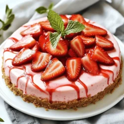 - 1 ½ cups graham cracker crumbs - ½ cup unsalted butter, melted - 2 cups cream cheese, softened to room temperature - 1 cup powdered sugar - 1 teaspoon vanilla extract - 1 cup heavy whipping cream - 1 cup fresh strawberries, pureed into a smooth consistency - 1 cup fresh strawberries, sliced (for topping) - 2 tablespoons freshly squeezed lemon juice The ingredients for this cheesecake are simple yet essential. Fresh strawberries are key for flavor. They add sweetness and a bright red color. Use ripe strawberries for the best taste. Look for strawberries that are firm and fragrant. Cream cheese is the star of the filling. Choose a full-fat cream cheese for the best texture. Softened cream cheese blends smoothly. It creates a rich and creamy filling. Graham crackers form the crust. They give a sweet, crunchy base. You can also use digestive biscuits if you prefer. For a gluten-free option, try almond flour or gluten-free graham crackers. Whipped cream brings airiness to the filling. It makes the cheesecake light and fluffy. Heavy whipping cream works best for this. - Importance of fresh strawberries: Fresh strawberries boost flavor and presentation. Use them when in season for the best results. - Choosing the right cream cheese: Use full-fat cream cheese. Low-fat versions can make the cheesecake dense. - Alternatives for graham crackers: Digestive biscuits or gluten-free options work well. You can even try crushed cookies for a twist. Using quality ingredients makes a big difference in your cheesecake. When you focus on freshness and flavor, your dessert shines. For the full recipe, check the details above. To make this no bake strawberry cheesecake, you need about 20 minutes for prep. After that, the cheesecake needs to chill for at least 4 hours. I recommend chilling it overnight for the best results. For tools, you will need: - A 9-inch springform pan - Mixing bowls - An electric mixer - A spatula - A blender or food processor First, make the graham cracker crust. In a medium bowl, mix the graham cracker crumbs with melted butter. Stir until the crumbs look like damp sand. Press this mixture firmly into the bottom of your springform pan. Chill the crust in the fridge for about 30 minutes. Next, prepare the cream cheese filling. In a large bowl, beat the softened cream cheese with an electric mixer. Make sure it is smooth and lump-free. Gradually add in powdered sugar, mixing until fluffy. Then, add the vanilla extract and lemon juice, blending well. Now, fold in the strawberry puree and whipped cream. In a separate bowl, whip the heavy cream until soft peaks form. Gently fold the whipped cream into the cream cheese mixture. Be careful not to deflate it. Then, add the strawberry puree, folding until you see a lovely pink color. Pour the strawberry cheesecake filling over the chilled graham cracker crust. Use a spatula to smooth the top evenly. Cover the cheesecake with plastic wrap, then refrigerate it for at least 4 hours or overnight. This helps the cheesecake set and become firm. For the full recipe, check out the details above. Enjoy the sweet and creamy flavors! To make a great no bake strawberry cheesecake, avoid common mistakes. First, do not skip softening the cream cheese. If it’s too cold, your filling will be lumpy. Second, don’t over-mix once you fold in the whipped cream. This keeps the texture light and fluffy. Finally, be careful not to add too much liquid. The filling needs to hold its shape. Achieving the right texture is key. Aim for a smooth and creamy filling. When you fold in the strawberry puree, do it gently. This helps keep the air in the mixture. If the filling is too runny, add a bit more cream cheese to thicken it. Garnishing can elevate your cheesecake. Fresh strawberry slices on top add color and flavor. You can also drizzle extra strawberry puree on each slice. A sprig of mint makes a lovely touch too. For a fun twist, consider adding some whipped cream as a topping. Pairing drinks can enhance your dessert experience. A glass of sparkling water or lemonade works well. If you prefer a richer taste, serve with a cup of coffee. Both drinks balance the sweetness of the cheesecake. You can boost the flavor of your cheesecake with extracts or spices. A drop of almond extract can add a nice touch. Cinnamon or nutmeg can provide warmth, too. Use them sparingly to not overpower the strawberries. Using fresh strawberries is best for flavor. They are juicy and sweet, making your cheesecake vibrant. If fresh strawberries are not available, frozen ones can work. Just ensure you thaw and drain them well to avoid excess water. This helps keep your filling thick and luscious. For the full recipe, check out the instructions above. {{image_4}} You can switch up the flavor of your no bake strawberry cheesecake in fun ways. One popular twist is to make a chocolate version. Just add melted chocolate to the cream cheese filling. You get a rich, creamy dessert that chocolate lovers will adore. You can also try other fruits. Blueberries give a nice tartness. Mango adds a tropical vibe. Simply replace the strawberry puree with your fruit of choice in the filling. This keeps the dessert fresh and exciting. If you need a gluten-free option, use gluten-free graham crackers. They work just as well in the crust. This way, everyone can enjoy this dessert, regardless of their diet. For vegan adaptations, swap cream cheese for a plant-based version. Use coconut cream instead of heavy cream. You can also use maple syrup instead of powdered sugar for sweetness. These small changes make your cheesecake vegan-friendly without losing flavor. Serving your cheesecake in different ways makes it even more fun. You can create mini cheesecakes in cupcake liners. This is perfect for parties or special events. Another great idea is to use jars. Layer the cheesecake filling and crushed crust in small jars. This not only looks cute but makes it easy for guests to grab one. Plus, it adds a touch of whimsy to your dessert table. For the full recipe, check out the details and enjoy making your no bake strawberry cheesecake! To keep your No Bake Strawberry Cheesecake fresh, store it in the fridge. The ideal storage condition is to keep it covered with plastic wrap or in an airtight container. This helps prevent it from absorbing other smells. In the fridge, it lasts about 3 to 5 days. Make sure it stays cold, as warm air can spoil it faster. If you want to save some for later, you can freeze the cheesecake. Best practices include slicing it first and wrapping each piece in plastic wrap. Then place the slices in a freezer-safe bag. This way, you can grab just what you need. To thaw, move the cheesecake slices to the fridge overnight. This helps keep the texture smooth and creamy. Keep an eye out for signs that your cheesecake has gone bad. If you see any mold or an off smell, it’s best to throw it away. A change in texture, like being too watery or too hard, is also a red flag. Always use clean utensils when serving to avoid cross-contamination. Safe handling keeps food fresh and safe to eat. Yes! You can make this cheesecake a day or two in advance. It actually tastes better when chilled longer. I recommend chilling it for at least four hours. For the best results, overnight chilling is ideal. This allows the flavors to meld beautifully. When stored properly, your cheesecake lasts about five days in the fridge. Make sure to cover it well with plastic wrap. This keeps it fresh and tasty. If you want to enjoy it later, I suggest freezing it. Absolutely! You can use many other fruits. Here are some great options: - Blueberries - Raspberries - Peaches - Mangoes - Blackberries These fruits can give your cheesecake a new twist. Yes, you can make this cheesecake dairy-free! Use dairy-free cream cheese and coconut cream instead of heavy cream. Almond milk can also work in place of dairy milk. This way, everyone can enjoy a slice. To keep your cheesecake smooth, avoid over-mixing the filling. Mix just until everything is combined. Also, let it set slowly in the fridge. Rapid temperature changes can cause cracks. A gentle touch goes a long way. You now have everything you need to make a delicious no-bake strawberry cheesecake. We covered the key ingredients, detailed steps, and expert tips. Remember, fresh strawberries and the right cream cheese make a big difference in flavor and texture. Don’t be afraid to try variations or serve it in fun ways. Enjoy your cheesecake creation and share it with friends or family. This treat can impress anyone. Happy baking!