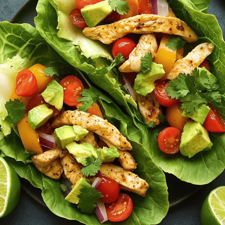 For the best chicken fajita lettuce wraps, you need: - 2 boneless, skinless chicken breasts, cut into thin strips - 1 tablespoon extra-virgin olive oil - 1 teaspoon chili powder - 1 teaspoon ground cumin - 1/2 teaspoon garlic powder - 1/2 teaspoon onion powder - 1 colorful bell pepper, sliced (red, yellow, or green) - 1 small red onion, thinly sliced - 8 large leaves of romaine or butter lettuce - 1 ripe avocado, diced - 1/2 cup cherry tomatoes, halved - Fresh cilantro, finely chopped (for garnish) - Lime wedges (for serving) - Salt and freshly cracked black pepper to taste You can add more fun to your wraps by using: - Shredded cheese like cheddar or queso fresco - Sour cream or Greek yogurt for creaminess - Black beans for extra protein - Jalapeños for a spicy kick - Sliced olives for a briny touch To boost flavor, consider these suggestions: - Add smoked paprika for a deeper taste - Use taco seasoning for a quick fix - Drizzle with a tangy vinaigrette or hot sauce - A squeeze of fresh lime adds brightness - Fresh herbs like parsley or chives enhance the look and flavor For the full recipe, follow the instructions carefully to create a meal that’s quick, easy, and packed with flavor. First, gather your ingredients. You need chicken, spices, and fresh veggies. In a bowl, mix the chicken strips with olive oil, chili powder, cumin, garlic powder, onion powder, salt, and pepper. Toss everything together until the chicken is coated well. This is key for flavor. Set the bowl aside while you prepare the veggies. Slice the bell pepper and the red onion into thin strips. They will add color and sweetness to your dish. Now, heat a non-stick skillet over medium-high heat. Once it's hot, add the chicken and cook for about 5-7 minutes. Stir occasionally to cook evenly. Make sure the chicken is no longer pink. When the chicken is cooked, add the sliced bell pepper and red onion to the skillet. Sauté for another 3-4 minutes. You want the veggies to be bright and slightly tender but still crunchy. This adds great texture to your wraps. After cooking, let the chicken and vegetables cool for a moment. Take a large lettuce leaf and fill it with the chicken and veggie mix. Add diced avocado and halved cherry tomatoes on top. These add freshness and creaminess. Finish with a sprinkle of fresh cilantro. Serve with lime wedges on the side. Squeezing lime juice over the wrap just before eating gives a zesty kick. Enjoy your savory chicken fajita lettuce wraps! For more detailed steps, check the Full Recipe. To cook juicy chicken, start with fresh, high-quality meat. Cut the chicken into thin strips. This helps it cook evenly and stay tender. Marinate it for at least 15 minutes. Use olive oil and spices to add flavor. When cooking, use medium-high heat to sear the chicken quickly. This locks in moisture. Avoid overcooking; it takes just 5-7 minutes. The chicken should be white all the way through with no pink. To make your wraps crunchier, choose fresh lettuce. Look for romaine or butter lettuce with crisp leaves. Wash and dry the lettuce well before using. For extra crunch, chill the lettuce in the fridge for 30 minutes. When serving, layer the chicken mixture generously in the center of the leaf. This helps keep the wrap intact and adds more texture. You can also add sliced radishes or cucumbers for an extra crunch. To enhance the flavor of your wraps, consider adding lime juice. It brightens up the dish. You can also mix in some diced jalapeños for heat. Fresh herbs like cilantro or parsley add a fresh touch. For a creamy element, try adding a dollop of Greek yogurt or sour cream. If you want a smoky taste, consider using smoked paprika. These simple adjustments can take your wraps to the next level. For detailed instructions, check out the Full Recipe. {{image_4}} You can swap chicken for hearty veggies. Try using mushrooms, zucchini, or eggplant. Simply season them with the same spices. Sauté your veggies just like the chicken. This option is colorful and packed with flavor. You still get that crunch from the lettuce. Want more heat? Add a teaspoon of cayenne pepper to your spice mix. You can also slice fresh jalapeños into your chicken and veggie mix. For an extra kick, drizzle with hot sauce before you eat. This will make your wraps exciting and fiery. If you're watching carbs, this dish is a great fit. Lettuce wraps are naturally low in carbs. Ensure all your spices and sauces are gluten-free. You can serve your wraps with a side of guacamole or salsa. This way, you keep it fresh and healthy. For the full recipe, check out the detailed instructions above. Enjoy these delicious variations! To store leftover chicken fajita mixture, let it cool first. Place it in an airtight container. It will stay fresh in the fridge for up to four days. When you want to eat it again, just reheat on the stove until hot. Lettuce wraps are best eaten fresh. If you have leftovers, store the chicken mixture and lettuce separately. Wrap the lettuce in a damp paper towel and place it in a bag. This keeps the lettuce crisp. The chicken can go in a container in the fridge. You can freeze the chicken fajita mixture for later. Let it cool completely, then place it in a freezer-safe bag. Squeeze out the air and seal it tightly. It will last for up to three months. When you're ready to eat, thaw it overnight in the fridge and reheat as needed. Yes, you can use other types of lettuce. Butter lettuce is soft and great for wraps. Iceberg is crunchy and adds a nice bite. You can also try green leaf lettuce for a fresh taste. Each type gives your wrap a different feel. Choose what you like best! You can prepare the chicken and veggies in advance. Cook them and let them cool. Store them in the fridge for up to two days. When you're ready to eat, just warm them up. Assemble your wraps with fresh lettuce and toppings. This saves time and makes meal prep easy! Great side dishes include rice or quinoa for a filling meal. You can also serve black beans for added protein. A simple salad works well, too. Guacamole and salsa can add flavor and freshness. These sides balance the flavors of the wraps perfectly. - Full Recipe available for detailed instructions In this article, we explored how to make tasty chicken fajita lettuce wraps. You learned about essential and optional ingredients, along with seasoning tips. The step-by-step instructions covered preparing, cooking, and assembling your wraps. I shared helpful tips for juicy chicken and crunchier wraps. We also discussed fun variations and proper storage methods for leftovers. Try out this recipe and make it your own. Enjoy your healthy meal!