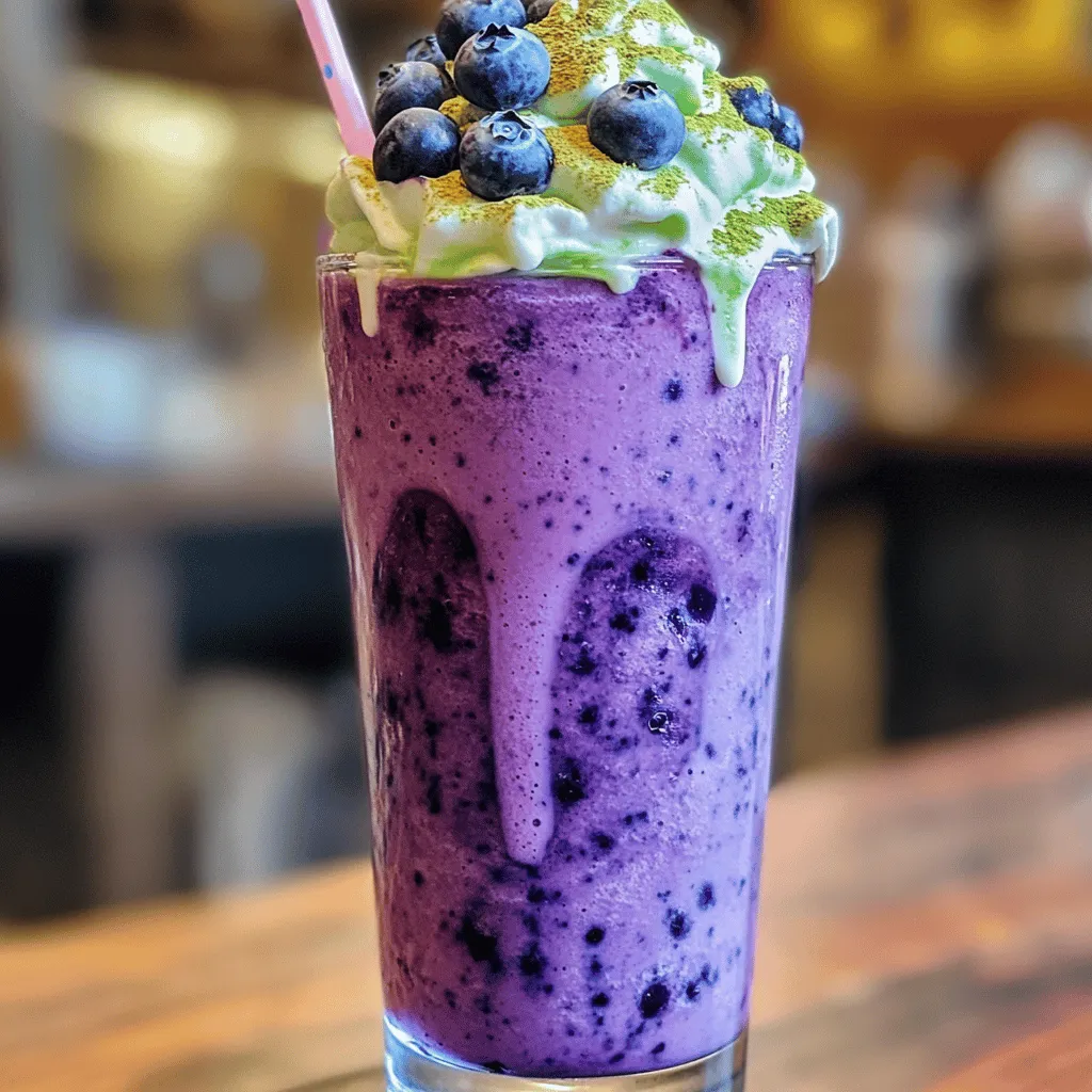 You can use either fresh or frozen blueberries for this recipe. Fresh blueberries bring a juicy burst of flavor, while frozen blueberries add a refreshing chill. If you use fresh, rinse them well before blending. For frozen, just toss them into the blender straight from the bag. Both options provide great taste and nutrition. Matcha green tea powder is the star of this drink. It adds a vibrant green color and offers a unique, earthy flavor. Matcha is rich in antioxidants and gives a gentle energy boost. Choose a high-quality matcha for the best taste. A single tablespoon is all you need to blend with your blueberries. Almond milk works well as the base for this frappe. It’s creamy and has a subtle nutty flavor. You can swap it with any milk you prefer, like oat or soy. For sweetness, honey or maple syrup works nicely. Start with one tablespoon and adjust to your liking. A pinch of salt enhances the flavors too. Ice cubes are vital for that frosty texture. Use half a cup for a refreshing drink. If you want to make it extra special, consider toppings. Whipped cream adds a rich creaminess. For a garnish, sprinkle some matcha powder and add a few extra blueberries on top. This gives your drink a beautiful and tasty finish. For the full recipe, check out the details above! Start by rinsing fresh blueberries under cold water. Use a strainer to do this well. Gently pat them dry with a clean towel. If you choose frozen blueberries, you can skip this step. Just set them aside for later. Grab your blender and add the blueberries. Next, add one tablespoon of matcha green tea powder. Pour in one cup of almond milk. If you like it sweet, add one tablespoon of honey or maple syrup. Toss in half a cup of ice cubes and a pinch of salt. Blend everything on high speed. You want a smooth and creamy texture. Stop blending to taste the mixture. If it needs more sweetness, add more honey or syrup and blend again. Pour your frappe into tall glasses. Leave some space at the top for whipped cream if you want it. For a fun touch, add a swirl of whipped cream on top. Sprinkle a bit of matcha powder and a few blueberries to finish. Enjoy your Blueberry Matcha Frappe right away! You can find the full recipe above. I always choose high-quality matcha for my drinks. Look for matcha that is bright green and finely ground. The best matcha comes from Japan, specifically from Uji or Nishio. Avoid low-grade matcha that looks dull or brown. The taste will be bitter and not pleasant. A good matcha enhances the drink's flavor and nutrition. Sweetening is all about balance. I recommend starting with a small amount of honey or maple syrup. Blend it in, then taste. If it needs more sweetness, add a bit more. This way, you control how sweet your Blueberry Matcha Frappe is. Some prefer a floral honey, while others like rich maple syrup. Both work well! Ice is key for a good frappe. I suggest using crushed ice or ice cubes that are small. This helps the drink blend smoothly and keeps it creamy. If the ice is too chunky, the frappe may become icy rather than smooth. A smooth texture makes every sip enjoyable! Serve your Blueberry Matcha Frappe cold. I like to blend the drink just before serving. This keeps it fresh and frosty. Pour it into chilled glasses for an extra refreshing touch. If you plan to use whipped cream, add it right before serving for the best look and taste. Enjoy it right away for the best flavor! For the full recipe, check out the details above. {{image_4}} If you want a dairy-free Blueberry Matcha Frappe, you have great options. Almond milk works well, but you can also try oat milk, coconut milk, or soy milk. Each type adds a different flavor and creaminess to your drink. Coconut milk gives it a tropical twist, while oat milk adds a rich texture. To make your frappe even tastier, consider adding some extra flavors. A splash of vanilla extract can make it sweeter and more fragrant. You can also mix in a teaspoon of cinnamon for warmth or a little ginger for spice. If you love chocolate, try adding cocoa powder or chocolate syrup for a rich touch. Boost the nutrition of your frappe by adding superfoods or protein. A scoop of protein powder is an easy way to add protein. You can also sprinkle in chia seeds or flaxseeds for added fiber and omega-3 fatty acids. If you want an energy lift, try adding a tablespoon of spirulina or acai powder. These will pack your drink with nutrients while keeping it delicious. For the Full Recipe, check out the complete instructions to make your own Blueberry Matcha Frappe! If you have leftover Blueberry Matcha Frappe, store it in a sealed container. Place it in the fridge. It will stay fresh for up to 24 hours. Before drinking, give it a good shake or stir. This helps mix the layers that may separate. You can freeze the leftover frappe too! Pour it into ice cube trays or freezer-safe bags. It can last for about a month in the freezer. When you want to enjoy it again, just thaw it in the fridge overnight. If your frappe seems too thick after freezing, add a splash of almond milk. Blend it again to revive the creamy texture. For a chilled drink, blend it with some ice cubes. Enjoy the flavors just like fresh! To make a Blueberry Matcha Frappe vegan, simply use plant-based milk. Almond milk works great. You can also swap honey for maple syrup for sweetness. Both changes keep the drink tasty and vegan-friendly. You can find pre-made Blueberry Matcha Frappe at specialty coffee shops or health food stores. Some cafes may offer this drink on their menu, especially during summer. Check local shops or online stores that focus on healthy drinks. Matcha is rich in antioxidants, which can help boost your energy. It may also improve focus and mood. Blueberries are packed with vitamins and fiber. They can support heart health and improve brain function. Together, they create a nutritious drink. Yes, you can use other fruits! Try strawberries, raspberries, or blackberries. Each fruit adds its unique flavor and nutrients. Just blend them the same way you do with blueberries. For a Blueberry Matcha Frappe, use high-quality culinary matcha. This type blends well and gives a nice taste. Look for brands that are bright green, as this shows freshness. You can find them at specialty tea shops or online. For the full recipe, check out the Blueberry Matcha Frappe section above. In this blog, we explored how to make a delicious Blueberry Matcha Frappe. We covered the key ingredients like blueberries, matcha powder, and almond milk. I shared step-by-step instructions for preparation and blending. You learned tips for picking matcha and sweeteners. Plus, we talked about storage and variations to try. Making your frappe can be fun and healthy. Don’t be afraid to experiment with flavors and textures. Enjoy this refreshing drink in your own way!