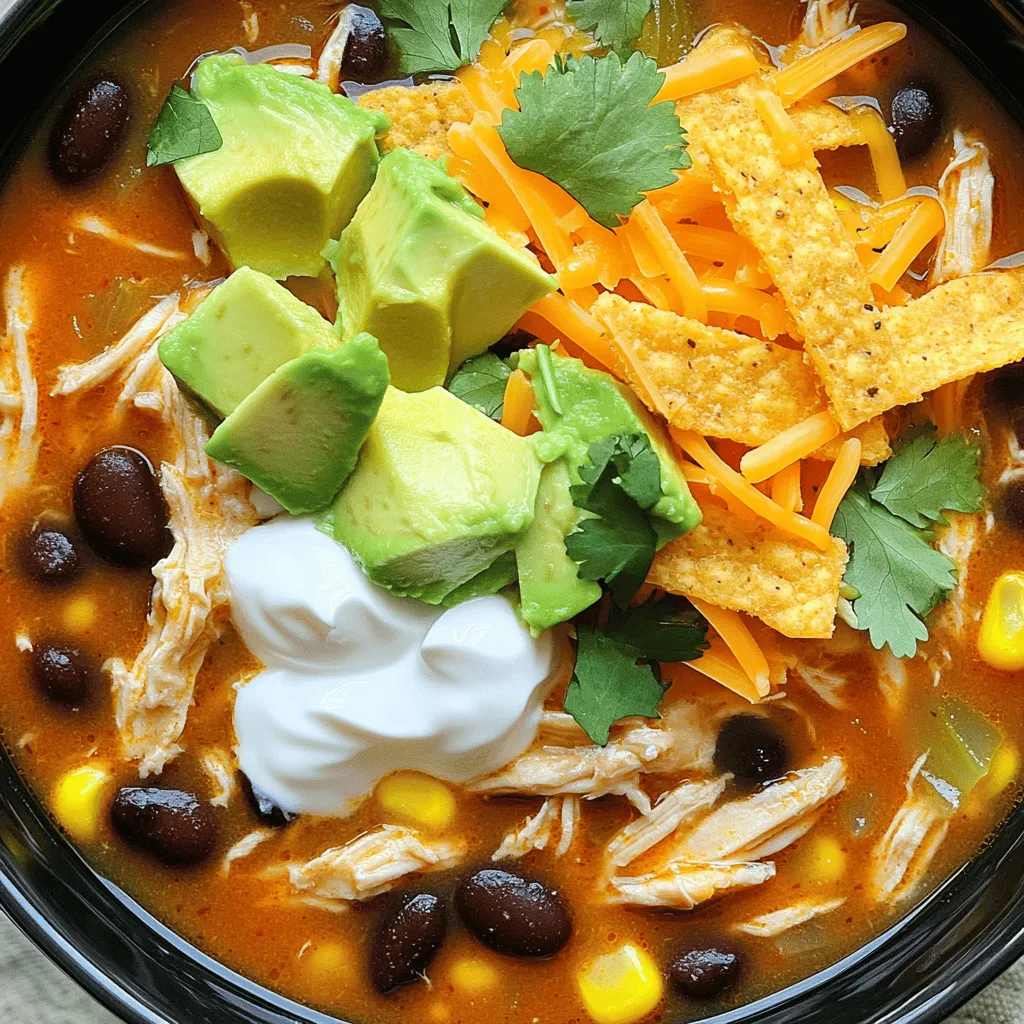To make my Chicken Taco Soup, gather these key ingredients: - 1 lb boneless, skinless chicken breasts - 1 can (15 oz) black beans, drained and rinsed - 1 can (15 oz) sweet corn, drained - 1 can (14.5 oz) diced tomatoes with zesty green chilies - 1 medium onion, finely diced - 2 cloves garlic, minced - 1 medium bell pepper, diced (any vibrant color you prefer) - 2 cups low-sodium chicken broth - 1 tablespoon taco seasoning (or to taste) - 1 teaspoon ground cumin - Salt and freshly ground pepper to taste - 1 tablespoon olive oil Toppings add fun and flair. Consider these options: - Diced avocado - Shredded cheese - A dollop of creamy sour cream - Crispy tortilla strips - Fresh chopped cilantro You can swap ingredients based on your taste or what you have. Here are some ideas: - Use turkey instead of chicken for a lighter dish. - Swap black beans with pinto beans for a different flavor. - Use vegetable broth instead of chicken broth for a vegetarian option. - If you don't have taco seasoning, mix chili powder, cumin, and paprika for a similar taste. With these ingredients, you can create a soup that warms the heart and pleases the belly. For the complete recipe, check out the Full Recipe section. Start by gathering your fresh ingredients. You will need an onion, bell pepper, and garlic. I prefer using a colorful bell pepper for a vibrant look. Dice the onion and bell pepper into small pieces. Mince the garlic cloves finely. This will help release their flavors when you cook them. Next, heat one tablespoon of olive oil in a large pot over medium heat. Add the diced onion and bell pepper. Sauté them for about five minutes until they become soft and fragrant. You want to see a little color on them. Then, stir in the minced garlic. Cook for one more minute, stirring often. This step fills your kitchen with a wonderful aroma. Now it’s time to add the main ingredients. Nestle the chicken breasts right into the pot with the veggies. Pour in two cups of low-sodium chicken broth. Then, add one can of diced tomatoes with zesty green chilies, one can of black beans, and one can of sweet corn. Sprinkle in one tablespoon of taco seasoning and one teaspoon of ground cumin. Stir everything well to combine. You will notice the colors come together beautifully. Bring the mixture to a rolling boil. Once it boils, reduce the heat to low. Cover the pot and let it simmer for 20 to 25 minutes. Check to ensure the chicken is cooked through and no longer pink. Carefully take the chicken breasts out of the pot. Place them on a cutting board. Use two forks to shred the chicken into bite-sized pieces. This makes it easier to eat. Return the shredded chicken back to the soup. Stir it well to mix it evenly throughout. Give the soup a taste. If it needs a little more flavor, add salt and pepper. Let it simmer for another five minutes to heat everything through. I love serving this soup hot in colorful bowls. Don’t forget to add some optional toppings like diced avocado, shredded cheese, or crispy tortilla strips. These make the dish even more fun and tasty. For the full recipe, check back to the earlier sections. To make the flavor pop, start with fresh ingredients. Use ripe tomatoes and vibrant bell peppers. This adds more taste to your soup. Experiment with spices! If you love heat, add some diced jalapeños. For a smoky kick, try adding smoked paprika. Taste as you go. Adjust the salt and pepper to your liking. This way, you create a soup that feels just right for you. Cook the veggies until soft before adding the chicken. This helps release their flavors. Use a large pot for even cooking. When simmering, keep the lid on to trap steam. This helps cook the chicken evenly. Shred the chicken while it’s hot for easier texture. Don’t forget to taste your soup before serving. You can always add more seasoning if needed. Serve the soup hot in bowls. Arrange toppings in small bowls so everyone can customize. Popular toppings include diced avocado, shredded cheese, and crispy tortilla strips. For a fun twist, add a squeeze of lime over the top. This adds brightness and balances the flavors. You can also pair it with cornbread or tortilla chips for a complete meal. Check out the Full Recipe for more ideas! {{image_4}} To turn up the heat, add more spice. Use extra taco seasoning or add diced jalapeños. You can also mix in crushed red pepper flakes for extra kick. A splash of hot sauce at the end can give it a nice finish. Adjust the spice level to suit your taste. This variation is perfect for those who enjoy a fiery dish. If you prefer a meatless meal, swap the chicken for more beans. Use chickpeas, pinto beans, or lentils. Keep the same veggies, broth, and spices. This version stays hearty and full of flavor. You can also add more vegetables like zucchini or spinach for added nutrition. It’s a great way to enjoy taco soup without meat. For a hands-off approach, use a slow cooker. Start by sautéing the onion and garlic in a pan. Then, add everything to the slow cooker. Place the chicken breasts whole into the pot and cover with broth and veggies. Cook on low for 6-8 hours or high for 3-4 hours. Once done, shred the chicken and stir it back into the soup. This method allows flavors to meld beautifully and is super easy for busy days. Try these variations for a fun twist on your chicken taco soup. For the full recipe, check out the detailed instructions above. To store leftovers, let the soup cool first. Transfer it to an airtight container. Keep it in the fridge. It can last for about 3 to 4 days. Make sure the lid is tight to keep the soup fresh. Always label your container with the date. When you are ready to eat, reheat the soup on the stove. Pour it into a pot over medium heat. Stir it often to prevent sticking. You can also use a microwave. Place the soup in a bowl and cover it loosely. Heat for 2 to 3 minutes. Stir halfway through to ensure even heating. Check the temperature. It should be hot throughout. If you want to freeze the soup, let it cool completely. Use a freezer-safe container or bag. Leave some space at the top for expansion. The soup can last in the freezer for up to 3 months. When ready to eat, thaw it in the fridge overnight. Reheat it on the stove or microwave, just like you would with leftovers. Enjoy your tasty Chicken Taco Soup anytime! Chicken Taco Soup lasts about 3 to 4 days in the fridge. Make sure to store it in a sealed container. This keeps it fresh and tasty. If you want to save it longer, consider freezing it. Yes, you can make Chicken Taco Soup ahead of time. In fact, the flavors get better after sitting for a while. Just cook it, let it cool, and then store it in the fridge. When you are ready to eat, heat it up on the stove or in the microwave. You can serve many tasty sides with Chicken Taco Soup. Here are a few ideas: - Cornbread - Tortilla chips - Fresh salsa - A simple green salad - Rice or quinoa For a delicious twist, add cheese or avocado on top of the soup. For the full recipe, check out the main article. In this post, we covered how to make Chicken Taco Soup. We looked at key ingredients, step-by-step cooking instructions, and helpful tips. We also explored variations and how to store your soup. Making this dish is simple and fun. You can adjust flavors and toppings to fit your taste. Enjoy the process and share it with friends! This soup is great for any occasion. Embrace the creativity in your cooking and try new things.