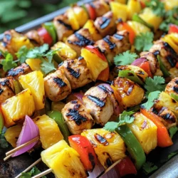 For a tasty Hawaiian chicken skewer, you will need: - 1 lb chicken breast, cut into 1-inch cubes - 1 cup pineapple chunks (fresh or canned, drained if canned) - 1 bell pepper (choose red or yellow for sweetness), cut into 1-inch pieces - 1 medium red onion, cut into wedges These ingredients bring great flavor and color to your skewers. The chicken gives protein, while pineapple adds sweetness. The bell pepper and onion add crunch and brightness. The marinade is key to giving your chicken flavor. Here’s what you need: - 2 tablespoons soy sauce (low-sodium recommended for a healthier option) - 2 tablespoons honey - 1 tablespoon olive oil - 1 teaspoon garlic powder - 1 teaspoon ground ginger (or freshly grated for more flavor) - 1 teaspoon ground black pepper Mixing these ingredients creates a sweet and savory blend. The soy sauce adds salt, while honey brings a nice glaze when grilled. Garlic and ginger provide depth, making every bite burst with flavor. To make your dish pop, think about garnishes. I suggest: - Freshly chopped cilantro or parsley - Extra pineapple slices - Lemon wedges These garnishes not only look nice but also add fresh flavor. A sprinkle of herbs brightens the dish, while lemon adds a zesty kick. Serve your skewers on a colorful platter to impress your guests. You can find the full recipe [here](#). To start, grab a medium-sized mixing bowl. In it, mix together the soy sauce, honey, olive oil, garlic powder, ground ginger, and black pepper. Use a whisk to blend these ingredients until smooth. This marinade adds sweet and savory notes to your chicken. Next, cut your chicken breast into 1-inch cubes. Add the chicken to the bowl with the marinade. Make sure each piece is well-coated. Cover the bowl with plastic wrap. Let it sit in the fridge for at least 30 minutes. If you have time, let it marinate for up to 2 hours for more flavor. While the chicken marinates, prepare your skewers. If you're using wooden skewers, soak them in water for 30 minutes. This prevents them from burning on the grill. Once marinated, take the chicken pieces and start threading them onto the skewers. Alternate with pineapple chunks, bell pepper pieces, and onion wedges. This adds color and flavor. Now, preheat your grill or grill pan to medium-high heat. It's key to have a hot grill for nice grill marks. After assembling, place the skewers on the grill. Cook for about 10-15 minutes. Remember to turn them occasionally for even cooking. The chicken is ready when it reaches an internal temperature of 165°F (75°C). Once done, remove the skewers from the grill and let them rest for a few minutes. This helps the juices spread throughout the chicken. For the full recipe, check out the details above! To get those great grill marks, start with a hot grill. Heat it for at least 10 minutes. Place the skewers on the grill, making sure they touch the grates. Don’t move them for 3-4 minutes. This helps sear the chicken. After that, you can turn them for more marks. Check the chicken's internal temperature with a meat thermometer. It should reach 165°F (75°C). This shows it is safe to eat. If you don’t have a thermometer, cut a piece open. The meat should be white, not pink. Let the skewers rest on a plate after grilling. This helps keep the meat juicy. You can change the marinade for new tastes. Try adding lime juice or fresh herbs like cilantro. For a spicy kick, add some red pepper flakes. If you want a sweeter flavor, use brown sugar instead of honey. These small changes make a big difference. Experiment to find what you love best! {{image_4}} You can make Hawaiian skewers without meat. Use firm tofu or tempeh instead of chicken. Cut them into 1-inch cubes, just like the chicken. Marinate them using the same sauce. You can add more veggies like zucchini or mushrooms for extra flavor. This option is colorful and tasty. If you want a different taste, use pork or shrimp. For pork, use tenderloin or shoulder. Cut it into 1-inch cubes and marinate as you would with chicken. Shrimp is a quick option too. Just peel and devein them, then marinate. Cook shrimp for about 5-7 minutes on the grill. Both options offer great flavors while keeping the dish fun. Feel free to swap the veggies in your skewers. Try cherry tomatoes for a sweet bite or add zucchini slices for a fresh crunch. Eggplant and asparagus work well too. The key is to pick colors and flavors you enjoy. Mixing different veggies makes the skewers even more appealing and healthy. To store leftovers, first let the skewers cool to room temperature. Then, place them in an airtight container. You can keep them in the fridge for up to three days. Make sure to separate the chicken from the veggies if you want to keep them fresh longer. This also helps keep the flavors separate. For reheating, the best method is to use the oven. Preheat your oven to 350°F (175°C). Place the skewers on a baking sheet and cover them with foil. Heat for about 10-15 minutes, or until the chicken is warmed through. You can also use a microwave. Just heat the skewers for 1-2 minutes, but be cautious as the veggies may get soggy. You can freeze the leftovers too! Wrap each skewer in plastic wrap and then place them in a freezer bag. They can stay in the freezer for up to three months. When you’re ready to eat, thaw them overnight in the fridge. Then, reheat as mentioned above. This way, you can enjoy the taste of Hawaiian chicken skewers anytime! For the full recipe, check back to the earlier section. You can serve Hawaiian chicken skewers with a variety of sides. Here are some tasty options: - Coconut rice - Grilled corn on the cob - Fresh fruit salad - A green salad with a light dressing - Steamed vegetables like broccoli or green beans These sides add balance to your meal and enhance the tropical flavors. Coconut rice pairs well with the sweet and savory notes from the skewers. Grilled corn adds a nice crunch, while fresh fruit provides a refreshing contrast. You can marinate the chicken for at least 30 minutes. For the best flavor, try to marinate it for up to 2 hours. This lets the chicken soak up the marinade. If you marinate too long, the acid in the marinade can change the meat's texture. So, stick to this time frame for great results. Yes, you can cook Hawaiian chicken skewers in the oven! Preheat your oven to 400°F (200°C). Place the skewers on a baking sheet lined with foil or parchment paper. Bake for about 15-20 minutes, turning halfway through. This method works well when grilling is not an option. Just make sure the chicken reaches an internal temperature of 165°F (75°C) for safety. For the full recipe, be sure to check out the earlier section! Hawaiian chicken skewers are simple and fun to make. We covered main ingredients, marinades, and garnishes. I shared step-by-step instructions to prepare, marinate, and grill your skewers. Tips ensured perfect grill marks and doneness. We also explored variations for veggie lovers and meat options. Proper storage keeps leftovers fresh, and FAQs answered your burning questions. These skewers make any meal special. Enjoy your cooking adventure, and share this tasty dish with friends!