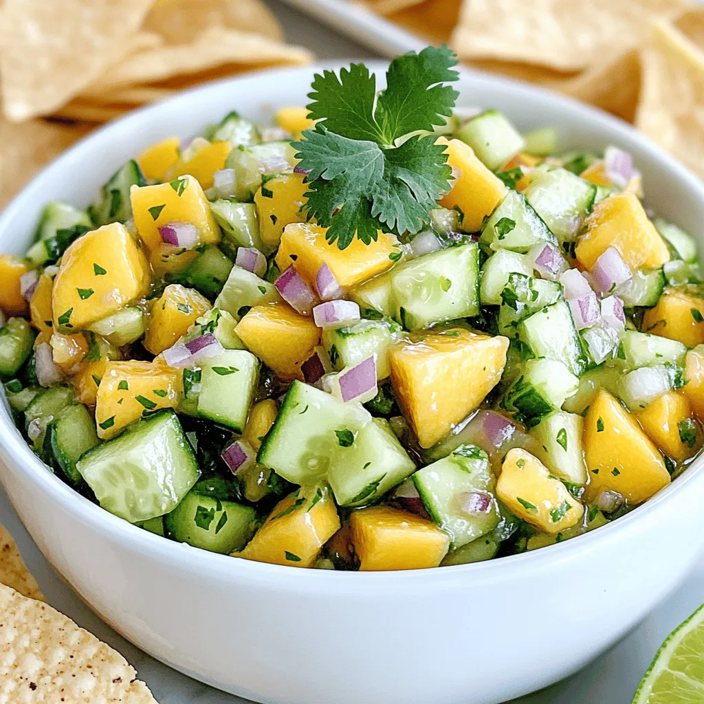 - Cucumber - Ripe peaches - Red onion - Jalapeño pepper - Fresh cilantro - Lime juice - Honey or agave syrup - Salt and black pepper If you want to change things up, consider these options: - Use mango or pineapple instead of peaches for a tropical twist. - Try parsley or mint if you do not have cilantro on hand. - Swap honey for maple syrup or stevia for a lighter touch. Cucumber peach salsa offers great health perks. - It is packed with vitamins A and C, which boost your immune system. - This salsa is low in calories, making it a guilt-free snack. - The high water content in cucumber helps you stay hydrated, perfect for hot days. This refreshing mix is not just tasty; it is also good for you! Enjoy the full recipe for an easy and delightful summer dish. 1. Dicing cucumber and peaches Start by dicing the cucumber into small cubes. Aim for even pieces to ensure consistent flavor. Then, take the ripe peaches and cut them into bite-sized pieces. The sweetness of the peaches balances the crunch of the cucumber. 2. Chopping onion and jalapeño Next, finely chop the red onion. This adds a nice bite to the salsa. For the jalapeño, deseed it to keep the heat mild. Mince it carefully and add it to your bowl. Both ingredients bring depth and a bit of spice to the mix. 3. Combining ingredients in a bowl Now, combine the diced cucumber, peaches, chopped onion, and jalapeño in a large mixing bowl. Add the roughly chopped cilantro for freshness. Toss these ingredients gently to mix them well. 1. Whisking lime juice and honey In a small bowl, whisk together the freshly squeezed lime juice and honey. This dressing adds a zesty flavor to the salsa. You can also use agave syrup if you prefer a vegan option. 2. Emulsifying tips While whisking, ensure the honey blends well with the lime juice. The goal is to create a smooth dressing that coats all the ingredients in the salsa. 1. Mixing and seasoning Pour the lime and honey mixture over your salsa ingredients. Toss everything together gently. Season with salt and freshly cracked black pepper to taste. This final touch enhances the overall flavor. 2. Resting period for flavor melding Let the salsa rest at room temperature for at least 15 minutes. This time allows the flavors to meld beautifully. You’ll notice how much more vibrant and tasty your salsa becomes after resting. You can find the complete recipe [Full Recipe]. To get the right texture for your salsa, focus on cutting. Dice the cucumber and peaches into small, even pieces. This helps each bite burst with flavor. Avoid excess moisture by patting the cucumber dry with a paper towel. This prevents the salsa from becoming watery. You can boost the flavor with spices. Try adding a pinch of cumin or smoked paprika for depth. To balance sweetness, add a little extra lime juice. If you like heat, consider using more jalapeño or a dash of hot sauce. This creates a perfect sweet and spicy mix. Cucumber peach salsa pairs great with many dishes. Enjoy it with grilled chicken, fish, or tacos. You can even serve it as a dip with crunchy tortilla chips. For a fun twist, use it as a topping on a fresh salad. This adds a burst of flavor and color to your meal. For the full recipe, check out the complete guide on making this refreshing summer delight! {{image_4}} To give your salsa a kick, add peppers. I like to use jalapeños, but you can try serrano or habanero for more heat. Start with a small amount, especially if you’re unsure. You can always add more, but you can’t take it out! For a milder salsa, remove the seeds and ribs from the jalapeño. This reduces the heat while still giving you flavor. While peaches and cucumbers shine, feel free to mix in other fruits. Mango, pineapple, or nectarines can add a fun twist. These fruits bring sweetness and a tropical vibe to the dish. Try using whatever is fresh and in season. It’s a great way to keep your salsa exciting and new. If you’re looking for vegan options, simply swap honey for agave syrup. It works perfectly and keeps the sweetness just right. You can also reduce the sugar by using fresh fruit juices instead. For a low-sugar salsa, skip the sweeteners altogether. The natural sweetness of the fruits can shine through without added sugars. Want to explore more about this recipe? Check out the Full Recipe for all the details! To keep your cucumber peach salsa fresh, store it in the refrigerator. Use airtight containers to prevent air from spoiling it. This will keep your salsa crisp and tasty. Ensure you use a container that seals well. How long will it last? Cucumber peach salsa stays fresh for up to three days in the fridge. After that, the texture and taste may change. Signs of spoilage include a dull color or an off smell. If it looks or smells bad, it's best to throw it away. Can you freeze salsa? Yes, you can freeze cucumber peach salsa. However, the texture may change after thawing. To freeze, put it in a freezer-safe container. Leave some space at the top for expansion. For thawing, place the salsa in the fridge overnight. Use it within two days after thawing for the best flavor. You can add fresh ingredients after thawing to revive its taste. Enjoy your fresh salsa with meals or as a dip! For the full recipe, check the section above. To reduce sweetness, you can cut back on the honey or agave. Try using less than the recipe calls for. You can also balance the sweetness with lime juice or a pinch of salt. These adjustments will enhance the overall flavor without the extra sugar. Yes, adding beans or corn can make your salsa heartier. Black beans or corn kernels work well for texture. They also blend nicely with the fresh flavors of cucumber and peach. Just make sure to adjust the seasoning to keep everything balanced. Cucumber Peach Salsa is great with grilled proteins like chicken or fish. You can use it as a fresh topping on tacos or salads too. It also serves well as a dip for chips or veggies, adding a burst of flavor to any meal. Cucumber Peach Salsa combines fresh, fun flavors. This guide helped you explore key ingredients, health perks, and easy steps for prep. You learned about tasty variations, storage tips, and ways to change sweet levels. Incorporating your favorite fruits or spices makes this dish special. Enjoy your salsa with various meals or as a snack. Its freshness will brighten any plate!