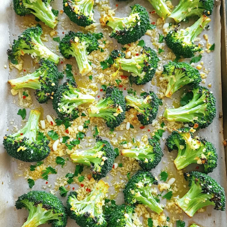 - 2 heads of fresh broccoli - 4 cloves of garlic - 3 tablespoons extra virgin olive oil - 1/2 cup freshly grated Parmesan cheese - 1 teaspoon zested lemon peel - Salt, black pepper, and optional red pepper flakes - Fresh parsley, finely chopped Garlic Parmesan Roasted Broccoli is a simple dish that packs a punch. I love using fresh broccoli for its bright green color and crunch. It is important to cut the broccoli into small florets. This allows them to roast evenly and soak up all the flavors. Garlic is a key player in this dish. Using four cloves gives a strong, rich taste. I prefer to mince the garlic finely. This way, it spreads well over the broccoli. Extra virgin olive oil adds a nice touch. It helps the broccoli roast to a golden crisp. To boost the flavor, I always add freshly grated Parmesan cheese. It melts and creates a delicious crust. The zested lemon peel adds freshness, balancing the rich cheese. A pinch of salt and black pepper enhances all the flavors. If you like a little heat, add some red pepper flakes. For a finishing touch, sprinkle fresh parsley on top. It adds color and a burst of freshness. You can find the full recipe in the section above. Enjoy making this easy yet tasty side dish! First, preheat your oven to 425°F (220°C). This step is key for crispy broccoli. Next, line a baking sheet with parchment paper. This helps prevent sticking and makes cleanup easier. In a large bowl, combine 2 heads of fresh broccoli, 4 minced garlic cloves, and 3 tablespoons of olive oil. Toss them together well. You want each piece of broccoli to be coated in oil and garlic. This mix gives the broccoli great flavor. Spread the broccoli mix evenly on the baking sheet. Avoid overcrowding; this helps it roast better. Now, sprinkle 1/2 cup of grated Parmesan cheese, 1 teaspoon of lemon zest, salt, black pepper, and optional red pepper flakes over the top. The cheese adds richness, while the lemon brightens the dish. Place the baking sheet in the oven and roast for 20-25 minutes. The broccoli should be tender, with golden edges. Halfway through, stir the broccoli for even cooking. When done, take it out and let it cool a bit. Taste and add more salt or pepper if you like. Serve warm, garnished with fresh parsley for a pop of color. For the full recipe, check out the details above. To make sure your garlic Parmesan roasted broccoli cooks evenly, follow these steps: - Spread the broccoli in a single layer on the baking sheet. This helps the heat reach all sides. - Stir the broccoli halfway through roasting. This action promotes even cooking and browning. You can easily change the flavors to fit your taste: - Customize the amount of garlic and cheese. If you love garlic, add more minced cloves. - Experiment with other spices or herbs. Try adding cayenne for heat or thyme for a fresh touch. Garlic Parmesan roasted broccoli pairs well with many dishes: - Serve it alongside grilled chicken or fish for a balanced meal. - It makes a great side for special occasions, adding color and flavor to your table. - You can also toss it in salads or pasta for extra taste and nutrition. For the complete recipe, check out the [Full Recipe]. {{image_4}} You can switch out Parmesan for other cheeses if you want a new taste. - Pecorino Romano brings a salty flavor. - Asiago offers a sharp bite. - Cheddar adds a nice creaminess. - A blend of cheeses creates a rich flavor profile. Mixing them makes every bite exciting! You can get creative with your garlic Parmesan roasted broccoli. Here are some fun ideas: - Add nuts or seeds like pine nuts or sunflower seeds for crunch. - Experiment with herbs like thyme or rosemary for a fragrant twist. These herbs enhance the dish and make it smell amazing. If you want a vegan version, you can make easy swaps. - Use vegan cheese replacements like cashew cheese or nutritional yeast for that cheesy taste. - Swap the olive oil with avocado oil or coconut oil for roasting. These options keep the flavors bright and fresh. For more details on the recipe, check the Full Recipe. To keep garlic parmesan roasted broccoli fresh, follow these tips. First, let the broccoli cool down after cooking. Then, place it in an airtight container. This will help lock in the flavors. Store the container in the fridge. It will last for about three to four days. If you want to keep it longer, consider freezing it. When reheating, I suggest using the oven. Preheat it to 350°F (175°C). Spread the broccoli on a baking sheet. This helps keep the texture nice and crispy. Heat for about 10-15 minutes. You can also use a microwave, but be careful. Microwaving can make the broccoli soggy. If you use the microwave, heat in short bursts to control the moisture. If you want to freeze garlic parmesan roasted broccoli, you need to do it right. Start by letting it cool completely. After that, spread the broccoli on a baking sheet in a single layer. Freeze it for about one hour. This helps prevent clumping. Once frozen, transfer the broccoli to a freezer bag. Make sure to remove as much air as possible before sealing. When you are ready to eat, take out the desired amount. Thaw it overnight in the fridge. Reheat as mentioned above. This method will help maintain the flavor and texture of your dish. For the full recipe, check out the earlier sections. Garlic parmesan roasted broccoli can last for about 3 to 4 days in the fridge. To store it, place the broccoli in an airtight container. Make sure it cools down before sealing the container. This helps keep it fresh longer. When you reheat it, try to use an oven or air fryer to maintain its crispness. You can use frozen broccoli, but it has some downsides. Frozen broccoli often has a softer texture. It may not get as crispy when roasted. However, it is convenient and can save time. If you use frozen broccoli, thaw it first and pat it dry. This helps remove excess moisture before roasting. You can roast many vegetables with garlic and parmesan. Some great options include: - Brussels sprouts - Cauliflower - Carrots - Asparagus - Bell peppers Mix and match these veggies for a colorful and tasty dish. You can also add cherry tomatoes or zucchini for extra flavor. Experimenting with different combinations can lead to fun new meals. Garlic Parmesan Roasted Broccoli is simple and tasty. We covered the key ingredients and how to prepare it. Roasting brings out the flavor in fresh broccoli. Remember to mix in seasoning well for the best taste. Try different cheeses or herbs to switch it up. Store leftovers properly to enjoy them later. With these tips, you can make a great dish easily. Now, it’s your turn to roast and savor this delicious side. Enjoy the cooking!