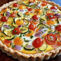 For this savory roasted vegetable quiche, you will need the following: - 1 pre-made 9-inch pie crust - 2 cups mixed vegetables (such as zucchini, bell peppers, cherry tomatoes, and red onions), roasted - 4 large eggs - 1 cup heavy cream - 1 cup shredded cheese (Gruyère or cheddar recommended) - 1 teaspoon dried thyme - 1 teaspoon garlic powder - Salt and freshly ground black pepper, to taste - Fresh parsley, finely chopped (for garnish) When making this quiche, you can switch the vegetables based on your taste. Try using spinach, mushrooms, or broccoli instead. If you want a lighter option, use half-and-half instead of heavy cream. You can also use egg substitutes if you prefer a vegan quiche. Just make sure to adjust the baking time. Cheese adds a nice flavor and creaminess to the quiche. I like Gruyère for its nutty taste. Cheddar is another great choice, giving a sharp bite. You can also mix different cheeses, like feta or mozzarella, for a fun twist. Just remember, the cheese should melt well for the best texture! For the full recipe, check out the detailed instructions to bring this dish to life. Start with a pre-made pie crust. Roll it out gently. Fit it into a 9-inch pie dish. Use your fingers to crimp the edges. This gives it a nice look. Prick the bottom with a fork to stop bubbles. Pre-bake the crust at 375°F for 10 minutes. Then, set it aside to cool. Next, prepare the mixed vegetables. Use 2 cups of your favorites, like zucchini and bell peppers. Dice them up and place them in a bowl. Add olive oil, salt, pepper, and dried thyme. Toss everything together until coated. Spread the veggies on a baking sheet. Roast them in the oven for 20 to 25 minutes. Stir once midway for even cooking. They should be tender and a bit caramelized. Let them cool slightly after roasting. In a large bowl, whisk together 4 eggs and 1 cup of heavy cream. Add 1 teaspoon of garlic powder, and a pinch of salt and pepper. Mix until smooth. This creamy blend will make your quiche rich and tasty. Once the vegetables cool, scatter them over the pie crust. Pour the egg mixture over the veggies. Make sure they are fully covered. Sprinkle 1 cup of shredded cheese on top. I recommend Gruyère or cheddar for great flavor. Bake the quiche in the oven for 30 to 35 minutes. The center should be set, and the top should be golden brown. After baking, let it cool for a few minutes. Then, slice it into wedges and enjoy! Don’t forget to garnish with fresh parsley for a nice touch. For the full recipe, check out the details above. To make a great quiche, start with the crust. A pre-made pie crust saves time. Gently roll it out and fit it into your pie dish. Crimp the edges to make it look nice. Don't forget to prick the bottom with a fork. This helps prevent bubbles while baking. Pre-bake it for 10 minutes. This step makes the crust crispy and strong. For a creamy filling, I use heavy cream and eggs. Whisk them together until smooth. Add garlic powder and a pinch of salt and pepper for flavor. Make sure the mixture is well combined. This creates a rich texture that blends perfectly with the roasted veggies. Pour it carefully over the veggies in the crust. This helps the filling cover all the delicious vegetables. When it’s time to serve, cut the quiche into wedges. You can serve it warm or at room temperature. Arrange the slices on a nice platter. Add some finely chopped parsley on top for color. This gives a fresh look to your dish. Pair it with a simple green salad for a complete meal. You can also enjoy it with a side of fruit for a fun twist. Don't forget to check the Full Recipe for more details! {{image_4}} If you want a vegetarian twist, use different veggies. Consider spinach, mushrooms, or broccoli. These add color and taste. You can also try seasonal vegetables. For example, in fall, use squash or sweet potatoes. The key is mixing flavors and textures for a great bite. To make a gluten-free quiche, swap the pie crust. Use a gluten-free crust made from almond flour or rice flour. You can also make a crustless version. Just pour the filling into a greased pie dish. The eggs will set and hold everything together. Want to add some protein? Bacon or ham works well. Cook the bacon until it's crispy, then crumble it into the filling. If you prefer ham, chop it up and mix it in with the vegetables. This adds a savory kick to your quiche. You can also use cooked sausage or smoked salmon for extra flavor. These variations let you customize your roasted vegetable quiche. Check the Full Recipe for the basic steps, and feel free to experiment! To keep your roasted vegetable quiche fresh, store it in the fridge. Wrap it well in plastic wrap or place it in an airtight container. This helps to seal in moisture and flavor. Leftovers will last for about 3 to 4 days. If you need to store it longer, consider freezing it. When you're ready to enjoy the leftovers, reheating is easy. Preheat your oven to 350°F (175°C). Place the quiche on a baking sheet. Heat for about 15 to 20 minutes. This method helps keep the crust crispy. You can also microwave the quiche. Heat it for about 1 to 2 minutes. Check to make sure it’s warm all the way through. If you want to freeze your quiche, it's best to do this before baking. Wrap the unbaked quiche tightly in plastic wrap and then in foil. Label the package with the date. It will stay fresh for up to 3 months. When you’re ready to bake, remove the wrapping and bake directly from the freezer. Just add a few extra minutes to the baking time. You can also freeze cooked slices. Wrap them well and store in an airtight container, following the same timeline. For a detailed guide, check the Full Recipe to make this delicious dish! The quiche takes about 30 to 35 minutes to bake. You want to see it puff up and turn golden. If you insert a knife in the center, it should come out clean. That shows the egg is set. Timing can vary based on your oven, so keep an eye on it. Yes, you can make this quiche ahead of time. You can prepare it the night before and store it in the fridge. Just cover it well. When you are ready to bake, pop it in the oven. If it’s cold from the fridge, it might take a few extra minutes to cook. Pair your quiche with a fresh green salad. A simple vinaigrette adds a nice touch. You could also serve it with crusty bread or fruit. This makes a lovely brunch or light lunch. Enjoy it warm or at room temperature. For the full recipe, check the section above! This post covered how to make a delicious roasted vegetable quiche. We reviewed the main ingredients, step-by-step instructions, and tips for perfecting your dish. Remember to explore variations like vegetarian or gluten-free options. Storage tips ensure your quiche stays fresh. In conclusion, making quiche is easy and fun. With practice, you can create a dish your friends will love. Enjoy the process and share your tasty results!