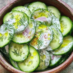- 2 large cucumbers, thinly sliced - 1 cup creamy Greek yogurt - 2 tablespoons tangy sour cream - 1 tablespoon freshly squeezed lemon juice - 1 clove garlic, finely minced - 1 tablespoon fresh dill, chopped (or 1 teaspoon dried dill for convenience) - Sea salt and freshly cracked black pepper, to taste - 1 tablespoon extra virgin olive oil - 1/4 cup red onion, finely chopped - 1/4 teaspoon cayenne pepper (optional, for a little heat) This recipe is simple and quick. You will need fresh cucumbers for the best taste. I like to choose firm cucumbers that feel heavy for their size. They should have smooth skin and no soft spots. The creamy Greek yogurt makes the dressing rich and thick. It adds a nice tang that pairs well with the cucumbers. Sour cream gives a sharp flavor, while lemon juice brightens everything up. Garlic adds depth, and fresh dill gives that refreshing herb taste. If you like a bit of heat, add cayenne pepper. For a milder salad, leave it out. Don’t forget to season with sea salt and black pepper. They make all the flavors pop. Red onion adds crunch and sweetness. These ingredients make a tasty and refreshing salad. You can find the full recipe to guide you step by step. Enjoy making your creamy cucumber salad! - Wash and slice cucumbers - Prepare creamy dressing Start by washing the cucumbers under cold water. This step helps remove dirt and keeps your salad fresh. After washing, trim off both ends of each cucumber. Next, slice them into thin, even rounds. If you want a smoother taste, peel the cucumbers before slicing. Now, let’s make the creamy dressing. In a medium bowl, mix the creamy Greek yogurt, sour cream, and freshly squeezed lemon juice. Whisk these ingredients until the mixture is smooth and well combined. Next, add one clove of minced garlic, one tablespoon of fresh dill, and a tablespoon of olive oil. Stir everything together well. This creates a fragrant dressing that will coat your cucumbers beautifully. Season the dressing with sea salt, black pepper, and cayenne pepper if you like a bit of heat. - Combine cucumber and onion with dressing - Toss salad gently In a large mixing bowl, place the sliced cucumbers and one-quarter cup of finely chopped red onion. Pour the creamy dressing over the cucumber and onion. Now, it’s time to toss the salad. Use gentle movements to make sure every slice is coated with the dressing. - Cover and refrigerate - Final adjustments before serving Once mixed, cover the bowl with plastic wrap or a lid. Refrigerate the salad for at least 30 minutes. This chilling time helps the flavors blend. Just before serving, give the salad a gentle stir to refresh it. Taste and adjust the seasoning if needed. For the full recipe, check out the complete instructions. Enjoy your delicious creamy cucumber salad! For the best creamy cucumber salad, start with the right cucumbers. I recommend using English cucumbers. They are long, thin, and have fewer seeds. If you only find regular cucumbers, peel them to reduce bitterness. Always wash them well to get rid of dirt. Adjusting the seasoning is key to a great salad. Taste your dressing before mixing it with the cucumbers. If it needs more flavor, add a pinch of salt or a dash of lemon juice. This final touch will elevate your dish. Herbs and spices can take your salad to the next level. I love adding fresh dill for its bright taste. You can also try mint or parsley for a twist. If you want a kick, sprinkle in a bit of cayenne pepper. For added nutrition, consider mixing in some protein or grains. Chickpeas or quinoa work well here. They add texture and make the salad more filling. When serving your salad, think about how it looks. Use chilled bowls to keep it fresh and crisp. Garnish with extra dill or a few cucumber slices on top. This makes the dish visually appealing. Chilling the bowls before serving is a simple trick. It keeps your salad cool longer and enhances the eating experience. For more ideas, check out the Full Recipe! {{image_4}} You can switch up the creamy cucumber salad with yogurt alternatives. If you want a lighter taste, try using Greek yogurt or plant-based yogurt. Both options can give you that creamy texture without dairy. You can also add more vegetables or fruits. Try adding bell peppers for crunch or even diced avocados for creaminess. These small changes can make your salad even more delightful. For a spicy twist, add jalapeños to your salad. Just slice them thin and mix them in with your cucumbers. This gives your dish a nice kick. If you need a vegan option, replace the yogurt and sour cream with cashew cream or silken tofu. Blend those ingredients until smooth, and you have a vegan creamy cucumber salad that everyone can enjoy. You can serve this salad as a side dish or make it a main course. It pairs well with grilled chicken or fish. You can also enjoy it with pita bread or in a wrap. The creamy cucumber salad brings a refreshing taste to any meal. Just remember to serve it cold for the best flavor. For the full recipe, check out the detailed instructions above. To keep your creamy cucumber salad fresh, refrigerate it right after making it. Place it in a sealed container. This helps keep the flavors and texture intact. You can store it for up to three days in the fridge. Avoid freezing it, as freezing changes the texture of cucumbers. They may become mushy when thawed. The salad stays fresh in the fridge for about three days. If you notice excess water or a slimy texture, those are signs of spoilage. Discard it if it smells off or has strange colors. Always check before serving leftovers to ensure safety. You do not need to reheat this salad. Instead, if it sits too long, just stir it gently. This refreshes the dressing and combines the flavors again. Use glass or BPA-free plastic containers for the best storage. These options help maintain food quality and safety. If you need to transport it, choose a cooler for freshness. How do I make a cucumber salad crunchy? To keep your cucumber salad crunchy, choose fresh, firm cucumbers. Slice them thinly and add salt. The salt draws out moisture. Let them sit for 10 minutes and drain excess water. This keeps them crisp. Can I prepare the salad ahead of time? Yes, you can make this salad ahead. Prepare it a few hours before serving. Just remember, refrigerate it to keep it fresh. The flavors will mix well as it chills. What pairs well with creamy cucumber salad? Creamy cucumber salad goes well with grilled meats or fish. It also complements spicy dishes. Serve it alongside a hearty sandwich for a refreshing touch. Caloric breakdown per serving Each serving of creamy cucumber salad has about 150 calories. This can vary based on the amount of yogurt and oil used. Health benefits of cucumber and yogurt Cucumbers are low in calories and high in water. They hydrate and are full of vitamins. Yogurt adds protein and probiotics, supporting gut health. Together, they make a nutritious choice. Can I use mayonnaise instead of yogurt? Yes, you can use mayonnaise instead of yogurt. It will change the flavor but still taste great. If you want a creamier texture, this works well too. What can I use if I don’t have dill? If you don’t have fresh dill, try parsley or chives. These herbs add a nice flavor. You can also use dried dill if fresh is not available. This creamy cucumber salad is simple and fresh. You learned how to prepare it with ingredients like Greek yogurt, cucumber, and dill. We also covered tips for enhancing flavor and presentation. Plus, I shared ways to store leftovers for future enjoyment. Remember, this salad is versatile. You can tweak it to suit your tastes. Try different herbs or add proteins for variety. Enjoy making your own creamy cucumber salad!
