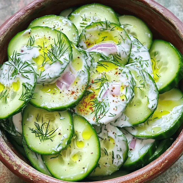 - 2 large cucumbers, thinly sliced - 1 cup creamy Greek yogurt - 2 tablespoons tangy sour cream - 1 tablespoon freshly squeezed lemon juice - 1 clove garlic, finely minced - 1 tablespoon fresh dill, chopped (or 1 teaspoon dried dill for convenience) - Sea salt and freshly cracked black pepper, to taste - 1 tablespoon extra virgin olive oil - 1/4 cup red onion, finely chopped - 1/4 teaspoon cayenne pepper (optional, for a little heat) This recipe is simple and quick. You will need fresh cucumbers for the best taste. I like to choose firm cucumbers that feel heavy for their size. They should have smooth skin and no soft spots. The creamy Greek yogurt makes the dressing rich and thick. It adds a nice tang that pairs well with the cucumbers. Sour cream gives a sharp flavor, while lemon juice brightens everything up. Garlic adds depth, and fresh dill gives that refreshing herb taste. If you like a bit of heat, add cayenne pepper. For a milder salad, leave it out. Don’t forget to season with sea salt and black pepper. They make all the flavors pop. Red onion adds crunch and sweetness. These ingredients make a tasty and refreshing salad. You can find the full recipe to guide you step by step. Enjoy making your creamy cucumber salad! - Wash and slice cucumbers - Prepare creamy dressing Start by washing the cucumbers under cold water. This step helps remove dirt and keeps your salad fresh. After washing, trim off both ends of each cucumber. Next, slice them into thin, even rounds. If you want a smoother taste, peel the cucumbers before slicing. Now, let’s make the creamy dressing. In a medium bowl, mix the creamy Greek yogurt, sour cream, and freshly squeezed lemon juice. Whisk these ingredients until the mixture is smooth and well combined. Next, add one clove of minced garlic, one tablespoon of fresh dill, and a tablespoon of olive oil. Stir everything together well. This creates a fragrant dressing that will coat your cucumbers beautifully. Season the dressing with sea salt, black pepper, and cayenne pepper if you like a bit of heat. - Combine cucumber and onion with dressing - Toss salad gently In a large mixing bowl, place the sliced cucumbers and one-quarter cup of finely chopped red onion. Pour the creamy dressing over the cucumber and onion. Now, it’s time to toss the salad. Use gentle movements to make sure every slice is coated with the dressing. - Cover and refrigerate - Final adjustments before serving Once mixed, cover the bowl with plastic wrap or a lid. Refrigerate the salad for at least 30 minutes. This chilling time helps the flavors blend. Just before serving, give the salad a gentle stir to refresh it. Taste and adjust the seasoning if needed. For the full recipe, check out the complete instructions. Enjoy your delicious creamy cucumber salad! For the best creamy cucumber salad, start with the right cucumbers. I recommend using English cucumbers. They are long, thin, and have fewer seeds. If you only find regular cucumbers, peel them to reduce bitterness. Always wash them well to get rid of dirt. Adjusting the seasoning is key to a great salad. Taste your dressing before mixing it with the cucumbers. If it needs more flavor, add a pinch of salt or a dash of lemon juice. This final touch will elevate your dish. Herbs and spices can take your salad to the next level. I love adding fresh dill for its bright taste. You can also try mint or parsley for a twist. If you want a kick, sprinkle in a bit of cayenne pepper. For added nutrition, consider mixing in some protein or grains. Chickpeas or quinoa work well here. They add texture and make the salad more filling. When serving your salad, think about how it looks. Use chilled bowls to keep it fresh and crisp. Garnish with extra dill or a few cucumber slices on top. This makes the dish visually appealing. Chilling the bowls before serving is a simple trick. It keeps your salad cool longer and enhances the eating experience. For more ideas, check out the Full Recipe! {{image_4}} You can switch up the creamy cucumber salad with yogurt alternatives. If you want a lighter taste, try using Greek yogurt or plant-based yogurt. Both options can give you that creamy texture without dairy. You can also add more vegetables or fruits. Try adding bell peppers for crunch or even diced avocados for creaminess. These small changes can make your salad even more delightful. For a spicy twist, add jalapeños to your salad. Just slice them thin and mix them in with your cucumbers. This gives your dish a nice kick. If you need a vegan option, replace the yogurt and sour cream with cashew cream or silken tofu. Blend those ingredients until smooth, and you have a vegan creamy cucumber salad that everyone can enjoy. You can serve this salad as a side dish or make it a main course. It pairs well with grilled chicken or fish. You can also enjoy it with pita bread or in a wrap. The creamy cucumber salad brings a refreshing taste to any meal. Just remember to serve it cold for the best flavor. For the full recipe, check out the detailed instructions above. To keep your creamy cucumber salad fresh, refrigerate it right after making it. Place it in a sealed container. This helps keep the flavors and texture intact. You can store it for up to three days in the fridge. Avoid freezing it, as freezing changes the texture of cucumbers. They may become mushy when thawed. The salad stays fresh in the fridge for about three days. If you notice excess water or a slimy texture, those are signs of spoilage. Discard it if it smells off or has strange colors. Always check before serving leftovers to ensure safety. You do not need to reheat this salad. Instead, if it sits too long, just stir it gently. This refreshes the dressing and combines the flavors again. Use glass or BPA-free plastic containers for the best storage. These options help maintain food quality and safety. If you need to transport it, choose a cooler for freshness. How do I make a cucumber salad crunchy? To keep your cucumber salad crunchy, choose fresh, firm cucumbers. Slice them thinly and add salt. The salt draws out moisture. Let them sit for 10 minutes and drain excess water. This keeps them crisp. Can I prepare the salad ahead of time? Yes, you can make this salad ahead. Prepare it a few hours before serving. Just remember, refrigerate it to keep it fresh. The flavors will mix well as it chills. What pairs well with creamy cucumber salad? Creamy cucumber salad goes well with grilled meats or fish. It also complements spicy dishes. Serve it alongside a hearty sandwich for a refreshing touch. Caloric breakdown per serving Each serving of creamy cucumber salad has about 150 calories. This can vary based on the amount of yogurt and oil used. Health benefits of cucumber and yogurt Cucumbers are low in calories and high in water. They hydrate and are full of vitamins. Yogurt adds protein and probiotics, supporting gut health. Together, they make a nutritious choice. Can I use mayonnaise instead of yogurt? Yes, you can use mayonnaise instead of yogurt. It will change the flavor but still taste great. If you want a creamier texture, this works well too. What can I use if I don’t have dill? If you don’t have fresh dill, try parsley or chives. These herbs add a nice flavor. You can also use dried dill if fresh is not available. This creamy cucumber salad is simple and fresh. You learned how to prepare it with ingredients like Greek yogurt, cucumber, and dill. We also covered tips for enhancing flavor and presentation. Plus, I shared ways to store leftovers for future enjoyment. Remember, this salad is versatile. You can tweak it to suit your tastes. Try different herbs or add proteins for variety. Enjoy making your own creamy cucumber salad!