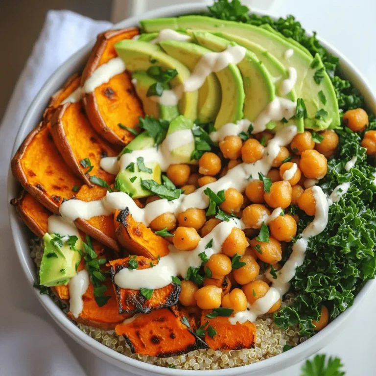 - 2 medium sweet potatoes, peeled and cut into bite-sized cubes - 1 can (15 oz) chickpeas, drained and thoroughly rinsed - 2 cups cooked quinoa (white, red, or a mix) - 1 cup kale, stems removed and chopped - 1 ripe avocado, sliced thinly - 2 tablespoons olive oil, divided - 1 teaspoon smoked paprika - 1 teaspoon ground cumin - 1/4 cup tahini (sesame seed paste) - 2 tablespoons fresh lemon juice - 1 tablespoon pure maple syrup - Sea salt and freshly ground black pepper, to taste - Water, as needed to achieve desired tahini dressing consistency - Fresh parsley, chopped (for a bright garnish) - Sea salt - Black pepper When you gather these ingredients, you set the stage for a nourishing meal. The sweet potatoes bring warmth and sweetness. Chickpeas add protein and fiber. Quinoa rounds it out with a nutty flavor. Kale packs in the nutrients, while avocado adds creaminess. Each ingredient plays a key role in making this bowl a delight. Explore the full recipe for detailed steps! Start by preheating your oven to 400°F (200°C). This hot temperature helps roast the sweet potatoes and chickpeas perfectly. Proper heat makes a big difference in texture and flavor. Next, take your sweet potatoes. Peel and cut them into bite-sized cubes. In a mixing bowl, toss the cubes with 1 tablespoon of olive oil, smoked paprika, ground cumin, sea salt, and black pepper. Ensure each piece is well coated. Spread them on a baking sheet in a single layer. Roast for 25-30 minutes, flipping halfway through. You want them tender with a caramelized edge. While the sweet potatoes cook, prepare the chickpeas. Drain and rinse them well. In a bowl, mix the chickpeas with the remaining tablespoon of olive oil, sea salt, and black pepper. Toss gently to coat. Spread them on another baking sheet. Roast for about 20 minutes until they turn crispy and golden. Now, let’s move on to the quinoa. If you haven’t cooked it yet, follow the package instructions. Use a 2:1 water-to-quinoa ratio for the best results. Once cooked, fluff it with a fork and keep it warm. For the tahini dressing, grab a small bowl. Whisk together 1/4 cup of tahini, 2 tablespoons of fresh lemon juice, and 1 tablespoon of pure maple syrup. Add water slowly until you reach a smooth, creamy consistency. This dressing should drizzle easily over your bowl. Now for the fun part: assembling your Buddha bowl! Start by layering the quinoa at the bottom. Next, add the roasted sweet potatoes and crispy chickpeas. Then, toss in some chopped kale and finish with thinly sliced avocado. Drizzle the tahini dressing on top and sprinkle fresh parsley for a pop of color. Enjoy your Sweet Potato and Chickpea Buddha Bowl! It’s a feast for both the eyes and your taste buds. For the complete recipe, check out the [Full Recipe]. When selecting sweet potatoes, look for firm and smooth skin. Avoid any with soft spots or blemishes. The color should be bright, indicating freshness. Choose medium-sized potatoes for even cooking. If you can, pick organic sweet potatoes. They usually have better taste and less pesticide. You can make your tahini dressing more exciting. Try adding garlic for a bold flavor. A pinch of cayenne adds heat if you like spice. For a sweet touch, mix in a bit more maple syrup. If you want a tangy taste, add a splash of apple cider vinegar. These tweaks make the dressing unique and delicious. A Buddha bowl is tasty on its own, but pairing it enhances the meal. Serve it with a side of roasted vegetables for extra crunch. A simple green salad works well too. If you want more protein, add grilled chicken or tofu. For a fun twist, serve it with pita bread and hummus. This makes for a colorful and filling dinner. For the full recipe, check out the Sweet Potato and Chickpea Buddha Bowl. {{image_4}} You can change the protein in your Buddha bowl. Instead of chickpeas, try black beans or lentils. Both legumes add great taste and protein. You can also use cooked chicken or tofu for a different flavor. Each option brings its own unique texture and taste to the dish. Feel free to switch out the quinoa for other grains. Brown rice, farro, or even couscous can work well. Each grain brings a different chewiness and flavor. Farro has a nutty taste, while brown rice is hearty. Choose what you like best! You can add seasonal veggies for freshness. In spring, try asparagus or peas. In summer, add bell peppers or zucchini. Fall calls for roasted Brussels sprouts or butternut squash. Winter is great for root veggies like carrots or parsnips. Use what is available to you! For the full recipe, check out the Sweet Potato and Chickpea Buddha Bowl. To store your Sweet Potato and Chickpea Buddha Bowl, let it cool first. Use airtight containers to keep it fresh. Place the quinoa, sweet potatoes, chickpeas, and veggies in separate containers. This helps keep the flavors and textures. Store them in the fridge for up to four days. When you reheat, aim for gentle warmth. Use a microwave or a pan on low heat. Add a splash of water if needed to keep things moist. This helps maintain the good texture of the sweet potatoes and chickpeas. Stir occasionally to heat evenly. For freezing, freeze each component separately. Use freezer-safe containers or bags. Sweet potatoes and chickpeas can last up to three months in the freezer. Quinoa can also freeze well. To use, thaw overnight in the fridge before reheating. This keeps your Buddha bowl fresh and tasty for future meals. Making a Sweet Potato and Chickpea Buddha Bowl takes about 50 minutes. You spend 15 minutes prepping and 35 minutes cooking. This time includes roasting the sweet potatoes and chickpeas, cooking the quinoa, and making the dressing. Yes, this dish is already vegan! It uses chickpeas, sweet potatoes, and quinoa. The tahini dressing is also plant-based. You can enjoy this bowl without any animal products. If you have an allergy or dislike tahini, you can use sunflower seed butter. You can also try almond butter or peanut butter. These options will change the flavor slightly but still taste great in the bowl. This article shows how to make a delicious Sweet Potato and Chickpea Buddha Bowl. You learned about the main ingredients like sweet potatoes, chickpeas, and quinoa. I shared tips on cooking, seasoning, and dressing to enhance your flavors. You also discovered variations and storage methods to keep your bowl fresh. Now, you can create a tasty, healthy meal that fits your needs. Enjoy trying out your own mix of ingredients and flavors!