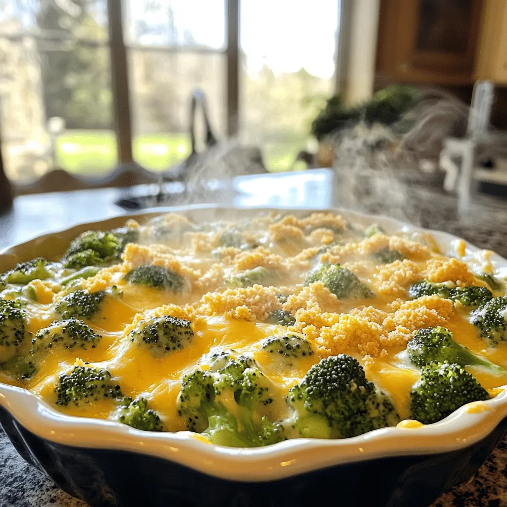 - Fresh broccoli florets - Cooked rice (white or brown) - Sharp cheddar cheese - Cream of mushroom soup The main ingredients of this Cheesy Broccoli Casserole make it special. Fresh broccoli florets add color and crunch. Cooked rice gives it a nice base. The sharp cheddar cheese brings a rich flavor. Cream of mushroom soup ties everything together. - Milk - Diced onion - Garlic powder - Spices (black pepper, salt) For added flavor, we need some extra ingredients. Milk makes the sauce creamy. Diced onion adds a nice bite. Garlic powder gives a warm taste. Black pepper and salt bring out all the flavors. - Crushed buttery crackers - Melted butter The topping is key! Crushed buttery crackers create a crunchy layer. Melted butter makes the topping golden and rich. Together, they complete the casserole perfectly. This recipe is easy to follow, and you can find the full recipe online. 1. Preheat the oven Set your oven to 350°F (175°C). This step ensures even cooking and a nice finish. 2. Blanch broccoli florets Boil a large pot of salted water. Once boiling, add the fresh broccoli florets. Blanch them for 3 minutes. This keeps their bright color and crisp texture. After 3 minutes, drain the broccoli and set it aside. 1. Combine cream of mushroom soup and milk In a medium mixing bowl, pour in 1 cup of cream of mushroom soup and 1/2 cup of milk. Whisk them until the mixture is smooth. 2. Add cheese, rice, and seasonings To the soup mixture, add 1 cup of shredded sharp cheddar cheese, 2 cups of cooked rice, 1/2 cup of diced onion, 1/2 teaspoon of garlic powder, 1/2 teaspoon of black pepper, and 1/4 teaspoon of salt. Stir everything together until it's well mixed. 1. Fold in blanched broccoli Gently add the blanched broccoli florets into the cheese mixture. Make sure every piece of broccoli gets coated with the cheesy goodness. 2. Transfer to a baking dish Lightly grease a 9x13 inch baking dish. Carefully spread the broccoli and cheese mixture evenly in the dish. This helps it cook well. You can check the [Full Recipe] for more details on serving and presentation tips! To make your casserole great, mix all the ingredients well. This helps every bite taste awesome. When you add the broccoli, make sure not to overcook it. Blanching for 3 minutes keeps it bright and crunchy. You want the broccoli to stay fresh and not mushy. For a perfect golden crust, watch the baking time closely. Bake at 350°F (175°C) for 25-30 minutes. Check when you see bubbles and a golden top. If you let it bake too long, the crust can burn. Set a timer to help you keep track. Serve your cheesy broccoli casserole warm. It looks nice with a sprinkle of fresh parsley on top. You can also pair it with a green salad for a yummy meal. This adds color and freshness to your plate. For the best taste, enjoy it right after baking. {{image_4}} You can switch up the cheese in this dish for fun. Try mozzarella for a milder taste or pepper jack for a bit of heat. You can also use cream of chicken soup instead of mushroom soup for a different flavor. Both options work well and keep the dish creamy. If you need a gluten-free version, use gluten-free crackers or skip the topping altogether. You can also swap the rice for quinoa to make it even healthier. For a vegetarian twist, just make sure your soup and crackers are meat-free. You can cut calories by using low-fat cheese or a smaller amount of cheese. Herbs can really boost the taste of your casserole. Try adding thyme or rosemary for a fresh kick. If you want more protein, you can mix in cooked chicken or sausage. This makes the dish heartier and perfect for a main meal. Just remember to adjust your cooking time if you add more ingredients. For more tips and ideas, check out the Full Recipe. To keep your casserole fresh, store it in the fridge. Place it in an airtight container. This helps prevent drying out. You can also cover the dish tightly with plastic wrap. Use a glass or plastic container that seals well. To reheat your Cheesy Broccoli Casserole, first, preheat your oven to 350°F (175°C). Cover the dish with foil to keep it moist. Bake for about 20 minutes, checking to ensure it's heated through. If you want to freeze it, let it cool completely first. Use freezer-safe containers to store it. Thaw overnight in the fridge before reheating. In the fridge, your casserole lasts for about 3 to 5 days. Keep an eye out for signs of spoilage. If you see mold or smell something off, it’s time to toss it. Always trust your senses when it comes to food safety. To make Cheesy Broccoli Casserole from scratch, follow these steps: 1. Preheat your oven to 350°F (175°C). 2. Boil water in a large pot, add 4 cups of fresh broccoli florets, and blanch for 3 minutes. Drain and set aside. 3. In a bowl, mix 1 cup of cream of mushroom soup with ½ cup of milk until smooth. 4. Add 2 cups of cooked rice, 1 cup of shredded sharp cheddar cheese, ½ cup of diced onion, ½ teaspoon of garlic powder, ½ teaspoon of black pepper, and ¼ teaspoon of salt. Stir well. 5. Gently fold the blanched broccoli into the cheese mixture until well coated. 6. Grease a baking dish and spread the mixture evenly inside. 7. Mix crushed buttery crackers with 2 tablespoons of melted butter. Sprinkle on top of the casserole. 8. Bake for 25-30 minutes until bubbly and golden brown. Key tips include using fresh broccoli for best texture and ensuring even mixing of all ingredients. For the full recipe, check the details above. Yes, you can use frozen broccoli. Here are the pros and cons: - Pros: - Convenient and saves time. - Often pre-washed and pre-cut. - Cons: - Can be softer than fresh after cooking. - May lose some flavor and texture. If using frozen, thaw and drain it well to remove excess moisture before adding it to your casserole. Cheesy Broccoli Casserole pairs well with several side dishes. Here are some ideas: - A fresh green salad adds crunch and balance. - Serve with roasted chicken for protein. - Pair with garlic bread for a comforting meal. - Add a side of mashed potatoes for extra creaminess. These sides help create a well-rounded meal and enhance the casserole's rich flavors. You learned how to make a simple and tasty Cheesy Broccoli Casserole. We covered fresh and cooked ingredients, mixing steps, and baking tips. You also discovered ways to customize the dish and store leftovers. This casserole is an easy meal for any day. It’s quick to prepare and fun to share. Enjoy making it, and feel free to get creative with your favorite flavors. Happy cooking!