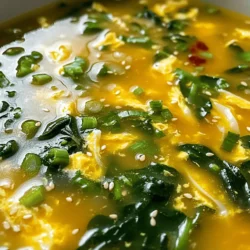 To make a great egg drop soup, you need a few key items. Here’s what you’ll need: - 4 cups vegetable or chicken broth - 2 large eggs - 1 tablespoon cornstarch - 2 tablespoons water - 2 green onions, finely chopped - 1 cup fresh baby spinach - 1 teaspoon freshly grated ginger - 1 clove garlic, minced - 1 teaspoon sesame oil - Salt and white pepper, to taste - 1 teaspoon chili oil (optional, for garnish) These ingredients create a warm, tasty soup that comforts anyone. To give your egg drop soup a unique twist, consider adding fresh baby spinach and ginger. The spinach adds a vibrant green color and extra vitamins. Ginger brings a warm, spicy note that enhances the flavor. You can also use chili oil as a garnish for a spicy kick. If you don’t have an ingredient on hand, don’t worry! You can easily swap items. For the broth, use vegetable broth for a vegetarian option. Instead of eggs, try silken tofu for a vegan version. If you lack green onions, use chives or leeks instead. Cornstarch can be replaced with arrowroot powder for a gluten-free option. This flexibility makes the recipe easy to customize! For the full recipe, check [Full Recipe]. Start by heating 4 cups of vegetable or chicken broth in a medium pot. Use medium heat and bring it to a gentle simmer. When the broth simmers, add 1 teaspoon of freshly grated ginger and 1 clove of minced garlic. Stir the broth gently. This helps mix the flavors well. Next, combine 1 tablespoon of cornstarch with 2 tablespoons of water in a small bowl. Whisk until smooth. Gradually pour this mixture into the simmering broth, stirring constantly. This prevents lumps from forming. Let the broth simmer for a few more minutes until it thickens slightly, then lower the heat to keep it warm. In a separate bowl, beat 2 large eggs lightly with a fork. Once the broth is warm, slowly drizzle the beaten eggs into the pot while stirring in a circular motion. This technique helps create delicate ribbons of egg in the soup. Watch as the eggs swirl and form a silky texture. This step is crucial for that classic egg drop soup look. Add 2 tablespoons of finely chopped green onions and 1 cup of fresh baby spinach to the pot. Stir the soup gently and let the spinach wilt for about 1-2 minutes. Finally, drizzle in 1 teaspoon of sesame oil for added flavor. Season the soup with salt and white pepper to taste. For a spicy kick, you may garnish with 1 teaspoon of chili oil, if desired. This will elevate your soup and give it a unique twist. Enjoy your comforting bowl of Egg Drop Soup made with love. For the complete process, check the Full Recipe. To beat eggs well, crack them into a bowl first. Use a fork or whisk. Stir them gently but quickly. You want to mix the yolks and whites until they look uniform. This makes ribbons when you add them to the soup. If you want fluffier eggs, use a splash of water. It helps them puff up nicely. To thicken your soup, mix cornstarch with water first. This creates a smooth paste. Stir it slowly into the hot broth while it simmers. This keeps lumps from forming. Remember to let the soup simmer for a few minutes after adding the cornstarch. This helps it thicken without losing flavor. When serving, use pretty bowls to make it special. A sprinkle of green onions adds color. You can also add sesame seeds for crunch. If you like spice, drizzle a bit of chili oil on top. It looks great and adds flavor. Enjoy your beautiful egg drop soup! {{image_4}} To add heat, try spicy egg drop soup. Start with the basic recipe. After adding the eggs, drizzle in a teaspoon of chili oil. This oil brings warmth and flavor. For more spice, use two teaspoons. The heat from the chili oil pairs well with the silky soup. If you like it hot, adjust the chili oil to your taste. For a vegetarian soup, swap out the eggs for tofu. Use firm tofu for a great texture. Cut it into small cubes. Add the cubes after the broth thickens. Let them heat through for a few minutes. This keeps the tofu soft but firm. The tofu adds protein while keeping it plant-based. You can enjoy this version without losing flavor. You can boost nutrition by adding more vegetables. Consider adding carrots, peas, or bell peppers. Chop these veggies into small pieces. Add them to the broth after it simmers. Let them cook until tender. This not only adds color but also makes the soup more filling. It’s a great way to sneak in some extra nutrition. You can mix and match veggies based on what you have. For more details, check out the Full Recipe. Storing leftover egg drop soup is simple. Allow the soup to cool down first. Then, pour it into an airtight container. Make sure to seal the container well. This will keep the soup fresh and safe to eat. You can store it in the fridge for up to three days. If you want to keep it longer, freezing is a great option. When you're ready to eat your leftover soup, reheating is easy. Pour the soup into a pot. Heat it over medium-low heat. Stir occasionally to help it warm evenly. If the soup seems thick, add a splash of broth or water. This will bring it back to its silky texture. Avoid boiling, as this can change the eggs. Heat until steaming, and it's ready to enjoy! Freezing egg drop soup is a great way to save it for later. First, let the soup cool completely. Then, use a freezer-safe container or a ziplock bag. If using a bag, remove as much air as possible. This helps prevent freezer burn. Label the container with the date. You can freeze the soup for up to three months. When you're ready to eat, thaw it in the fridge overnight before reheating. For the full recipe, check out the Silky Egg Drop Soup with a Twist. The secret lies in the broth. Use high-quality vegetable or chicken broth for great flavor. Simmer it gently and add fresh ginger and garlic for a warm kick. Whisk the cornstarch with water well to avoid lumps. When you add the eggs, stir gently in a circle for silky ribbons. This simple technique makes your soup shine. Yes, you can! While traditional recipes use just eggs, feel free to add cooked chicken, shrimp, or tofu. Cooked chicken adds heartiness, while shrimp gives a nice, sweet flavor. Tofu is a great choice for a vegetarian option. Just remember to add any proteins near the end to keep them tender. Homemade egg drop soup lasts about three to four days in the fridge. Store it in an airtight container to keep it fresh. However, the texture may change slightly after a few days. The eggs might not stay as silky, but the taste remains good. Always reheat it gently on the stove or in the microwave for the best flavor. For the full recipe, check out the Silky Egg Drop Soup with a Twist. This article outlined how to make egg drop soup with ease. I shared key ingredients, useful tips, and tasty variations. Each step helps you create a rich, flavorful broth and achieve that silky texture. Cooking is fun, and soups are great for families. Remember to keep leftovers safe and easily reheatable. Enjoy making your own soup and experimenting with flavors. You can impress your friends and family with this classic dish. Happy cooking!