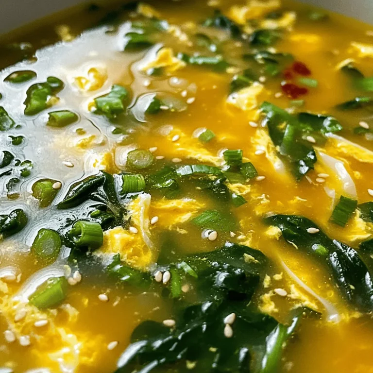 To make a great egg drop soup, you need a few key items. Here’s what you’ll need: - 4 cups vegetable or chicken broth - 2 large eggs - 1 tablespoon cornstarch - 2 tablespoons water - 2 green onions, finely chopped - 1 cup fresh baby spinach - 1 teaspoon freshly grated ginger - 1 clove garlic, minced - 1 teaspoon sesame oil - Salt and white pepper, to taste - 1 teaspoon chili oil (optional, for garnish) These ingredients create a warm, tasty soup that comforts anyone. To give your egg drop soup a unique twist, consider adding fresh baby spinach and ginger. The spinach adds a vibrant green color and extra vitamins. Ginger brings a warm, spicy note that enhances the flavor. You can also use chili oil as a garnish for a spicy kick. If you don’t have an ingredient on hand, don’t worry! You can easily swap items. For the broth, use vegetable broth for a vegetarian option. Instead of eggs, try silken tofu for a vegan version. If you lack green onions, use chives or leeks instead. Cornstarch can be replaced with arrowroot powder for a gluten-free option. This flexibility makes the recipe easy to customize! For the full recipe, check [Full Recipe]. Start by heating 4 cups of vegetable or chicken broth in a medium pot. Use medium heat and bring it to a gentle simmer. When the broth simmers, add 1 teaspoon of freshly grated ginger and 1 clove of minced garlic. Stir the broth gently. This helps mix the flavors well. Next, combine 1 tablespoon of cornstarch with 2 tablespoons of water in a small bowl. Whisk until smooth. Gradually pour this mixture into the simmering broth, stirring constantly. This prevents lumps from forming. Let the broth simmer for a few more minutes until it thickens slightly, then lower the heat to keep it warm. In a separate bowl, beat 2 large eggs lightly with a fork. Once the broth is warm, slowly drizzle the beaten eggs into the pot while stirring in a circular motion. This technique helps create delicate ribbons of egg in the soup. Watch as the eggs swirl and form a silky texture. This step is crucial for that classic egg drop soup look. Add 2 tablespoons of finely chopped green onions and 1 cup of fresh baby spinach to the pot. Stir the soup gently and let the spinach wilt for about 1-2 minutes. Finally, drizzle in 1 teaspoon of sesame oil for added flavor. Season the soup with salt and white pepper to taste. For a spicy kick, you may garnish with 1 teaspoon of chili oil, if desired. This will elevate your soup and give it a unique twist. Enjoy your comforting bowl of Egg Drop Soup made with love. For the complete process, check the Full Recipe. To beat eggs well, crack them into a bowl first. Use a fork or whisk. Stir them gently but quickly. You want to mix the yolks and whites until they look uniform. This makes ribbons when you add them to the soup. If you want fluffier eggs, use a splash of water. It helps them puff up nicely. To thicken your soup, mix cornstarch with water first. This creates a smooth paste. Stir it slowly into the hot broth while it simmers. This keeps lumps from forming. Remember to let the soup simmer for a few minutes after adding the cornstarch. This helps it thicken without losing flavor. When serving, use pretty bowls to make it special. A sprinkle of green onions adds color. You can also add sesame seeds for crunch. If you like spice, drizzle a bit of chili oil on top. It looks great and adds flavor. Enjoy your beautiful egg drop soup! {{image_4}} To add heat, try spicy egg drop soup. Start with the basic recipe. After adding the eggs, drizzle in a teaspoon of chili oil. This oil brings warmth and flavor. For more spice, use two teaspoons. The heat from the chili oil pairs well with the silky soup. If you like it hot, adjust the chili oil to your taste. For a vegetarian soup, swap out the eggs for tofu. Use firm tofu for a great texture. Cut it into small cubes. Add the cubes after the broth thickens. Let them heat through for a few minutes. This keeps the tofu soft but firm. The tofu adds protein while keeping it plant-based. You can enjoy this version without losing flavor. You can boost nutrition by adding more vegetables. Consider adding carrots, peas, or bell peppers. Chop these veggies into small pieces. Add them to the broth after it simmers. Let them cook until tender. This not only adds color but also makes the soup more filling. It’s a great way to sneak in some extra nutrition. You can mix and match veggies based on what you have. For more details, check out the Full Recipe. Storing leftover egg drop soup is simple. Allow the soup to cool down first. Then, pour it into an airtight container. Make sure to seal the container well. This will keep the soup fresh and safe to eat. You can store it in the fridge for up to three days. If you want to keep it longer, freezing is a great option. When you're ready to eat your leftover soup, reheating is easy. Pour the soup into a pot. Heat it over medium-low heat. Stir occasionally to help it warm evenly. If the soup seems thick, add a splash of broth or water. This will bring it back to its silky texture. Avoid boiling, as this can change the eggs. Heat until steaming, and it's ready to enjoy! Freezing egg drop soup is a great way to save it for later. First, let the soup cool completely. Then, use a freezer-safe container or a ziplock bag. If using a bag, remove as much air as possible. This helps prevent freezer burn. Label the container with the date. You can freeze the soup for up to three months. When you're ready to eat, thaw it in the fridge overnight before reheating. For the full recipe, check out the Silky Egg Drop Soup with a Twist. The secret lies in the broth. Use high-quality vegetable or chicken broth for great flavor. Simmer it gently and add fresh ginger and garlic for a warm kick. Whisk the cornstarch with water well to avoid lumps. When you add the eggs, stir gently in a circle for silky ribbons. This simple technique makes your soup shine. Yes, you can! While traditional recipes use just eggs, feel free to add cooked chicken, shrimp, or tofu. Cooked chicken adds heartiness, while shrimp gives a nice, sweet flavor. Tofu is a great choice for a vegetarian option. Just remember to add any proteins near the end to keep them tender. Homemade egg drop soup lasts about three to four days in the fridge. Store it in an airtight container to keep it fresh. However, the texture may change slightly after a few days. The eggs might not stay as silky, but the taste remains good. Always reheat it gently on the stove or in the microwave for the best flavor. For the full recipe, check out the Silky Egg Drop Soup with a Twist. This article outlined how to make egg drop soup with ease. I shared key ingredients, useful tips, and tasty variations. Each step helps you create a rich, flavorful broth and achieve that silky texture. Cooking is fun, and soups are great for families. Remember to keep leftovers safe and easily reheatable. Enjoy making your own soup and experimenting with flavors. You can impress your friends and family with this classic dish. Happy cooking!