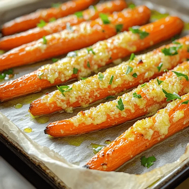 To make Garlic Parmesan Roasted Carrots, you need a few simple items: - 1 pound young carrots, peeled and trimmed - 3 tablespoons extra virgin olive oil - 4 cloves garlic, finely minced - 1/2 cup freshly grated Parmesan cheese - 1 teaspoon dried thyme - 1 teaspoon sea salt - 1/2 teaspoon freshly ground black pepper - A handful of fresh parsley, chopped for garnish These ingredients work together to create a tasty side dish. Using fresh ingredients is key to a great meal. Fresh carrots bring a sweet, crunchy texture. They also add a vibrant color to your plate. Fresh garlic gives you bold flavor and aroma. Fresh Parmesan melts nicely and adds creaminess. When you choose fresh items, you make the dish taste better. Fresh ingredients also provide more nutrients. This means you enjoy better flavor and health benefits. If you have food allergies, you can still enjoy this dish. Here are some easy swaps: - For dairy-free, try a vegan Parmesan or nutritional yeast. - If you cannot have gluten, check your Parmesan for gluten-free labeling. - Use olive oil alternatives like avocado oil if you have an allergy to olive oil. These substitutions let everyone enjoy Garlic Parmesan Roasted Carrots. You can find the full recipe in the article to guide your cooking! First, wash your young carrots well. Peel them to remove the skin. Trim off the tops and tails. This step makes them look nice and clean. Cut the carrots into even pieces. Aim for about 2 to 3 inches long. This helps them cook evenly. Grab a large mixing bowl. Place the cut carrots into this bowl. Drizzle in the olive oil and toss them well. Make sure every carrot is coated lightly in oil. Next, add the minced garlic, dried thyme, sea salt, and black pepper. Toss the mixture again. You want the flavors to mix fully over all the carrots. Now, line a baking sheet with parchment paper. Spread the carrots out in a single layer. This space helps them roast well. Place the baking sheet in your preheated oven at 425°F (220°C). Roast the carrots for 20 to 25 minutes. Halfway through, stir them gently. This ensures they cook evenly. When they are tender and caramelized, remove them from the oven. Sprinkle the grated Parmesan cheese on top. Toss them gently to coat. Return them to the oven for 2 to 3 minutes. This melts the cheese slightly and adds great flavor. Finally, sprinkle fresh parsley on top before serving. Enjoy your tasty Garlic Parmesan roasted carrots as a delightful side dish! For the full recipe, check out the instructions above. To get that sweet, golden color, you need the right heat. Set your oven to 425°F (220°C). This high temperature helps the carrots brown well. Spread the carrots out in a single layer on the baking sheet. Avoid crowding them; give them space to breathe. Stir them halfway through roasting to ensure even cooking. This will help them caramelize nicely and develop a rich flavor. If you have leftovers, store them in an airtight container. Let the carrots cool before sealing them up. They can last in the fridge for about 3-5 days. When you're ready to eat them, reheat in the oven. This keeps them crispy and tasty. Avoid microwaving, as it can make them soggy. Using the right tools makes a big difference. A sturdy baking sheet is key. Choose one with a rim to catch any juices. Parchment paper helps with sticking and cleanup. A mixing bowl for tossing the carrots in oil and spices is also handy. Finally, a good set of tongs will help you flip the carrots gently while they roast. For the full recipe, check out the previous sections. {{image_4}} If you like heat, add chili flakes to your carrots. Start with a pinch and mix it in. This small change gives a nice kick. You can adjust the amount to fit your taste. The heat balances well with the garlic and cheese, making every bite exciting. Try this if you enjoy spicy dishes! Parmesan is classic, but you can try other cheeses too. Grated Pecorino Romano adds a stronger flavor. Feta cheese gives a creamy touch. Vegan cheese is great for a dairy-free option. Just sprinkle your choice over the hot carrots for a tasty twist. Each cheese will change the flavor and feel of the dish. Carrots are fantastic, but don’t stop there! You can use parsnips, beets, or sweet potatoes. Each vegetable brings its unique taste. For example, beets add a sweet, earthy flavor and vibrant color. Just cut them to the same size as carrots for even cooking. This way, you can enjoy a mix of flavors in one dish. Remember, every root vegetable has its charm! For the full recipe, check out the details provided earlier. After you make Garlic Parmesan Roasted Carrots, let them cool first. Place the cooled carrots in an airtight container. Store them in the fridge for up to four days. This helps keep the flavors fresh. When you want to enjoy them again, just pull them out of the fridge. You can freeze these tasty carrots if you have leftovers. First, let them cool completely. Next, pack them in a freezer-safe bag. Try to remove as much air as possible to prevent freezer burn. These carrots can stay fresh for up to three months in the freezer. When you're ready to eat, thaw them in the fridge overnight. Reheating Garlic Parmesan Roasted Carrots is easy! You can use the oven for the best results. Preheat your oven to 350°F (175°C). Spread the carrots on a baking sheet. Warm them for about 10-15 minutes, or until heated through. You can also use the microwave for a quick option. Place the carrots in a microwave-safe dish and heat in 30-second intervals until warm. Enjoy them just like you did when they were fresh! For the full recipe, check out the details above. Yes, you can use frozen carrots, but fresh carrots are best. Frozen carrots may not roast as well and can become mushy. If using frozen, thaw them first and pat them dry. This helps avoid excess moisture. Roasting will take longer, so keep an eye on them. To make Garlic Parmesan Roasted Carrots vegan, swap out the cheese. Use nutritional yeast for a cheesy flavor or a vegan cheese substitute. Ensure that the olive oil is pure and free from animal products. This way, you keep the dish tasty while sticking to vegan choices. Garlic Parmesan Roasted Carrots pair well with many dishes. Try serving them alongside roasted chicken, grilled fish, or a hearty pasta. They also go great with veggie burgers or quinoa salads. The bright flavor of the carrots adds a nice touch to any meal. For the full recipe, check the detailed instructions above. Using fresh ingredients really makes a difference in your dish. You learned the steps to prep and roast carrots perfectly. Additionally, I provided tips to store leftovers safely and achieve the best caramelization. You can add different spices or vegetables for fun twists. Remember, reheating is easy! This recipe is simple and offers lots of options. Enjoy your Garlic Parmesan Roasted Carrots, and don't be afraid to experiment!