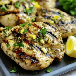 When making Lemon Herb Grilled Chicken, you need simple yet tasty ingredients. This dish shines with fresh flavors, so let's gather what you need. - 4 boneless, skinless chicken breasts - 1/4 cup extra virgin olive oil - Juice and zest of 2 fresh lemons - 4 cloves garlic, finely minced - 2 teaspoons dried oregano - 2 teaspoons dried thyme - 1 teaspoon sea salt - 1/2 teaspoon freshly ground black pepper - Fresh parsley, finely chopped (for garnish) - Lemon wedges (for serving) These ingredients make the chicken juicy and full of zest. The lemon juice brightens the flavor, while garlic and herbs add depth. You can find the full recipe in the next section. Having the right ingredients helps you create a beautiful meal. Make sure to use fresh lemon and herbs for the best taste. Enjoy cooking! Marinating Chicken Start by mixing the marinade. In a large bowl, combine: - 1/4 cup extra virgin olive oil - Juice and zest of 2 fresh lemons - 4 cloves garlic, finely minced - 2 teaspoons dried oregano - 2 teaspoons dried thyme - 1 teaspoon sea salt - 1/2 teaspoon freshly ground black pepper Whisk these ingredients well. This marinade brings bright, fresh flavors. Next, add the chicken breasts. Make sure each piece is coated fully. Cover the bowl and place it in the fridge. Let it marinate for at least 30 minutes. If you have time, two hours is even better. Grilling Process Once marinated, take the chicken out of the fridge. Let any excess marinade drip off. Discard the leftover marinade to keep your meal safe. Preheat your grill to medium-high heat. Place the chicken on the grill. Cook each side for about 6 to 7 minutes. Use a meat thermometer to check the internal temperature. It should reach 165°F (75°C). The chicken should not have any pink inside. Resting the Chicken After grilling, remove the chicken from the grill. Place it on a cutting board. Let it rest for 5 minutes. This helps keep the chicken juicy. As the meat rests, the juices redistribute. For added flair, chop some fresh parsley. Sprinkle it on the chicken once sliced. Serve with lemon wedges on the side. This adds a nice touch of flavor and color. For the complete process, check the Full Recipe. Ideal Marinating Time Marinating is key to great flavor. I suggest marinating the chicken for at least 30 minutes. However, for the best taste, go for 2 hours. This allows the chicken to absorb all the lemon and herb goodness. Checking Doneness To know if the chicken is done, use a meat thermometer. Look for an internal temperature of 165°F (75°C). This ensures the chicken is safe to eat and juicy. If you don’t have a thermometer, cut into the thickest part. The meat should not be pink. Resting Period Importance After grilling, let the chicken rest for 5 minutes. This step is crucial. Resting helps the juices stay inside the meat. If you skip this step, the chicken may dry out when you cut into it. Enjoy that moist, flavorful bite! For a complete guide, check the Full Recipe for Lemon Herb Grilled Chicken. {{image_4}} You can change the flavor of your Lemon Herb Grilled Chicken by adding spices. Try a pinch of paprika for warmth or a dash of cayenne for heat. For a smoky taste, add some smoked paprika. This small change can make a big difference! If you want to switch up the herbs, consider using fresh herbs. Basil, rosemary, or even cilantro can work well. Each herb adds its own unique taste, so feel free to mix and match. Use what you like best or have at home! The marinade is where you can truly get creative. You could swap out lemon juice for lime juice for a zesty twist. You can also add honey for sweetness or soy sauce for a savory depth. Experiment with different flavors to find your perfect mix. For the full recipe, visit the section on ingredients and cooking steps. Enjoy making this dish your own! Refrigeration Guidelines After your meal, store any leftover Lemon Herb Grilled Chicken in the fridge. Place the chicken in an airtight container. It will stay fresh for up to three days. Make sure to cool it down to room temperature before sealing it up. This helps keep it safe to eat later. Freezing Chicken If you want to keep it longer, freezing is a great option. Wrap the chicken tightly in plastic wrap or aluminum foil. Then, place it in a freezer-safe bag. This will protect it from freezer burn. You can freeze it for up to three months. When you're ready to eat, just thaw it in the fridge overnight. Reheating Instructions When reheating, make sure the chicken reaches an internal temperature of 165°F (75°C). You can use the microwave for quick heating. Just cover it with a damp paper towel to prevent dryness. Alternatively, you can reheat it in the oven at 350°F (175°C) for about 15-20 minutes. This will keep it juicy and tasty. Enjoy your flavorful Lemon Herb Grilled Chicken again! For the complete recipe, refer to the Full Recipe section. Yes, you can use bone-in chicken. Bone-in chicken adds flavor and moisture. Just adjust the cooking time. Bone-in pieces take longer to cook. Aim for an internal temperature of 165°F (75°C) for safety. Many sides go well with this dish. Here are some great options: - Grilled vegetables - Garlic mashed potatoes - Quinoa salad - Steamed broccoli - Fresh garden salad These sides will complement the herb flavors of the chicken. To prevent dry chicken, follow these tips: - Marinate the chicken for at least 30 minutes. - Do not overcook the chicken. Use a meat thermometer. - Let the chicken rest after grilling. This helps juices stay in. These steps will give you juicy, tender chicken every time. For the complete recipe and more tips, check the Full Recipe. In this post, we covered the key steps to make Lemon Herb Grilled Chicken. We explored the ingredients needed and the best practices for marinating and grilling. I shared tips on checking doneness and resting chicken for the best flavor. You can also customize flavors with spices or herbs and learned how to store leftovers. Remember, good grilling is about care and attention. With these tips, you will enjoy a tasty meal every time. Happy grilling!