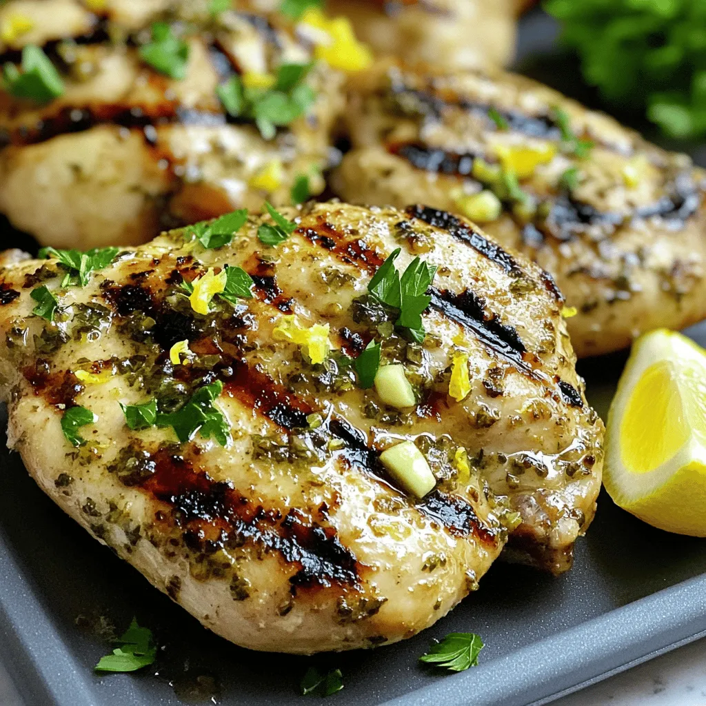 When making Lemon Herb Grilled Chicken, you need simple yet tasty ingredients. This dish shines with fresh flavors, so let's gather what you need. - 4 boneless, skinless chicken breasts - 1/4 cup extra virgin olive oil - Juice and zest of 2 fresh lemons - 4 cloves garlic, finely minced - 2 teaspoons dried oregano - 2 teaspoons dried thyme - 1 teaspoon sea salt - 1/2 teaspoon freshly ground black pepper - Fresh parsley, finely chopped (for garnish) - Lemon wedges (for serving) These ingredients make the chicken juicy and full of zest. The lemon juice brightens the flavor, while garlic and herbs add depth. You can find the full recipe in the next section. Having the right ingredients helps you create a beautiful meal. Make sure to use fresh lemon and herbs for the best taste. Enjoy cooking! Marinating Chicken Start by mixing the marinade. In a large bowl, combine: - 1/4 cup extra virgin olive oil - Juice and zest of 2 fresh lemons - 4 cloves garlic, finely minced - 2 teaspoons dried oregano - 2 teaspoons dried thyme - 1 teaspoon sea salt - 1/2 teaspoon freshly ground black pepper Whisk these ingredients well. This marinade brings bright, fresh flavors. Next, add the chicken breasts. Make sure each piece is coated fully. Cover the bowl and place it in the fridge. Let it marinate for at least 30 minutes. If you have time, two hours is even better. Grilling Process Once marinated, take the chicken out of the fridge. Let any excess marinade drip off. Discard the leftover marinade to keep your meal safe. Preheat your grill to medium-high heat. Place the chicken on the grill. Cook each side for about 6 to 7 minutes. Use a meat thermometer to check the internal temperature. It should reach 165°F (75°C). The chicken should not have any pink inside. Resting the Chicken After grilling, remove the chicken from the grill. Place it on a cutting board. Let it rest for 5 minutes. This helps keep the chicken juicy. As the meat rests, the juices redistribute. For added flair, chop some fresh parsley. Sprinkle it on the chicken once sliced. Serve with lemon wedges on the side. This adds a nice touch of flavor and color. For the complete process, check the Full Recipe. Ideal Marinating Time Marinating is key to great flavor. I suggest marinating the chicken for at least 30 minutes. However, for the best taste, go for 2 hours. This allows the chicken to absorb all the lemon and herb goodness. Checking Doneness To know if the chicken is done, use a meat thermometer. Look for an internal temperature of 165°F (75°C). This ensures the chicken is safe to eat and juicy. If you don’t have a thermometer, cut into the thickest part. The meat should not be pink. Resting Period Importance After grilling, let the chicken rest for 5 minutes. This step is crucial. Resting helps the juices stay inside the meat. If you skip this step, the chicken may dry out when you cut into it. Enjoy that moist, flavorful bite! For a complete guide, check the Full Recipe for Lemon Herb Grilled Chicken. {{image_4}} You can change the flavor of your Lemon Herb Grilled Chicken by adding spices. Try a pinch of paprika for warmth or a dash of cayenne for heat. For a smoky taste, add some smoked paprika. This small change can make a big difference! If you want to switch up the herbs, consider using fresh herbs. Basil, rosemary, or even cilantro can work well. Each herb adds its own unique taste, so feel free to mix and match. Use what you like best or have at home! The marinade is where you can truly get creative. You could swap out lemon juice for lime juice for a zesty twist. You can also add honey for sweetness or soy sauce for a savory depth. Experiment with different flavors to find your perfect mix. For the full recipe, visit the section on ingredients and cooking steps. Enjoy making this dish your own! Refrigeration Guidelines After your meal, store any leftover Lemon Herb Grilled Chicken in the fridge. Place the chicken in an airtight container. It will stay fresh for up to three days. Make sure to cool it down to room temperature before sealing it up. This helps keep it safe to eat later. Freezing Chicken If you want to keep it longer, freezing is a great option. Wrap the chicken tightly in plastic wrap or aluminum foil. Then, place it in a freezer-safe bag. This will protect it from freezer burn. You can freeze it for up to three months. When you're ready to eat, just thaw it in the fridge overnight. Reheating Instructions When reheating, make sure the chicken reaches an internal temperature of 165°F (75°C). You can use the microwave for quick heating. Just cover it with a damp paper towel to prevent dryness. Alternatively, you can reheat it in the oven at 350°F (175°C) for about 15-20 minutes. This will keep it juicy and tasty. Enjoy your flavorful Lemon Herb Grilled Chicken again! For the complete recipe, refer to the Full Recipe section. Yes, you can use bone-in chicken. Bone-in chicken adds flavor and moisture. Just adjust the cooking time. Bone-in pieces take longer to cook. Aim for an internal temperature of 165°F (75°C) for safety. Many sides go well with this dish. Here are some great options: - Grilled vegetables - Garlic mashed potatoes - Quinoa salad - Steamed broccoli - Fresh garden salad These sides will complement the herb flavors of the chicken. To prevent dry chicken, follow these tips: - Marinate the chicken for at least 30 minutes. - Do not overcook the chicken. Use a meat thermometer. - Let the chicken rest after grilling. This helps juices stay in. These steps will give you juicy, tender chicken every time. For the complete recipe and more tips, check the Full Recipe. In this post, we covered the key steps to make Lemon Herb Grilled Chicken. We explored the ingredients needed and the best practices for marinating and grilling. I shared tips on checking doneness and resting chicken for the best flavor. You can also customize flavors with spices or herbs and learned how to store leftovers. Remember, good grilling is about care and attention. With these tips, you will enjoy a tasty meal every time. Happy grilling!