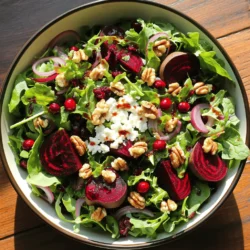 To make a vibrant roasted beet salad, you need the following ingredients: - 3 medium-sized beets, trimmed, scrubbed - 4 cups of mixed greens (arugula, spinach, baby kale) - 1/2 cup creamy goat cheese, crumbled - 1/4 cup walnuts, lightly toasted - 1/4 cup dried cranberries - 1/4 red onion, thinly sliced - 2 tablespoons extra virgin olive oil - 1 tablespoon balsamic vinegar - Salt and freshly ground black pepper to taste - Fresh herbs (parsley or dill) for garnish Each ingredient adds its own special touch. The beets bring a sweet, earthy flavor. Mixed greens provide freshness and a nice crunch. Goat cheese adds creaminess, while walnuts give a delightful crunch. Dried cranberries offer a sweet-tart contrast. Red onion adds a sharp bite, balancing the flavors. Olive oil and balsamic vinegar create a simple dressing that brings everything together. This salad not only tastes great, but it also looks stunning. The bright colors of the beets pop against the greens. You can find the full recipe for a step-by-step guide to prepare this delicious dish. Enjoy the blend of flavors and textures! 1. Preheat the oven to 400°F (200°C). This helps the beets roast perfectly. 2. Wrap each beet in aluminum foil. Make sure to seal them tightly. 3. Place the wrapped beets on a baking sheet. Roast them for 45-60 minutes. 4. Check for doneness by using a fork. If it goes in easily, they are ready. 5. Once done, take them out and let them cool. 6. Peel off the skins. They should come off easily. 7. Cut the beets into wedges. This makes them easy to mix into the salad. 1. In a large bowl, combine the mixed greens and sliced red onion. This will be the base of your salad. 2. In a separate small bowl, whisk together the extra virgin olive oil and balsamic vinegar. 3. Add a sprinkle of salt and pepper for taste. This dressing enhances the flavors. 1. Drizzle the dressing over the mixed greens and onion. 2. Gently toss the salad so everything is coated. 3. Carefully add the roasted beet wedges to the salad. 4. Sprinkle the crumbled goat cheese, toasted walnuts, and dried cranberries on top. 5. Use a light hand to toss again, keeping the beets intact. 6. Garnish with fresh herbs for extra color and flavor. For detailed ingredients and additional insights, check the Full Recipe. How to know when beets are perfectly roasted You can tell when beets are ready by testing them with a fork. They should feel soft and tender. If your fork slides in easily, they are done. Aim for about 45-60 minutes in the oven at 400°F (200°C). Tips for peeling beets easily after roasting Peeling beets can be tricky, but there’s an easy way. After roasting, let them cool for a few minutes. When cool enough to touch, wear kitchen gloves. The skins will slide off easily with your fingers. This method keeps your hands from staining. Suggestions for vinegar or oil substitutes If you want a twist on the dressing, try other vinegars. Apple cider vinegar or red wine vinegar work well. For oils, you can use avocado oil or flaxseed oil for a different flavor. How to make a citrus-based dressing A citrus dressing can brighten your salad. Mix the juice of one lemon or orange with olive oil. Add salt and pepper to taste. This fresh dressing will give your salad a zesty kick. Suggestions for additional herbs or spices Fresh herbs like basil or mint add great flavor. You can also use spices like cumin or smoked paprika to give a unique twist. Try mixing in some fresh chives for a mild onion flavor. Ways to add extra crunch or texture For more texture, consider adding seeds or crispy chickpeas. Toasted pumpkin seeds or sunflower seeds give a delightful crunch. You can also use croutons for an extra layer of flavor. {{image_4}} You can make your roasted beet salad even better. Try adding fruits like apples or pears. Their sweet crunch pairs perfectly with the earthy beets. You can also add nuts or seeds for a fun crunch. Pecans, almonds, or pumpkin seeds work well too. They bring both flavor and texture to the dish. Cheese can change the flavor of your salad. Feta cheese adds a nice tang, while blue cheese gives a bold taste. If you want a dairy-free option, try vegan cheese. It melts well and still adds creaminess to your salad. Choose a cheese that matches your taste and mood. Mixing your salad with different greens can enhance your dish. Try using arugula, spinach, or even kale. You can also add beans or lentils for extra protein. Seasonal ingredients keep the salad fresh. In spring, add fresh peas. In fall, try roasted squash. These small changes can make your salad exciting. For the full recipe, check out the guidelines above. To keep your roasted beet salad fresh, store it in an airtight container. Place it in the fridge right after serving. This way, you prevent moisture loss and keep flavors intact. If you have leftover beets, wrap them in foil or plastic. Store them in the fridge to keep them fresh for longer. You can make parts of the salad ahead of time. Roast the beets a day before and store them in the fridge. Mix the greens and onions in another container. Keep the dressing in a separate jar. When it’s time to serve, toss everything together. This keeps the salad crisp and fresh. The salad will last about three days in the fridge. Check for signs of spoilage, like an off smell or slimy greens. If you see these signs, it’s best to toss the salad. Always trust your senses; they guide you on food safety. For the freshest taste, eat it sooner rather than later. Beets are low in calories but high in nutrients. They contain fiber, vitamins, and minerals. A cup of cooked beets has around 58 calories, 2 grams of protein, and 3.8 grams of fiber. They are rich in folate, which helps in cell growth. Beets also have antioxidants that fight free radicals. The health benefits of beets include: - Improved heart health: Beets can lower blood pressure due to their nitrates. - Enhanced exercise performance: Nitrates also help increase blood flow and oxygen. - Anti-inflammatory properties: Beets may reduce inflammation and boost your immune system. Yes, using pre-cooked beets is very convenient. You can find them in most grocery stores. They save time and effort since you won’t have to roast them. To adjust the recipe, simply skip the roasting steps. Just chop the pre-cooked beets and add them to your salad. The flavor remains great, and you still get all the health benefits. Yes, this salad is perfect for meal prep! To make it a meal prep option, you can prepare the components in advance. - Store the greens and beets separately: This helps keep everything fresh. - Dress just before eating: Dress the salad right before serving to avoid sogginess. For the best freshness during the week, keep the salad in an airtight container. This way, you can enjoy a tasty, healthy meal anytime! This salad combines beets, greens, and cheese for a healthy treat. I shared tips on roasting beets and making the perfect dressing. You can add fruits or nuts for more flavor. Leftovers can last a few days if stored right. Enjoy this easy recipe to boost your meals. It’s a simple way to eat well and feel great!