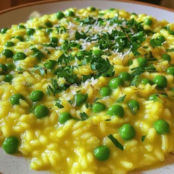 To make saffron risotto with peas, gather these key ingredients: - 1 cup Arborio rice - 4 cups vegetable broth - 1 small onion, finely chopped - 2 tablespoons olive oil - 1 tablespoon unsalted butter - 1/2 cup frozen peas, thawed - 1/4 teaspoon saffron threads - 1/2 cup grated Parmesan cheese (optional) - Salt and pepper to taste - Fresh parsley, chopped (for garnish) If you lack any of the main ingredients, I have some great swaps: - Arborio rice can be replaced with Carnaroli rice. - Vegetable broth can be swapped with chicken broth for a richer flavor. - Use shallots instead of onion for a sweeter taste. - For a vegan option, skip the butter and cheese or use vegan alternatives. Using fresh ingredients makes a big difference in flavor. Fresh peas offer sweetness, while a fresh onion adds depth. Quality saffron gives the dish its lovely aroma and golden hue. Always choose the best you can find. Investing in fresh ingredients helps you create a risotto that shines on the plate and tastes divine. For the complete cooking process, check out the Full Recipe. First, grab a small saucepan. Pour in 4 cups of vegetable broth. Heat it over medium heat until it simmers. Keep the broth warm on low heat. This helps the rice cook evenly. Next, take a large sauté pan. Add 2 tablespoons of olive oil and 1 tablespoon of unsalted butter. Heat it over medium heat. Once the butter melts and foams, add 1 small, finely chopped onion. Sauté for about 5 minutes. You want the onion to be soft and translucent. Now, add 1 cup of Arborio rice to the pan. Stir well to coat the rice with the onion mixture. Toast the rice for about 2 to 3 minutes. This allows the rice to absorb flavors and get slightly golden. In a ladle, combine 1/4 teaspoon of saffron threads with a few tablespoons of the warm broth. Let it steep for about 5 minutes. This releases the saffron's color and flavor. Pour in one ladle of warm broth to the rice. Stir constantly. Wait until the liquid is mostly absorbed. This step creates the creamy texture you want in risotto. Repeat this process, adding one ladle of broth at a time. Stir often. This should take about 18 to 20 minutes. With 5 minutes left, add in 1/2 cup of thawed peas and the saffron-infused broth. Stir gently to mix everything. Once done, remove the pan from heat. If you like, stir in 1/2 cup of grated Parmesan cheese. Season with salt and pepper to taste. Let the risotto sit off the heat for a couple of minutes. This helps the flavors meld nicely. For the complete instructions, refer to the Full Recipe. To make your saffron risotto creamy, stir often. Stirring releases starch from the rice. This starch is key for that rich texture. Use a wooden spoon for best results. Always add broth one ladle at a time. Wait until the liquid is mostly gone before adding more. This slow process helps the rice absorb flavors and creates creaminess. Watch out for these common pitfalls. First, don’t add all the broth at once. This can lead to uneven cooking. Next, avoid high heat. Cooking too fast can burn the rice. Lastly, don’t skip the resting time. Letting the risotto sit a few minutes helps the flavors blend. These steps ensure a dish that’s both tasty and smooth. Saffron is delicate and needs care. Always steep saffron in warm broth. This step helps release its color and flavor. Use just a pinch; it’s strong and expensive. Make sure to add it early in the cooking process. This allows the saffron to infuse throughout the dish. If you need more saffron flavor, try adding a bit more later. Just remember, a little goes a long way. For the full recipe, check out the Saffron Risotto with Peas section. {{image_4}} You can easily boost your saffron risotto with proteins. Chicken or shrimp works great. For chicken, use diced breast meat. Sauté it before adding the onion. For shrimp, add it in the last few minutes. Cook until they turn pink. This adds lovely flavor and makes the dish heartier. If you want a vegetarian or vegan risotto, skip the cheese and use vegetable broth. You can add more veggies like mushrooms or asparagus. These add color and texture. You can also use nutritional yeast to add a cheesy flavor without dairy. This keeps it light and fresh. Herbs and spices can take your risotto to the next level. Fresh basil or thyme adds brightness. Stir these in at the end for a fresh taste. If you like heat, a pinch of red pepper flakes works well too. You can also try adding lemon zest for a zesty twist. These small changes make a big difference. For the complete recipe, check out the Full Recipe. To keep leftover risotto fresh, place it in an airtight container. Let it cool first to avoid steam buildup, which can make it soggy. Store it in the fridge for up to three days. If you want to keep it longer, freezing is a good option. When you reheat risotto, add a splash of broth or water. This helps restore its creamy texture. Heat it slowly in a pan over medium heat, stirring frequently. You can also use a microwave, but add liquid and cover it loosely. Stir halfway through to ensure even heating. Freezing risotto is possible, but it may change the texture. For best results, freeze it right after cooling. Use freezer-safe containers or bags. When ready to eat, thaw overnight in the fridge. Reheat with added broth for the best results. Enjoy your creamy saffron risotto with peas! For the full recipe, check the earlier section. The best rice for risotto is Arborio rice. This rice has high starch content. It helps create a creamy texture. You can also use Carnaroli or Vialone Nano rice. Both types work well for risotto. They absorb flavors and release starch, making your dish rich. You can make saffron risotto ahead of time, but it may lose creaminess. If you do, cook it until just al dente. Let it cool and store it in the fridge. When ready to serve, reheat it slowly. Add a bit of broth or water to restore creaminess. To make risotto in a rice cooker, start by sautéing onion and rice in a pan. Then, transfer to the rice cooker. Add broth and saffron. Set it to cook. Stir occasionally. This helps mimic the traditional method. You will still get a creamy risotto. Saffron risotto does not freeze well. Freezing can change its texture. The rice may become mushy when thawed. If you must freeze it, put it in an airtight container. Use within one month for the best taste. Reheat slowly, adding broth to restore creaminess. To make great saffron risotto, use fresh ingredients and follow careful steps. We covered key ingredients, tips for creamy texture, and delicious variations. Remember, practice makes perfect. Keep these tips in mind for cooking, storing, and reheating. Enjoy your delicious risotto creation! You’ll impress family and friends with your skills.