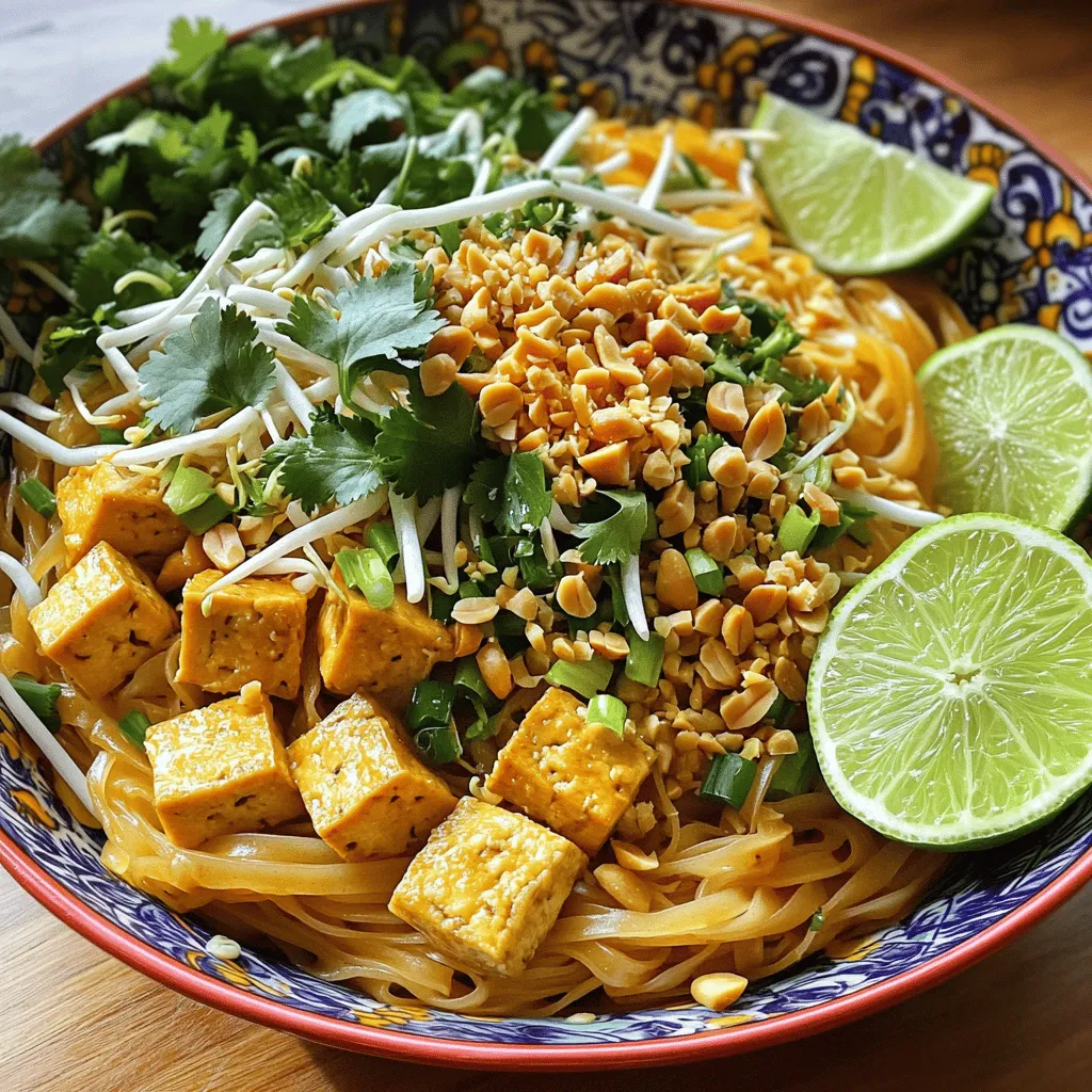 - 8 ounces rice noodles - 2 tablespoons vegetable oil - 2 cloves garlic, finely minced - 1 cup firm tofu, cubed (substitute with chicken if preferred) - 2 large eggs, lightly beaten - 1 cup fresh bean sprouts - 3 green onions, chopped (reserve half for garnish) - ¼ cup crushed peanuts, plus extra for garnish - 3 tablespoons soy sauce - 2 tablespoons packed brown sugar - 1 tablespoon freshly squeezed lime juice - Fresh cilantro leaves, for garnish - Lime wedges, for serving When you gather these ingredients, think about the flavors. Rice noodles give a nice base. Tofu adds a soft texture, while garlic brings a punch. The crunchy peanuts and fresh bean sprouts add fun bites. You can mix it up! Try shrimp or chicken instead of tofu. For a vegetarian twist, use tempeh. Lime juice is key, but you can also add tamarind for a tangy kick. Always pick fresh vegetables. Look for firm tofu and avoid any that feel slimy. Use fresh lime for juice. It tastes better than bottled juice. When you have fresh ingredients, your Pad Thai will shine! You can find the Full Recipe for more details on making this dish. Enjoy cooking! 1. Soaking the Rice Noodles Start by placing 8 ounces of rice noodles in a large bowl. Cover them with hot water. Let them soak for about 10 minutes or until they are soft but still have a slight bite. This step is key for perfect noodles. After soaking, drain them and set them aside. Make sure they do not stick together. 2. Sautéing the Aromatics and Cooking the Protein In a large skillet or wok, add 2 tablespoons of vegetable oil. Heat it over medium-high heat. Once hot, add 2 cloves of minced garlic and sauté for about 30 seconds. This will fill your kitchen with a lovely aroma. Next, add 1 cup of cubed tofu or chicken. Cook until golden brown on all sides, about 3-4 minutes. Stir occasionally for even cooking. 3. Combining All Ingredients Mindfully Push the cooked protein to one side of the skillet. Pour in 2 beaten eggs on the other side. Stir gently to scramble them until fully cooked. Mix them with the tofu or chicken. Now, add the soaked rice noodles to the skillet. Toss everything together with tongs or chopsticks. Pour in a mixture of 3 tablespoons of soy sauce, 2 tablespoons of brown sugar, and 1 tablespoon of lime juice. Stir well to coat all ingredients evenly. Finally, add 1 cup of fresh bean sprouts and half of the chopped green onions. Toss again and cook for an additional 2-3 minutes until everything is hot. These steps will help you create a delicious and colorful Easy Pad Thai. You can find the full recipe for more details and serving suggestions. Achieving the Perfect Noodle Texture To get great noodles, soak them in hot water. Follow the package directions. They should be soft yet firm, not mushy. After soaking, drain them well. If they stick together, rinse them briefly under cool water. How to Scramble Eggs Like a Pro For perfect scrambled eggs, push your cooked tofu aside in the pan. Pour the beaten eggs right into the empty space. Stir gently and keep an eye on them. They should be golden and fluffy, not dry. Using Tongs vs. Chopsticks for Tossing Tongs are great for tossing noodles. They give you more control. If you prefer chopsticks, use them for a fun touch. Both tools work; choose what feels best for you. Adjusting the Sauce to Your Taste Taste your sauce before adding it to the noodles. If you want it sweeter, add more brown sugar. For extra tang, squeeze in more lime juice. Don’t be afraid to play with flavors! Best Practices for Adding Fresh Vegetables Add fresh vegetables like bean sprouts at the end. This keeps their crunch. Toss them in the pan for just a few minutes. You want them warm but still crisp. Balancing Sweetness and Tanginess Sweetness and tanginess make your dish shine. If your Pad Thai is too sweet, add more lime juice. If it’s too tangy, sprinkle in more sugar. Finding the right balance is key to a great dish! {{image_4}} Tofu vs. Chicken: Which Is Best? Tofu is great for a meatless meal. It soaks up flavors well. Chicken gives a tasty, savory bite. Both options work nicely in Easy Pad Thai. Choose based on your taste and diet. Adding Shrimp or Other Seafood Shrimp adds a lovely sweetness to Pad Thai. Simply sauté shrimp until they turn pink. You can also use other seafood like scallops or squid. These choices bring a fresh ocean flavor to the dish. Vegetarian or Vegan Modifications For a vegan dish, stick with tofu. You can use vegetable broth instead of chicken broth for the sauce. Replace eggs with scrambled tofu or chickpea flour. This keeps the meal rich and hearty. Spicy Pad Thai Adjustments Want some heat? Add chili flakes or sriracha to the sauce. Start with a little, then taste. You can always add more if you like it spicy. This adjustment makes your Pad Thai exciting and bold. Adding Unique Ingredients (like bell peppers, carrots) Try adding bell peppers for crunch and color. Shredded carrots also add a sweet touch. You can toss in other veggies like snow peas or broccoli. These additions make your dish more colorful and nutritious. Southwest Style Pad Thai Options For a fun twist, think Southwest! Swap soy sauce for a chipotle sauce. Add black beans and corn for a hearty mix. Top it with avocado and fresh cilantro. This gives your Pad Thai a fresh and unique flavor. For more details, check the Full Recipe. To keep your Easy Pad Thai fresh, store leftovers in an airtight container. This helps to lock in flavors and moisture. Make sure the dish has cooled down before sealing it. Easy Pad Thai lasts for about 3 to 4 days in the fridge. If it smells off or looks strange, it’s best to toss it out. When it comes to reheating, using the stovetop is often better than the microwave. The stovetop helps maintain the texture of the noodles. To reheat on the stovetop, add a splash of water or oil in a pan. Heat over medium until warm. If using a microwave, place the Pad Thai in a bowl and cover it. Heat in short bursts, stirring in between. To prevent your noodles from getting sticky, add a little water or oil before reheating. This keeps them nice and moist. If they feel too dry, toss in a bit more sauce or fresh lime juice to brighten the flavors. Enjoy your delicious Pad Thai, even the next day! Can I Make Pad Thai Without Tamarind Paste? Yes, you can skip tamarind paste. Use lime juice instead. It offers a nice tang. You can also use vinegar if you don’t have lime. What Are the Best Noodles for Pad Thai? Rice noodles are best for Pad Thai. Look for flat rice noodles, often called rice sticks. They cook quickly and soak up flavors well. How to Make Pad Thai Gluten-Free? To make Pad Thai gluten-free, use gluten-free soy sauce. Also, check the rice noodles for gluten-free labels. Most rice noodles are naturally gluten-free. What to Do If My Noodles Are Too Sticky? If your noodles are sticky, rinse them under cold water. This will help separate them. You can also add a bit of oil when cooking them. How to Enhance Flavor if Dish Seems Too Bland? Add more soy sauce or lime juice for a flavor boost. You can also sprinkle in some crushed peanuts or chili flakes to spice things up. Overcooked Ingredients: What Can I Do? If you overcook vegetables, try adding fresh ones at the end. Fresh bean sprouts or green onions can add crunch and color. Can I Make Pad Thai Ahead of Time? Yes, you can prepare Pad Thai ahead of time. Just store the cooked noodles and sauce separately. Combine them right before serving for best results. Ways to Serve Easy Pad Thai for Gatherings For gatherings, serve Pad Thai in large bowls. Offer lime wedges and extra peanuts on the side. This lets everyone customize their dish. Nutritional Information for Easy Pad Thai You can find the nutritional info linked in the Full Recipe. It gives details on calories, protein, and more for a balanced meal. In this guide, I covered the key ingredients and steps to make Easy Pad Thai. You learned how to select fresh ingredients, cook the noodles perfectly, and enhance flavors. Variations offer options for different diets, like vegetarian and gluten-free. Storing and reheating tips will help keep your dish fresh. Remember, the right balance of flavors and techniques will elevate your Pad Thai experience. Enjoy making this dish; it’s a fun way to impress family and friends!