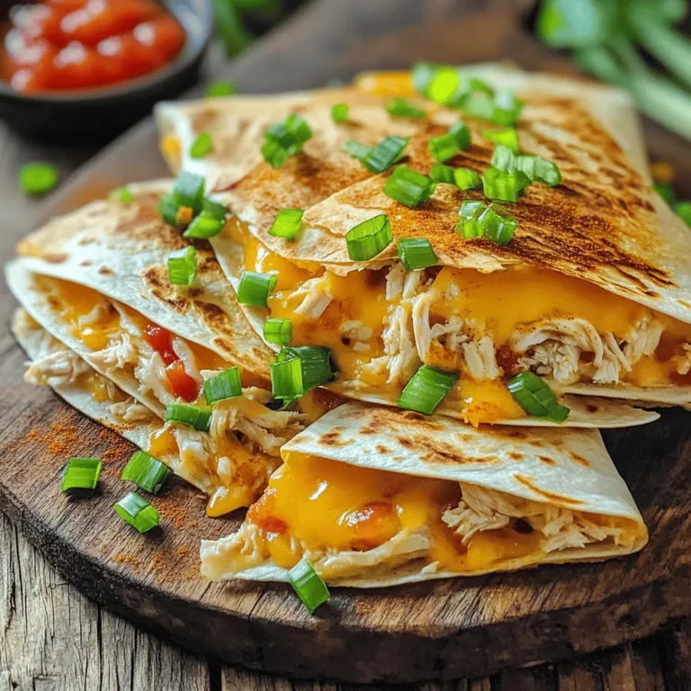 To make these tasty quesadillas, you will need: - 2 cups of cooked chicken, shredded - 1 cup of sharp cheddar cheese, grated - 1 cup of mozzarella cheese, grated - 1/2 cup of mild salsa - 1/4 cup of fresh green onions, chopped - 1 teaspoon of ground cumin - 1 teaspoon of smoked paprika - 4 large flour tortillas - 2 tablespoons of extra virgin olive oil - Sea salt and freshly ground black pepper, to taste Each serving of these quesadillas is a balanced choice. They pack protein from the chicken and cheese. The fresh green onions add fiber and vitamins. One serving offers around: - Calories: 400 - Protein: 25g - Carbs: 30g - Fat: 20g These values can vary based on the cheese and tortilla brands you choose. You don't need fancy tools to make these quesadillas. Here’s what I recommend: - Large mixing bowl - Non-stick skillet - Spatula - Cutting board - Sharp knife Having these items ready makes cooking quick and easy. You’ll be enjoying your quesadillas in no time! For the full recipe, check out the details above. First, gather your ingredients. You will need cooked chicken, cheeses, salsa, green onions, spices, and tortillas. In a large bowl, combine the shredded chicken with the cheddar and mozzarella cheese. Mix them well. Next, add the salsa, green onions, cumin, and smoked paprika. Stir until everything is well coated. You can season it with a pinch of sea salt and black pepper. This is key for taste. Now it's time to cook. Heat one tablespoon of olive oil in a non-stick skillet over medium heat. When the oil shimmers, place one tortilla in the pan. Scoop half of the chicken mixture onto one side of the tortilla. Spread it out evenly. Carefully fold the tortilla over to form a half-moon. Press down with a spatula to seal it. Cook for about 3-4 minutes until golden brown. Flip it and cook for another 3-4 minutes. The cheese should be melted and gooey. Once done, transfer the quesadilla to a cutting board. Repeat this process for the second tortilla and remaining filling. After cooking, slice the quesadillas into wedges. This makes them easy to serve. Arrange the wedges on a platter for a nice look. You can garnish with more green onions if you like. Serve with bowls of salsa, sour cream, or avocado for dipping. Enjoy your meal! To make your quesadillas nice and crisp, follow these steps: - Use the right skillet: A non-stick skillet works best. - Preheat the pan: Make sure it is hot before adding oil. - Use enough oil: A tablespoon of oil per quesadilla helps them brown well. - Flip carefully: Use a spatula to prevent spilling the filling. Cooking on medium heat is key. This lets the cheese melt without burning the tortilla. Here are some common mistakes you should avoid: - Overfilling: Too much filling can lead to spills. Aim for a balanced amount. - Skipping the oil: Oil helps crisp the tortilla. Don’t skip this step! - Cooking on high heat: This can burn the outside while leaving the inside cold. - Not letting it rest: Letting the quesadilla sit for a minute helps it hold together. These small tips can make a big difference in your quesadilla game. You can easily swap ingredients to suit your taste: - Chicken: Use cooked beef, shrimp, or beans for a different protein. - Cheese: Try pepper jack or gouda for a flavor twist. - Salsa: Swap for fresh pico de gallo or guacamole for freshness. - Tortillas: Corn tortillas are a great gluten-free option. Experimenting with these swaps can lead to exciting new flavors. For the full recipe, check out the Cheesy Chicken Fiesta Quesadillas! {{image_4}} You can make a tasty vegetarian version of chicken quesadillas. Instead of chicken, use black beans or grilled veggies. Here’s a simple mix: - 1 cup of black beans, rinsed and drained - 1 cup of bell peppers, sliced - 1 cup of mushrooms, sliced - 1 cup of cheese, grated Just follow the same steps from the full recipe. The flavors remain rich and satisfying. If you like heat, add some spicy ingredients. Here are a few ideas: - 1 jalapeño, finely chopped - 1 teaspoon of chili powder - 1/2 cup of pepper jack cheese, grated Mix these spicy options in with your chicken and cheese. This twist will give your quesadillas a nice kick. You can easily change the ingredients to fit your taste. Try these swaps for unique flavors: - Use corn tortillas instead of flour for a gluten-free option. - Swap cheddar for gouda or feta cheese for a different taste. - Add spinach or kale for extra nutrition. Don’t be afraid to experiment with what you have on hand. Each swap offers a new spin on this classic dish. To store your leftover quesadillas, let them cool down first. Once cool, wrap each quesadilla in plastic wrap. Place them in an airtight container. This keeps them fresh for up to three days. When you're ready to eat, reheating is key. Use a skillet over medium heat. Add a little oil for crispiness. Cook each side for about 3-4 minutes. This keeps the cheese gooey and the tortilla crispy. You can also use a microwave, but this may make them soft. If you choose the microwave, heat in short bursts for about 30 seconds. For longer storage, freezing is a great option. Wrap each quesadilla tightly in foil or plastic wrap. Then, place them in a freezer-safe bag. They can last up to three months. When you're ready to eat, thaw in the fridge overnight. Then, reheat using the skillet method for the best texture. This method works well, keeping your quesadillas delicious. For the full recipe, check out the complete guide. The best cheese for quesadillas is sharp cheddar and mozzarella. They melt well, giving that gooey texture we love. You can also mix in pepper jack for some heat. Experiment with other cheeses like Monterey Jack or Gouda for unique flavors. Yes, you can make quesadillas in advance! Simply prepare them, then store them in the fridge. Use parchment paper between each quesadilla to avoid sticking. When you’re ready to eat, just heat them in a skillet or microwave until warm. Salsa is a classic choice for dipping. You can also try sour cream or guacamole for a rich taste. For a twist, mix yogurt with lime juice and cilantro for a fresh sauce. These options add great flavor and fun to your meal! Easy chicken quesadillas are simple to make and delicious to eat. We covered the key ingredients, cooking steps, and how to store leftovers. Remember to avoid common mistakes, and feel free to customize with variations. My tips will help you create crispy quesadillas every time. With a few basic tools and the right cheese, you’re ready to impress at your next meal. Enjoy your cooking adventure and make these quesadillas a family favorite!