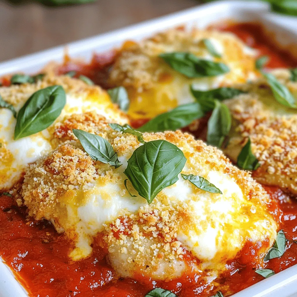 To make this dish, gather these ingredients: - 4 boneless, skinless chicken breasts - 1 cup panko breadcrumbs (for extra crunch) - 1/2 cup freshly grated Parmesan cheese - 1 cup marinara sauce (use homemade for the best flavor) - 1 teaspoon dried basil - 1 teaspoon garlic powder - 1 teaspoon onion powder - Salt and freshly ground black pepper, to taste - 1 cup shredded mozzarella cheese - 2 tablespoons extra virgin olive oil - Fresh basil leaves, for garnish Using fresh ingredients can make a big difference. Fresh basil adds great flavor. Homemade marinara sauce has a rich taste and can impress your family. But, pantry staples are also useful. Panko breadcrumbs, garlic powder, and onion powder are easy to keep on hand. They provide great taste without needing fresh items. If you have dietary needs, there are options. For a gluten-free version, swap panko for gluten-free breadcrumbs. You can also use dairy-free cheese if you're lactose intolerant. Instead of chicken breasts, try chicken thighs for a juicier bite. These changes keep the dish delicious while meeting different needs. For the complete recipe, check out the Full Recipe section. Start by preheating your oven to 400°F (200°C). Line a baking sheet with parchment paper. This makes cleanup easy. In a shallow bowl, mix together the panko breadcrumbs, grated Parmesan cheese, dried basil, garlic powder, onion powder, and a pinch of salt and pepper. Stir well to mix the seasonings evenly. Then, pour the olive oil into a separate bowl. Brush each chicken breast with oil on both sides. This step is key for a crispy texture. Next, coat each chicken breast in the breadcrumb mix. Press firmly to ensure a thick layer sticks. Place the coated chicken on the baking sheet in a single layer. Avoid overcrowding to help them crisp up nicely. Bake the chicken for 25 minutes. Remember to turn each piece halfway through. This helps them cook evenly. After 25 minutes, take the chicken out and add marinara sauce on top. Then, sprinkle shredded mozzarella cheese over the sauce. Return the chicken to the oven for another 10 minutes. You want the cheese to melt and bubble. This creates a beautiful, gooey topping. Let the chicken rest for 5 minutes after baking. This allows the juices to settle and keeps the chicken juicy. The key to crispy chicken is in the coating. Use panko breadcrumbs for extra crunch. Make sure to press the breadcrumbs onto the chicken firmly. Another tip is to brush the chicken with olive oil. This promotes browning and crispiness. Don’t overcrowd the baking sheet. Allow space for hot air to circulate around each piece. Lastly, turning the chicken halfway through cooking ensures even crispiness on both sides. Follow these tips, and you will have perfectly crispy Baked Chicken Parmesan every time! For the complete recipe, check the section above. Cooking chicken right is key. I recommend baking your chicken at 400°F (200°C). Start with 25 minutes. Flip the chicken halfway for even cooking. After 25 minutes, add marinara and cheese, then bake for 10 more minutes. Keep an eye on the cheese. You want it bubbly and golden. To keep chicken moist, brush it with olive oil before baking. This adds flavor and locks in moisture. Let the chicken rest for about 5 minutes after baking. This step is important. It lets the juices settle, keeping your chicken tender and juicy. You can prep this dish in advance. Coat the chicken with breadcrumbs and store it in the fridge for up to 24 hours. When you're ready to cook, just pop it in the oven. You can also freeze the baked chicken. Wrap it well, and it will stay fresh for up to three months. Just thaw it overnight before reheating. For more detailed steps, check out the Full Recipe. {{image_4}} You can change up the cheese for your Baked Chicken Parmesan. Instead of mozzarella, try provolone or gouda for a twist. These cheeses melt well and add unique flavors. You can even mix cheeses for a bolder taste. A blend of mozzarella and fontina gives a rich, creamy texture. Don't forget the Parmesan; it adds that great salty bite. Adding veggies or herbs can make your dish even tastier. Spinach or roasted red peppers can add color and nutrition. Sautéed mushrooms also pair well with chicken and cheese. Fresh herbs like parsley or oregano can brighten up the dish. Simply sprinkle them on top before serving. These little changes can make a big difference in taste. If you need gluten-free options, use almond flour or crushed nuts instead of breadcrumbs. Both will still give you that nice crunch. For a low-carb meal, you can skip the breadcrumbs altogether. Coat the chicken with a thin layer of Parmesan or simply use spices for flavor. You can enjoy a delicious Baked Chicken Parmesan that fits your diet. For the full recipe, check out the detailed cooking steps above. After enjoying your baked chicken Parmesan, let it cool completely. Place the chicken in an airtight container. This keeps it fresh for up to four days. Make sure to separate layers with parchment paper if stacking. This prevents sticking and keeps the breading crispy. To reheat chicken Parmesan, I recommend using the oven. Preheat to 350°F (175°C) and place the chicken on a baking sheet. Heat for about 15 minutes. This helps to keep the breading crunchy. You can also use an air fryer for a quicker option. Just set it to 350°F (175°C) for about 8 minutes. If you want to freeze your leftovers, wrap each piece in plastic wrap. Then place them in a freezer bag. Remove as much air as possible to avoid freezer burn. You can freeze baked chicken Parmesan for up to three months. When ready to eat, thaw it in the fridge overnight before reheating. For a full recipe, check the detailed instructions above. You can make Baked Chicken Parmesan healthier by swapping a few ingredients. Use whole wheat panko breadcrumbs for more fiber. You could also use skinless chicken thighs instead of breasts. If you want less cheese, reduce the amount of mozzarella or use part-skim cheese. You can also try homemade marinara sauce with less sugar and salt for added health benefits. Yes, you can use chicken thighs instead of breasts. Thighs are juicier and more flavorful. They also stay tender during cooking. Just ensure you adjust the cooking time if the thighs are thicker. You want to cook them until they reach an internal temperature of 165°F (75°C). Baked Chicken Parmesan pairs well with many sides. I love serving it with a crisp salad or garlic bread. Pasta, especially spaghetti, is a classic choice. Steamed vegetables like broccoli or green beans add color and nutrition. You can even serve it on a bed of zoodles for a lighter dish. To tell when Baked Chicken Parmesan is done, check the chicken's internal temperature. It should reach 165°F (75°C). The cheese should be bubbly and slightly golden. You can also cut into the chicken to check that it is no longer pink inside. Baked Chicken Parmesan is a tasty and fun dish to make. We covered the key ingredients and how to mix fresh items with pantry staples. I shared steps for cooking, timing, and getting that crispy finish. You learned helpful tips for juicy chicken and storage ideas for leftovers. I also suggested fun variations and answered common questions. Use these ideas to create your Baked Chicken Parmesan. Enjoy making it your own!
