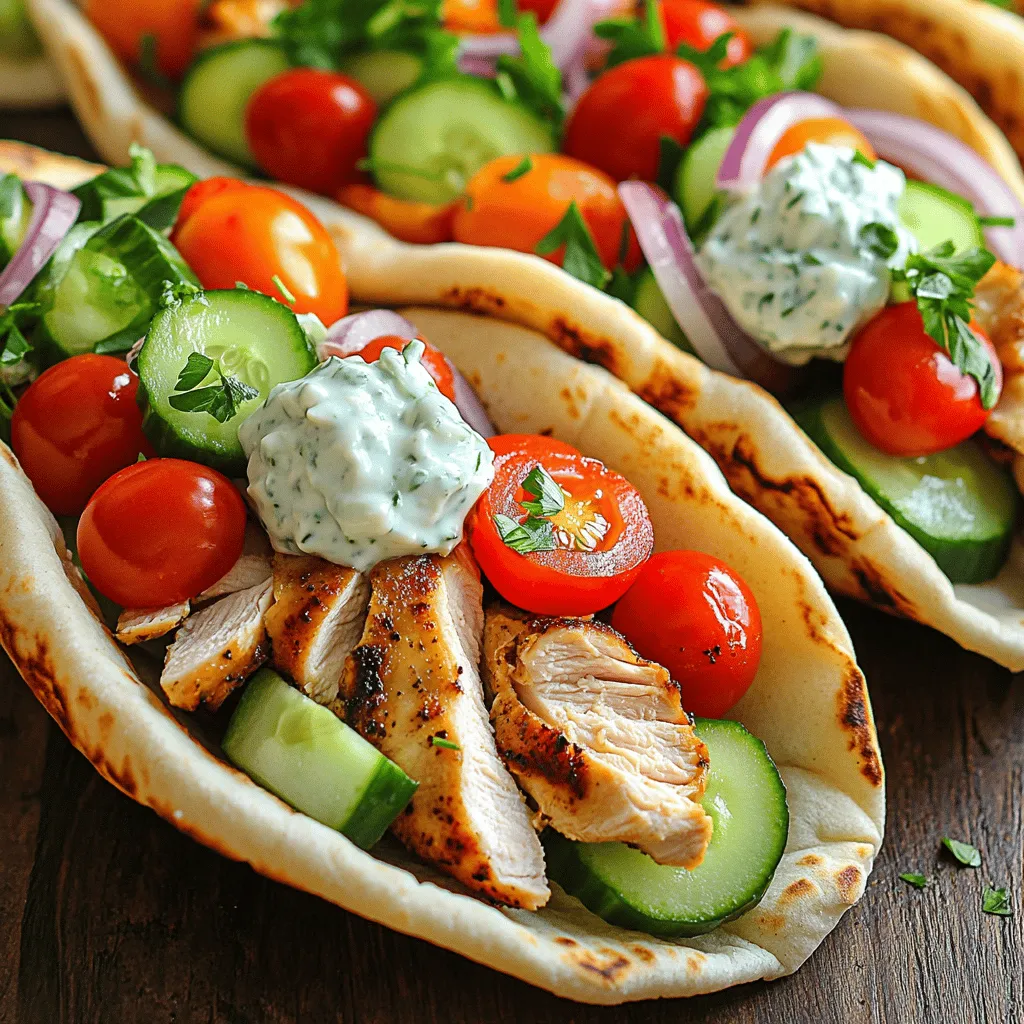 - 1 pound boneless, skinless chicken thighs - 4 whole grain pita breads - 1 cup creamy Greek yogurt You need good chicken and fresh pita for gyros. The chicken thighs give juicy bites. Whole grain pita adds a nice texture. Greek yogurt is key for a tasty tzatziki sauce. - 3 tablespoons extra virgin olive oil - 2 teaspoons dried oregano - 2 garlic cloves, finely minced - Juice of 1 fresh lemon - 1 teaspoon ground cumin - Salt and freshly ground black pepper to taste The marinade is where the magic happens. Olive oil keeps the chicken moist. Oregano and cumin add depth. Garlic and lemon juice brighten the flavor. Don’t skip the salt and pepper; they enhance everything! - 1 crisp cucumber, diced - 1 cup vibrant cherry tomatoes, halved - 1 small red onion, thinly sliced into rings - Fresh parsley leaves, chopped (for garnish) These toppings make your gyros pop! Cucumbers add crunch, while tomatoes bring sweetness. Red onions offer a sharp bite. Fresh parsley adds a nice touch of color. You can mix and match according to your taste. For the Full Recipe, check the detailed instructions that follow this section! First, we want to prepare the marinade. In a mixing bowl, whisk together: - 3 tablespoons extra virgin olive oil - 2 teaspoons dried oregano - 2 minced garlic cloves - Juice from 1 fresh lemon - 1 teaspoon ground cumin - Salt and black pepper to taste This mix gives the chicken great flavor. Then, add 1 pound of boneless, skinless chicken thighs. Make sure each piece is well coated. Cover the bowl with plastic wrap and refrigerate. For the best flavor, marinate for at least 1 hour. If you can, let it sit overnight. Now, it’s time to cook. Preheat your grill or skillet over medium-high heat. When hot, remove the chicken from the marinade. Grill or sauté the chicken for about 6-7 minutes on each side. You want it golden brown with an internal temperature of 165°F (75°C). After cooking, let the chicken rest for 5 minutes before slicing it into thin strips. While the chicken rests, prepare the tzatziki. In a small bowl, mix: - 1 cup creamy Greek yogurt - 1 crisp, diced cucumber - A pinch of salt - A squeeze of lemon juice Stir well until it’s creamy. For added flavor, you can mix in some chopped fresh dill or mint. To assemble, take a warm whole grain pita. Place it flat on a plate. In the center, add a generous amount of sliced chicken. Top it with a dollop of tzatziki, some halved cherry tomatoes, red onion slices, and a sprinkle of chopped parsley. Gently fold the pita over the filling. You can wrap it in parchment paper for easier handling. Serve right away while warm. Enjoy your delicious gyros! For the complete recipe, refer to the [Full Recipe]. Marinating chicken is the key to great taste. I always let my chicken sit in the marinade for at least an hour. If you can wait overnight, do it! This gives the chicken more time to soak up the flavors. Fresh ingredients also play a big role. Use ripe tomatoes and crisp cucumbers. They make your gyros taste vibrant and fresh. Control the heat when cooking. If you grill or use a skillet, keep the temperature steady. Too high can burn the chicken. Too low can make it tough. After cooking, let the chicken rest before slicing. This helps keep it juicy. When you slice, cut against the grain. This gives you tender, bite-sized pieces. Pair your gyros with tasty sides. Greek salad or roasted veggies go well. For drinks, try a light beer or iced tea. Presentation matters too! Serve gyros on a colorful platter. Add a side of tzatziki sauce for dipping. A sprinkle of parsley on top adds a nice touch. Don't forget lemon wedges for a zesty kick! For the full recipe, check out my Savory Chicken Gyros Delight. {{image_4}} You can switch up the meat in your gyros. Lamb is a classic choice. It adds a rich flavor that complements the spices well. You can also use beef if you want a different taste. For a vegetarian option, try using grilled mushrooms or marinated tofu. Both options provide a hearty bite. They soak up flavors nicely, making them a great choice. Sauces can change the whole dish. You might enjoy a spicy tzatziki. Just add more garlic and a pinch of chili flakes. This gives it a nice kick. You can also mix in fresh herbs like dill or mint. These add a burst of freshness. Feel free to experiment with different spices, too. Adding smoked paprika or coriander can elevate the flavor. You can serve your chicken gyros in different ways. A gyro platter looks great on a table. It includes chicken, pita, and all the toppings. It’s perfect for sharing. If you prefer a quick meal, go for the sandwich-style. Stuff the pita with chicken and toppings for an easy bite. Customize your toppings based on what you like. Try adding avocado or feta for an extra twist. For the full recipe, check out the detailed instructions to make your gyros a hit! To store leftover chicken gyros, place them in an airtight container. This keeps the flavors fresh. You can store them in the fridge for up to three days. Make sure the chicken is cooled before sealing the container. If you want to keep gyros for longer, you can freeze them. They last well in the freezer for up to two months. Just remember to wrap them tightly in plastic wrap and then in foil. When you want to reheat chicken, the best method is the oven. Preheat your oven to 350°F (175°C). Place the chicken on a baking sheet. Cover it with foil to keep it moist. Heat for about 10 to 15 minutes. For pita bread, you can warm it in a skillet. Just heat it on medium for about one minute on each side. This keeps the pita fresh and warm, making your gyros tasty again. Gyros come from Greece. They have roots in traditional Greek cuisine. The word "gyros" means "turn" in Greek. This name refers to the way meat cooks on a vertical spit. Gyros started in the 1920s. They became popular as a fast food option. You can find gyros in many Greek restaurants today. They often serve with pita bread, sauce, and fresh veggies. Yes, you can prepare chicken gyros in advance. Marinate the chicken a day before. This allows the flavors to deepen. After cooking, let the chicken cool completely. Then, store it in an airtight container. Refrigerate the chicken for up to three days. You can also freeze it for longer storage. When ready to eat, just reheat the chicken. Serve chicken gyros warm. Use whole grain pita breads for a healthy touch. Add a dollop of tzatziki sauce to each gyro. Top with diced cucumber and halved cherry tomatoes. Include thin red onion slices for crunch. Fresh parsley adds color and flavor too. You can pair gyros with a side of Greek salad or crispy fries. Enjoy every bite! Check out the Full Recipe for more tips on serving. You now have the keys to make classic chicken gyros at home. From marinating juicy chicken to crafting a creamy tzatziki, each step matters. Remember to use fresh ingredients for the best flavors. Enjoy the process of layering all your favorite toppings and serving styles. Feel free to adapt the recipe to suit your taste, whether with different proteins or spicy sauces. With these tips, you can create a delicious meal that impresses everyone. Dive in and share your tasty creations!