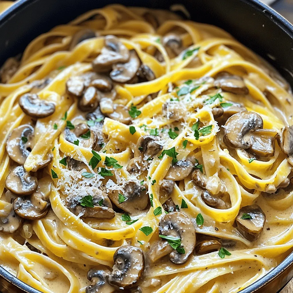 To make your One-Pot Creamy Mushroom Pasta, gather these key items: - 12 oz (340g) fettuccine or spaghetti - 2 tablespoons olive oil - 1 medium onion, finely chopped - 3 cloves garlic, minced - 8 oz (225g) mushrooms, sliced (such as cremini or button) - 4 cups vegetable broth - 1 cup heavy cream (or coconut milk for a dairy-free option) - 1 teaspoon dried thyme - 1 teaspoon dried oregano - Salt and pepper to taste - ¼ cup grated Parmesan cheese (optional, for serving) - Fresh parsley, chopped (for garnish) When it comes to cream options, you can choose between heavy cream and coconut milk. Heavy cream gives a rich taste, while coconut milk makes it dairy-free and adds a hint of sweetness. For herbs and seasonings, thyme and oregano are great choices. You can also try adding basil or rosemary for a twist. Salt and pepper are must-haves to enhance the dish. With these ingredients, you’ll create a simple and flavorful dish that everyone will love. For the full recipe, check out the recipe section! To start, I heat 2 tablespoons of olive oil in a large pot over medium heat. Once it's shimmering, I add a finely chopped onion. I sauté it for about 3-4 minutes until it turns soft and clear. Next, I stir in 3 cloves of minced garlic and 8 ounces of sliced mushrooms, like cremini or button. I cook these for another 5-6 minutes until the mushrooms are brown and tender. Now comes the fun part! I carefully pour in 4 cups of vegetable broth. I want this broth to cover everything well. Then, I add 12 ounces of fettuccine or spaghetti. I press the pasta down gently into the broth. Next, I mix in 1 cup of heavy cream. If you want a dairy-free dish, use coconut milk instead. I also add 1 teaspoon each of dried thyme and oregano for taste. To finish, I season with salt and pepper. I raise the heat until the mixture starts to boil. Once boiling, I reduce the heat to a gentle simmer. I cover the pot and let it cook for about 10-12 minutes. I stir it occasionally to avoid sticking. The pasta should be al dente, and the sauce will thicken beautifully. If the sauce gets too thick, I add a little more vegetable broth or water. I stir until I reach my desired thickness. When the pasta is done, I remove the pot from heat. I stir in ¼ cup of grated Parmesan cheese if I want a cheesy finish. For plating, I scoop the pasta into bowls. I like to garnish with chopped fresh parsley for a pop of color. You can also sprinkle more cheese on top if you like. This dish pairs well with a crisp salad or garlic bread on the side. For the full recipe, check out the complete instructions. Using a heavy-bottomed pot is key for this dish. It helps heat spread evenly. This way, you avoid hot spots that can burn your pasta. Always stir regularly. It keeps the pasta from sticking and helps blend flavors. If you choose a different pasta type, adjust the cooking time. Thin pasta cooks faster than thick pasta. Check the package for the best timing. You can swap cheeses for a different taste. Try goat cheese or cream cheese for a twist. If you want to add protein, chicken or tofu works well. Just sauté them before adding to the pot. You can also mix in extra herbs. Fresh basil or parsley can brighten the dish. A pinch of red pepper flakes adds a nice kick too. {{image_4}} You can easily change this dish to fit your needs. For a dairy-free option, switch heavy cream with coconut milk. It gives a nice flavor and keeps it creamy. If you need gluten-free pasta, choose rice or lentil pasta. They work well and taste great. For a vegan version, skip the cheese and use nutritional yeast instead. It adds a cheesy flavor without any animal products. Feel free to get creative with your veggies! You can add spinach, kale, or even bell peppers. They bring extra color and nutrients. Want some spice? Try adding red pepper flakes or a dash of smoked paprika. These spices give the dish a warm kick. You can also play with pasta shapes. While fettuccine is great, penne or farfalle can add fun textures. Each shape holds the sauce differently, making each bite special. Explore these options and make this dish your own! To keep your One-Pot Creamy Mushroom Pasta fresh, use proper refrigeration techniques. First, let the pasta cool to room temperature. Next, store it in an airtight container. This prevents moisture loss and keeps flavors locked in. You can also use a glass or plastic container with a tight lid to maintain quality. When you reheat pasta, avoid drying it out. The best method is to use the stove or microwave. On the stove, add a splash of vegetable broth or water. Heat it on low while stirring gently. If using a microwave, cover the bowl with a damp paper towel. This adds moisture and keeps the pasta creamy. For added flavor during reheating, consider mixing in a bit of cream or cheese. This will enhance the dish and restore its rich taste. Enjoy your leftovers as if they were freshly made! Can I use dried herbs instead of fresh? Yes, you can use dried herbs. They are easy to store and last longer. Use about one-third the amount of dried herbs compared to fresh. This keeps the flavor bright without being too strong. What can I substitute for heavy cream? If you need a substitute, try using coconut milk. It gives a creamy texture and adds a subtle flavor. You can also use cashew cream for a nut-based option. Both choices work well in this dish. How do I fix a bland pasta dish? To enhance flavor, add salt and pepper. You can also mix in more herbs or a pinch of red pepper flakes. A squeeze of lemon juice brightens the dish, too. Taste as you go to find the right balance. How long does it take to cook one-pot pasta? Cooking one-pot pasta takes about 10-12 minutes. This time allows the pasta to cook while soaking up all the flavors from the broth and seasonings. Can I use other types of mushrooms? Absolutely! You can use any type of mushroom you enjoy. Shiitake, portobello, or oyster mushrooms all add unique flavors and textures to your dish. Just slice them up and follow the recipe. What to do if my sauce is too thick? If your sauce is too thick, add a bit more vegetable broth or water. Stir it in slowly, checking the consistency as you go. This helps you get the perfect creamy texture for your pasta. For the full recipe, refer to the sections above. This blog covered the vital steps for making delicious one-pot pasta. You learned about the key ingredients, from perfect pasta to cream options. I shared tips for cooking techniques and how to add flavor. You also discovered storage tricks and answered common questions. Experiment with the variations to create your favorite dish. Enjoy your cooking journey, and remember, great pasta starts with you!