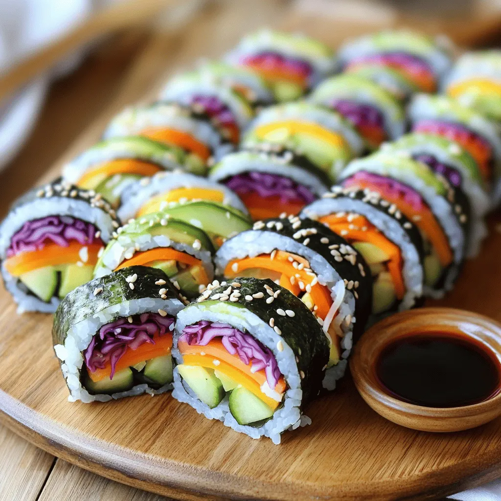 To make Rainbow Veggie Sushi Rolls, you need a few key items. Here’s a list of the essential ingredients: - 1 cup sushi rice - 1 ¼ cups water - ¼ cup rice vinegar - 1 tablespoon granulated sugar - 4 sheets of nori (seaweed) - 1 ripe avocado, sliced - 1 cucumber, julienned - 1 medium carrot, julienned - 1 medium bell pepper (any vibrant color), thinly sliced - ½ head of red cabbage, finely shredded - 2 tablespoons sesame seeds - Soy sauce (for dipping) These ingredients create a colorful and tasty dish. The sushi rice forms a nice base, while the veggies bring in the rainbow. You can enhance your sushi rolls with some fun garnishes. Try adding: - Extra sesame seeds for crunch - Thinly sliced cucumber for freshness - Pickled ginger for a zesty bite - Wasabi if you love heat Soy sauce is a classic dip for sushi. It adds a savory touch that complements the flavors. When picking veggies for your sushi, freshness is key. Here are some tips: - Avocado: Look for avocados that yield slightly when pressed. This means they are ripe. - Cucumber: Choose firm cucumbers without soft spots. They should feel heavy for their size. - Carrots: Pick bright, smooth carrots. Avoid ones with wrinkles or dark spots. - Bell Peppers: Select peppers that are shiny and firm. Look for vibrant colors to make your sushi pop. - Red Cabbage: Choose a head that feels heavy and has crisp leaves. Avoid any that are wilted. Fresh vegetables make your rolls taste great and look amazing. 1. Rinsing and Cooking Instructions Start by rinsing the sushi rice. Use cold running water until it runs clear. This step is key to fluffy rice. Once rinsed, add 1 cup of sushi rice and 1 ¼ cups of water to a medium saucepan. Bring it to a boil over medium-high heat. When it boils, reduce the heat to low. Cover the pan tight and let it simmer for 15 minutes. The rice will absorb all the water. 2. Seasoning the Rice While the rice cooks, mix up your seasoning. In a small bowl, combine ¼ cup of rice vinegar, 1 tablespoon of sugar, and a pinch of salt. Stir until the sugar dissolves. After 15 minutes, take the rice off the heat. Let it cool for a few minutes. Then, gently mix the vinegar mixture into the warm rice. Set it aside to cool completely. 1. Laying Out the Nori Grab your bamboo sushi mat and a clean, flat surface. Place a sheet of nori on the mat, shiny side down. With wet hands, spread a thin layer of sushi rice over the nori. Leave about 1 inch of space at the top. This space will help seal the roll. 2. Adding Vegetables and Rolling Time to add the colorful filling! In the middle of the rice, lay out slices of avocado, julienned cucumber, carrot, bell pepper, and red cabbage. This will create a beautiful rainbow effect. Sprinkle sesame seeds over the veggies. To roll, lift the edge of the mat closest to you. Roll away from yourself while keeping the filling tight. When you reach the bare nori edge, wet it with a little water to seal the roll. 1. Tips for Clean Slicing Use a sharp knife to slice the sushi roll into bite-sized pieces. To keep the cuts clean, wipe the knife with a damp cloth after each slice. This makes for nice-looking rolls. 2. Plating Presentation Ideas For serving, arrange your sushi rolls neatly on a large platter. Place a small bowl of soy sauce in the center for dipping. To make it pretty, sprinkle extra sesame seeds and add cucumber slices as garnishes. You can also add ginger and wasabi for those who like more flavor. Enjoy your colorful and tasty treats! For the complete process, check the Full Recipe. To make great sushi, roll with care. Here are some tips: - Maintaining Tidy Rolls: Spread the rice evenly. Leave a 1-inch space at the top. This helps seal the roll. Keep the filling in the center. A tight roll means less mess when slicing. - Using the Right Tools: A bamboo mat makes rolling easier. Wet your hands before touching the rice. This stops it from sticking. Have a sharp knife ready for cutting. Clean the knife between slices for neat pieces. If you have extra sushi, store it right. Follow these steps: - Wrap and Refrigerate Tips: Use plastic wrap to cover the rolls. This keeps them fresh. A tight wrap helps prevent air from getting in. - How Long Does Sushi Last?: Leftover sushi stays good for about 24 hours. After that, it may lose taste and texture. Always check for freshness before eating. Making sushi is fun, but mistakes happen. Here’s how to avoid them: - Overfilling the Rolls: Too many ingredients make rolling hard. Stick to a few colorful veggies. This keeps the roll neat and tasty. - Not Using Wet Hands: Dry hands make the rice sticky. Wet hands help smooth the rice and keep it together. Remember to moisten your hands before starting! For complete instructions and more tips, check out the Full Recipe. {{image_4}} You can mix up the veggies in your sushi rolls. Think about using seasonal and colorful options. Try ripe mango, zucchini, or radishes. These add fun flavors and bright colors. You will find that fresh veggies make the rolls pop. If you want a heartier roll, consider adding proteins. You can use cooked shrimp, crab, or tofu. These ingredients make the sushi filling more filling and satisfying. The added protein pairs well with the fresh veggies. If you want to keep it vegan, that's easy! You can use gluten-free nori sheets. They are just as tasty and work well in your rolls. Make sure to check the label to be sure it's gluten-free. You can also play with flavors. Add spices like smoked paprika or chili flakes for a kick. This makes your rolls unique and exciting, perfect for your taste buds. When it comes to serving sushi, presentation is key. Arrange your sushi rolls on a big platter. You can make fun patterns or shapes with the rolls. Add a small bowl of soy sauce in the center for dipping. For parties, create color themes. Use only red and green veggies for a festive look. Or go for tropical vibes with yellow and orange veggies. This makes your sushi not just tasty, but also a feast for the eyes. For more tips, check out the Full Recipe for inspiration! To keep your rainbow veggie sushi rolls fresh, store them in the fridge. Use a tight container to hold them. This helps keep moisture in. It's best to eat them within one day for the best taste. If you want to freeze your sushi rolls, wrap each roll in plastic wrap. Then, place them in a freezer-safe bag. They can last up to a month. When ready to eat, thaw them in the fridge overnight. Sushi is best fresh, but if you need to reheat, do it gently. Place your sushi rolls in a microwave for just a few seconds. This will warm them without making them soggy. To avoid soggy rolls, use a paper towel to cover the sushi. This helps absorb extra moisture as it heats. Fresh sushi rolls can last up to 24 hours in the fridge. Check for signs of freshness before eating. If the rice looks dry or the veggies are limp, it’s time to toss them. For the best taste, eat your sushi rolls within six hours of making them. This way, you enjoy the bright colors and crisp flavors. The best rice for sushi is sushi rice. It is a short-grain rice. This type of rice is sticky when cooked. Sticky rice helps the sushi hold together well. You can find sushi rice in most grocery stores. Always rinse the rice before cooking. This removes excess starch and improves texture. Yes, you can prepare sushi rolls in advance. However, it’s best to eat them fresh. If you must store them, wrap them tightly. Use plastic wrap to keep air out. Store the rolls in the fridge. They should be consumed within 24 hours for best taste. The classic dipping sauce for sushi is soy sauce. It adds a savory flavor to each bite. You can also try ponzu sauce for a citrus twist. Another tasty option is spicy mayo. It's easy to make by mixing mayo and sriracha. These sauces enhance the taste of your sushi rolls. To prevent sticking, wet your hands and mat. Use a little water on your hands when handling rice. This keeps the rice from sticking to your fingers. Also, wet the bamboo mat lightly before laying down the nori. This simple trick makes the rolling process smoother. For full details, check the Full Recipe. Rainbow veggie sushi rolls are fun and healthy. We covered key ingredients, step-by-step instructions, and helpful tips. Fresh veggies and quality rice make a big difference. Remember to roll tightly and use sharp knives for clean cuts. Explore variations to create your ideal roll. Store and enjoy leftovers wisely. With these tips, you can impress anyone with your sushi skills. Dive in and start rolling!