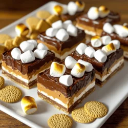 To make these tasty no-bake s'mores bars, gather the following items: - 1 ½ cups graham cracker crumbs - ½ cup unsweetened cocoa powder - ½ cup powdered sugar - ½ cup unsalted butter, melted - 2 cups mini marshmallows - 1 cup semisweet chocolate chips - ½ cup creamy peanut butter - 1 teaspoon vanilla extract - A pinch of salt You can easily swap some ingredients if you need to. For graham cracker crumbs, use crushed cookies like digestive biscuits for a similar flavor. If you prefer a richer taste, try dark cocoa powder instead of unsweetened cocoa powder. You can use margarine if you don't have unsalted butter. For a nut-free version, skip the peanut butter. Instead, use sunbutter or almond butter if you are not allergic. If you want a different flavor, try flavored chocolate chips, like mint or caramel. For graham crackers, I like Honey Maid or Nabisco. They have a nice crunch and flavor. When it comes to chocolate chips, Ghirardelli or Nestlé are great choices. Their chips melt smoothly and taste amazing. For peanut butter, Jif or Skippy work well for this recipe. These ingredient choices help make your no-bake s'mores bars both simple and delicious. For detailed steps on making this treat, check the Full Recipe. 1. Mix Dry Ingredients: First, grab a large mixing bowl. Add 1 ½ cups of graham cracker crumbs, ½ cup of unsweetened cocoa powder, and ½ cup of powdered sugar. Use a whisk or fork to mix them well. This should take about 2 minutes. Make sure there are no clumps. 2. Incorporate Butter: Next, take ½ cup of melted unsalted butter. Pour it into the dry mix slowly. Use a spatula to fold it in. Keep mixing until it looks like wet sand. This step should take around 3 minutes. 3. Form the Base: Now, transfer the mixture into a greased 8x8 inch baking dish. Use the back of a spatula or your hands to press it down firmly. Aim for an even layer. This should take about 2 minutes. 4. Melt Chocolate and Peanut Butter: In a microwave-safe bowl, combine 1 cup of semisweet chocolate chips and ½ cup of creamy peanut butter. Heat this in the microwave for 30 seconds at a time. Stir after each round. This should take about 1-2 minutes. 5. Flavor the Chocolate: After melting, stir in 1 teaspoon of vanilla extract and a pinch of salt. Mix until smooth for the best taste. This part takes about 1 minute. 6. Layer the Chocolate Mixture: Pour the melted chocolate-peanut butter mix over the pressed graham cracker base. Use a spatula to spread it out evenly. 7. Add Marshmallows: Sprinkle 2 cups of mini marshmallows on top. Press them down gently into the chocolate layer. 8. Refrigerate to Set: Place the baking dish in the fridge. Let the bars chill for at least 2 hours. This helps the chocolate set properly. 9. Cut and Serve: After 2 hours, check if the bars are firm. If they are, remove them from the dish. You can use parchment paper edges to help lift them out. Cut into 16 equal squares and serve. To properly set the bars, make sure they are in the fridge for at least 2 hours. This allows the chocolate to firm up and makes cutting easier. When you’re ready to cut the bars, use a sharp knife. If you want neat cuts, dip the knife in hot water first. Wipe it clean between cuts for the best results. For serving, arrange the bars on a nice platter. Drizzle some melted chocolate over the top for that extra touch. You can also garnish with whole graham crackers or toasted marshmallows. This makes your dessert look fancy and fun! For the full recipe details, check out [Full Recipe]. Making No-Bake S'mores Bars can be fun, but some errors can spoil your treat. Here are some common mistakes: - Using too much butter: This can make the base too greasy. Stick to the ½ cup. - Not pressing the base firmly: If you don’t press it down, the bars may crumble when cut. Use a spatula or your hands to make it compact. - Skipping the refrigeration step: These bars need time to set. Skipping this step can lead to a gooey mess. Chill for at least 2 hours. If you run into issues, don’t worry. If the base crumbles, try adding a bit more melted butter and mix it well. If the chocolate layer is too thick, you can melt it again with a little butter to make it smoother. To get the best texture in your No-Bake S'mores Bars, follow these expert tips: - Use fresh ingredients: This includes your graham crackers, chocolate, and marshmallows. Fresh ingredients yield better flavor and texture. - Melt chocolate carefully: Heat it slowly in the microwave. Stir often to avoid burning. This step makes a huge difference in how the chocolate mixes with the peanut butter. - Layer evenly: When you pour the chocolate mixture over the base, spread it out evenly. This ensures every bite has a good balance of flavors. For storage, keep the bars in an airtight container in the fridge. This helps them stay fresh for up to a week. If you want to keep them longer, consider freezing them. Just wrap them tightly in plastic wrap before placing them in a freezer-safe container. {{image_4}} You can mix and match flavors for your no-bake s'mores bars. Here are some ideas: - Chocolate Types: Try using dark chocolate for a rich taste. Milk chocolate is sweeter and creamier. White chocolate adds a fun twist. Each type changes the flavor and texture. - Alternative Toppings: Nuts like almonds or pecans give a nice crunch. Fruits like sliced bananas or strawberries add freshness. Flavored marshmallows, such as chocolate or caramel, can enhance the taste. Experimenting with these options makes your bars unique and exciting! If you need to make dietary changes, here are some simple swaps: - Gluten-Free Options: Use gluten-free graham crackers or ground oats instead of regular crumbs. This keeps the bars tasty for everyone. - Vegan Substitutes: Replace the butter with coconut oil. Use dairy-free chocolate chips and marshmallows. Peanut butter is already vegan, making it a great choice for this recipe. These adjustments help you enjoy delicious no-bake s'mores bars while meeting your dietary needs! For the full recipe, check it out [here](#). To keep your No-Bake S'mores Bars fresh, refrigerate them. Use an airtight container to prevent drying out. You can also cover them with plastic wrap. This will keep the bars moist and tasty. These bars stay fresh in the fridge for about a week. For the best flavor, try to eat them within four days. If you want to enjoy these bars later, freezing works well. Start by cutting the bars into squares. Wrap each square in plastic wrap tightly. Then, place them in a freezer-safe bag or container. You can freeze them for up to three months without losing taste. When you’re ready to eat, take a square out and let it thaw in the fridge. This usually takes a few hours. For a quicker option, you can leave it at room temperature for about 30 minutes. Enjoy your tasty treat! No-Bake S'mores Bars are a fun dessert that combines the flavors of s'mores without needing an oven. These bars have a base made of graham crackers, cocoa, and butter. I mix melted chocolate and peanut butter for a creamy layer. Topped with mini marshmallows, they give you that classic campfire taste in a quick, easy form. You can enjoy them chilled, making them perfect for hot days. Yes, you can substitute some ingredients! Here are a few ideas: - Graham cracker crumbs: Use crushed cookies like Oreos for a chocolate twist. - Cocoa powder: Try carob powder for a different flavor. - Creamy peanut butter: Almond or cashew butter works well too. - Mini marshmallows: Use larger marshmallows, but cut them down to size. Substitutions may change the taste or texture, but they can also add fun variety. These bars can last about a week when stored properly. Keep them in an airtight container in the fridge. This helps maintain their texture and flavor. If you notice any moisture, place a paper towel inside the container to absorb it. This can help keep your bars fresh longer. Absolutely! You can make No-Bake S'mores Bars one to two days before your event. After making them, let them chill in the fridge. This allows the layers to set nicely. If you prepare them the night before, they will be ready to serve the next day. Just cut and place them on a platter when it's time to enjoy! For the full recipe, check out the detailed steps above. In this blog post, we explored how to make delicious no-bake s'mores bars. We covered the key ingredients, detailed steps, and tips to avoid common mistakes. You learned about variations and how to store and freeze your bars. For best results, follow each step carefully and experiment with flavors. Enjoy loving these treats with family and friends! Happy cooking!