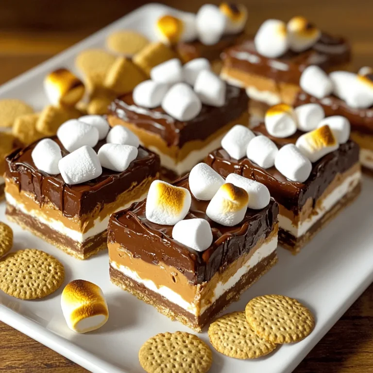 To make these tasty no-bake s'mores bars, gather the following items: - 1 ½ cups graham cracker crumbs - ½ cup unsweetened cocoa powder - ½ cup powdered sugar - ½ cup unsalted butter, melted - 2 cups mini marshmallows - 1 cup semisweet chocolate chips - ½ cup creamy peanut butter - 1 teaspoon vanilla extract - A pinch of salt You can easily swap some ingredients if you need to. For graham cracker crumbs, use crushed cookies like digestive biscuits for a similar flavor. If you prefer a richer taste, try dark cocoa powder instead of unsweetened cocoa powder. You can use margarine if you don't have unsalted butter. For a nut-free version, skip the peanut butter. Instead, use sunbutter or almond butter if you are not allergic. If you want a different flavor, try flavored chocolate chips, like mint or caramel. For graham crackers, I like Honey Maid or Nabisco. They have a nice crunch and flavor. When it comes to chocolate chips, Ghirardelli or Nestlé are great choices. Their chips melt smoothly and taste amazing. For peanut butter, Jif or Skippy work well for this recipe. These ingredient choices help make your no-bake s'mores bars both simple and delicious. For detailed steps on making this treat, check the Full Recipe. 1. Mix Dry Ingredients: First, grab a large mixing bowl. Add 1 ½ cups of graham cracker crumbs, ½ cup of unsweetened cocoa powder, and ½ cup of powdered sugar. Use a whisk or fork to mix them well. This should take about 2 minutes. Make sure there are no clumps. 2. Incorporate Butter: Next, take ½ cup of melted unsalted butter. Pour it into the dry mix slowly. Use a spatula to fold it in. Keep mixing until it looks like wet sand. This step should take around 3 minutes. 3. Form the Base: Now, transfer the mixture into a greased 8x8 inch baking dish. Use the back of a spatula or your hands to press it down firmly. Aim for an even layer. This should take about 2 minutes. 4. Melt Chocolate and Peanut Butter: In a microwave-safe bowl, combine 1 cup of semisweet chocolate chips and ½ cup of creamy peanut butter. Heat this in the microwave for 30 seconds at a time. Stir after each round. This should take about 1-2 minutes. 5. Flavor the Chocolate: After melting, stir in 1 teaspoon of vanilla extract and a pinch of salt. Mix until smooth for the best taste. This part takes about 1 minute. 6. Layer the Chocolate Mixture: Pour the melted chocolate-peanut butter mix over the pressed graham cracker base. Use a spatula to spread it out evenly. 7. Add Marshmallows: Sprinkle 2 cups of mini marshmallows on top. Press them down gently into the chocolate layer. 8. Refrigerate to Set: Place the baking dish in the fridge. Let the bars chill for at least 2 hours. This helps the chocolate set properly. 9. Cut and Serve: After 2 hours, check if the bars are firm. If they are, remove them from the dish. You can use parchment paper edges to help lift them out. Cut into 16 equal squares and serve. To properly set the bars, make sure they are in the fridge for at least 2 hours. This allows the chocolate to firm up and makes cutting easier. When you’re ready to cut the bars, use a sharp knife. If you want neat cuts, dip the knife in hot water first. Wipe it clean between cuts for the best results. For serving, arrange the bars on a nice platter. Drizzle some melted chocolate over the top for that extra touch. You can also garnish with whole graham crackers or toasted marshmallows. This makes your dessert look fancy and fun! For the full recipe details, check out [Full Recipe]. Making No-Bake S'mores Bars can be fun, but some errors can spoil your treat. Here are some common mistakes: - Using too much butter: This can make the base too greasy. Stick to the ½ cup. - Not pressing the base firmly: If you don’t press it down, the bars may crumble when cut. Use a spatula or your hands to make it compact. - Skipping the refrigeration step: These bars need time to set. Skipping this step can lead to a gooey mess. Chill for at least 2 hours. If you run into issues, don’t worry. If the base crumbles, try adding a bit more melted butter and mix it well. If the chocolate layer is too thick, you can melt it again with a little butter to make it smoother. To get the best texture in your No-Bake S'mores Bars, follow these expert tips: - Use fresh ingredients: This includes your graham crackers, chocolate, and marshmallows. Fresh ingredients yield better flavor and texture. - Melt chocolate carefully: Heat it slowly in the microwave. Stir often to avoid burning. This step makes a huge difference in how the chocolate mixes with the peanut butter. - Layer evenly: When you pour the chocolate mixture over the base, spread it out evenly. This ensures every bite has a good balance of flavors. For storage, keep the bars in an airtight container in the fridge. This helps them stay fresh for up to a week. If you want to keep them longer, consider freezing them. Just wrap them tightly in plastic wrap before placing them in a freezer-safe container. {{image_4}} You can mix and match flavors for your no-bake s'mores bars. Here are some ideas: - Chocolate Types: Try using dark chocolate for a rich taste. Milk chocolate is sweeter and creamier. White chocolate adds a fun twist. Each type changes the flavor and texture. - Alternative Toppings: Nuts like almonds or pecans give a nice crunch. Fruits like sliced bananas or strawberries add freshness. Flavored marshmallows, such as chocolate or caramel, can enhance the taste. Experimenting with these options makes your bars unique and exciting! If you need to make dietary changes, here are some simple swaps: - Gluten-Free Options: Use gluten-free graham crackers or ground oats instead of regular crumbs. This keeps the bars tasty for everyone. - Vegan Substitutes: Replace the butter with coconut oil. Use dairy-free chocolate chips and marshmallows. Peanut butter is already vegan, making it a great choice for this recipe. These adjustments help you enjoy delicious no-bake s'mores bars while meeting your dietary needs! For the full recipe, check it out [here](#). To keep your No-Bake S'mores Bars fresh, refrigerate them. Use an airtight container to prevent drying out. You can also cover them with plastic wrap. This will keep the bars moist and tasty. These bars stay fresh in the fridge for about a week. For the best flavor, try to eat them within four days. If you want to enjoy these bars later, freezing works well. Start by cutting the bars into squares. Wrap each square in plastic wrap tightly. Then, place them in a freezer-safe bag or container. You can freeze them for up to three months without losing taste. When you’re ready to eat, take a square out and let it thaw in the fridge. This usually takes a few hours. For a quicker option, you can leave it at room temperature for about 30 minutes. Enjoy your tasty treat! No-Bake S'mores Bars are a fun dessert that combines the flavors of s'mores without needing an oven. These bars have a base made of graham crackers, cocoa, and butter. I mix melted chocolate and peanut butter for a creamy layer. Topped with mini marshmallows, they give you that classic campfire taste in a quick, easy form. You can enjoy them chilled, making them perfect for hot days. Yes, you can substitute some ingredients! Here are a few ideas: - Graham cracker crumbs: Use crushed cookies like Oreos for a chocolate twist. - Cocoa powder: Try carob powder for a different flavor. - Creamy peanut butter: Almond or cashew butter works well too. - Mini marshmallows: Use larger marshmallows, but cut them down to size. Substitutions may change the taste or texture, but they can also add fun variety. These bars can last about a week when stored properly. Keep them in an airtight container in the fridge. This helps maintain their texture and flavor. If you notice any moisture, place a paper towel inside the container to absorb it. This can help keep your bars fresh longer. Absolutely! You can make No-Bake S'mores Bars one to two days before your event. After making them, let them chill in the fridge. This allows the layers to set nicely. If you prepare them the night before, they will be ready to serve the next day. Just cut and place them on a platter when it's time to enjoy! For the full recipe, check out the detailed steps above. In this blog post, we explored how to make delicious no-bake s'mores bars. We covered the key ingredients, detailed steps, and tips to avoid common mistakes. You learned about variations and how to store and freeze your bars. For best results, follow each step carefully and experiment with flavors. Enjoy loving these treats with family and friends! Happy cooking!