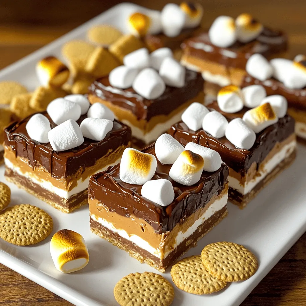 To make these tasty no-bake s'mores bars, gather the following items: - 1 ½ cups graham cracker crumbs - ½ cup unsweetened cocoa powder - ½ cup powdered sugar - ½ cup unsalted butter, melted - 2 cups mini marshmallows - 1 cup semisweet chocolate chips - ½ cup creamy peanut butter - 1 teaspoon vanilla extract - A pinch of salt You can easily swap some ingredients if you need to. For graham cracker crumbs, use crushed cookies like digestive biscuits for a similar flavor. If you prefer a richer taste, try dark cocoa powder instead of unsweetened cocoa powder. You can use margarine if you don't have unsalted butter. For a nut-free version, skip the peanut butter. Instead, use sunbutter or almond butter if you are not allergic. If you want a different flavor, try flavored chocolate chips, like mint or caramel. For graham crackers, I like Honey Maid or Nabisco. They have a nice crunch and flavor. When it comes to chocolate chips, Ghirardelli or Nestlé are great choices. Their chips melt smoothly and taste amazing. For peanut butter, Jif or Skippy work well for this recipe. These ingredient choices help make your no-bake s'mores bars both simple and delicious. For detailed steps on making this treat, check the Full Recipe. 1. Mix Dry Ingredients: First, grab a large mixing bowl. Add 1 ½ cups of graham cracker crumbs, ½ cup of unsweetened cocoa powder, and ½ cup of powdered sugar. Use a whisk or fork to mix them well. This should take about 2 minutes. Make sure there are no clumps. 2. Incorporate Butter: Next, take ½ cup of melted unsalted butter. Pour it into the dry mix slowly. Use a spatula to fold it in. Keep mixing until it looks like wet sand. This step should take around 3 minutes. 3. Form the Base: Now, transfer the mixture into a greased 8x8 inch baking dish. Use the back of a spatula or your hands to press it down firmly. Aim for an even layer. This should take about 2 minutes. 4. Melt Chocolate and Peanut Butter: In a microwave-safe bowl, combine 1 cup of semisweet chocolate chips and ½ cup of creamy peanut butter. Heat this in the microwave for 30 seconds at a time. Stir after each round. This should take about 1-2 minutes. 5. Flavor the Chocolate: After melting, stir in 1 teaspoon of vanilla extract and a pinch of salt. Mix until smooth for the best taste. This part takes about 1 minute. 6. Layer the Chocolate Mixture: Pour the melted chocolate-peanut butter mix over the pressed graham cracker base. Use a spatula to spread it out evenly. 7. Add Marshmallows: Sprinkle 2 cups of mini marshmallows on top. Press them down gently into the chocolate layer. 8. Refrigerate to Set: Place the baking dish in the fridge. Let the bars chill for at least 2 hours. This helps the chocolate set properly. 9. Cut and Serve: After 2 hours, check if the bars are firm. If they are, remove them from the dish. You can use parchment paper edges to help lift them out. Cut into 16 equal squares and serve. To properly set the bars, make sure they are in the fridge for at least 2 hours. This allows the chocolate to firm up and makes cutting easier. When you’re ready to cut the bars, use a sharp knife. If you want neat cuts, dip the knife in hot water first. Wipe it clean between cuts for the best results. For serving, arrange the bars on a nice platter. Drizzle some melted chocolate over the top for that extra touch. You can also garnish with whole graham crackers or toasted marshmallows. This makes your dessert look fancy and fun! For the full recipe details, check out [Full Recipe]. Making No-Bake S'mores Bars can be fun, but some errors can spoil your treat. Here are some common mistakes: - Using too much butter: This can make the base too greasy. Stick to the ½ cup. - Not pressing the base firmly: If you don’t press it down, the bars may crumble when cut. Use a spatula or your hands to make it compact. - Skipping the refrigeration step: These bars need time to set. Skipping this step can lead to a gooey mess. Chill for at least 2 hours. If you run into issues, don’t worry. If the base crumbles, try adding a bit more melted butter and mix it well. If the chocolate layer is too thick, you can melt it again with a little butter to make it smoother. To get the best texture in your No-Bake S'mores Bars, follow these expert tips: - Use fresh ingredients: This includes your graham crackers, chocolate, and marshmallows. Fresh ingredients yield better flavor and texture. - Melt chocolate carefully: Heat it slowly in the microwave. Stir often to avoid burning. This step makes a huge difference in how the chocolate mixes with the peanut butter. - Layer evenly: When you pour the chocolate mixture over the base, spread it out evenly. This ensures every bite has a good balance of flavors. For storage, keep the bars in an airtight container in the fridge. This helps them stay fresh for up to a week. If you want to keep them longer, consider freezing them. Just wrap them tightly in plastic wrap before placing them in a freezer-safe container. {{image_4}} You can mix and match flavors for your no-bake s'mores bars. Here are some ideas: - Chocolate Types: Try using dark chocolate for a rich taste. Milk chocolate is sweeter and creamier. White chocolate adds a fun twist. Each type changes the flavor and texture. - Alternative Toppings: Nuts like almonds or pecans give a nice crunch. Fruits like sliced bananas or strawberries add freshness. Flavored marshmallows, such as chocolate or caramel, can enhance the taste. Experimenting with these options makes your bars unique and exciting! If you need to make dietary changes, here are some simple swaps: - Gluten-Free Options: Use gluten-free graham crackers or ground oats instead of regular crumbs. This keeps the bars tasty for everyone. - Vegan Substitutes: Replace the butter with coconut oil. Use dairy-free chocolate chips and marshmallows. Peanut butter is already vegan, making it a great choice for this recipe. These adjustments help you enjoy delicious no-bake s'mores bars while meeting your dietary needs! For the full recipe, check it out [here](#). To keep your No-Bake S'mores Bars fresh, refrigerate them. Use an airtight container to prevent drying out. You can also cover them with plastic wrap. This will keep the bars moist and tasty. These bars stay fresh in the fridge for about a week. For the best flavor, try to eat them within four days. If you want to enjoy these bars later, freezing works well. Start by cutting the bars into squares. Wrap each square in plastic wrap tightly. Then, place them in a freezer-safe bag or container. You can freeze them for up to three months without losing taste. When you’re ready to eat, take a square out and let it thaw in the fridge. This usually takes a few hours. For a quicker option, you can leave it at room temperature for about 30 minutes. Enjoy your tasty treat! No-Bake S'mores Bars are a fun dessert that combines the flavors of s'mores without needing an oven. These bars have a base made of graham crackers, cocoa, and butter. I mix melted chocolate and peanut butter for a creamy layer. Topped with mini marshmallows, they give you that classic campfire taste in a quick, easy form. You can enjoy them chilled, making them perfect for hot days. Yes, you can substitute some ingredients! Here are a few ideas: - Graham cracker crumbs: Use crushed cookies like Oreos for a chocolate twist. - Cocoa powder: Try carob powder for a different flavor. - Creamy peanut butter: Almond or cashew butter works well too. - Mini marshmallows: Use larger marshmallows, but cut them down to size. Substitutions may change the taste or texture, but they can also add fun variety. These bars can last about a week when stored properly. Keep them in an airtight container in the fridge. This helps maintain their texture and flavor. If you notice any moisture, place a paper towel inside the container to absorb it. This can help keep your bars fresh longer. Absolutely! You can make No-Bake S'mores Bars one to two days before your event. After making them, let them chill in the fridge. This allows the layers to set nicely. If you prepare them the night before, they will be ready to serve the next day. Just cut and place them on a platter when it's time to enjoy! For the full recipe, check out the detailed steps above. In this blog post, we explored how to make delicious no-bake s'mores bars. We covered the key ingredients, detailed steps, and tips to avoid common mistakes. You learned about variations and how to store and freeze your bars. For best results, follow each step carefully and experiment with flavors. Enjoy loving these treats with family and friends! Happy cooking!