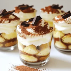 Here are the ingredients you will need for Easy Tiramisu Cups. Each item plays a key role in making this treat special. - 1 cup mascarpone cheese - 1 cup heavy whipping cream - ½ cup powdered sugar - 1 teaspoon pure vanilla extract - 1 cup brewed coffee, cooled to room temperature - 15 ladyfinger cookies - 2 tablespoons unsweetened cocoa powder for dusting - Dark chocolate shavings for garnish (optional) You can find all these items at your local grocery store. Make sure the coffee is cooled before you dip the ladyfingers. Each ingredient adds its own flavor and texture. Mascarpone gives creaminess, while the heavy whipping cream adds a light, fluffy touch. The ladyfingers soak up the coffee, giving a nice kick. The cocoa powder on top adds a rich finish. For the full recipe, follow the simple steps to create your own delightful dessert! 1. Start by pouring the heavy whipping cream into a large mixing bowl. 2. Use an electric mixer to whip the cream on medium speed. 3. Watch for soft peaks to form. This should take about 1-2 minutes. 4. Gradually add the powdered sugar and vanilla extract while you whip. 5. Increase the mixer speed to high. 6. Whip until stiff peaks form and the cream holds its shape. 1. Take another bowl and add the mascarpone cheese. 2. Gently fold the whipped cream into the mascarpone. 3. Use a spatula and be careful not to overmix. 4. Fold until just combined for a light texture. 1. Grab your ladyfinger cookies. 2. Dip each one into the cooled coffee for about 1-2 seconds. 3. Make sure they soak in enough coffee flavor but stay firm. 1. Start with a layer of soaked ladyfingers at the bottom of each cup. 2. Arrange them to cover the bottom fully. 3. Spoon a layer of the mascarpone mixture over the ladyfingers. 4. Spread it evenly to cover them completely. 5. Repeat this process for 2 to 3 layers. 6. Finish by dusting the top with cocoa powder. 7. Add dark chocolate shavings if desired for a nice touch. 8. Cover the cups with plastic wrap and refrigerate for at least 4 hours. 9. For the best flavor, let them chill overnight. This easy tiramisu cups recipe is a fun way to enjoy a classic dessert. For the full recipe, check out the details above! To make great tiramisu, you need to understand soft and stiff peaks. When you whip cream, soft peaks form first. This means the cream holds its shape but is still somewhat floppy. Stiff peaks hold their shape firmly. You will know you've reached this stage when lifting the beaters leaves a peak that stands tall. This thick cream is key to a rich tiramisu. Always whip on medium speed first, then increase to high for stiff peaks. Pair your tiramisu cups with coffee or espresso. The rich coffee flavor complements the dessert well. I love serving my cups on a decorative platter. This adds a nice touch when you have guests. You can even place small cups of espresso next to each dessert. This makes for a lovely coffee experience. You can add flavor variations to your tiramisu. Consider using espresso instead of regular coffee for a bolder taste. Flavored liqueurs like Amaretto or coffee liqueur can also enhance your dessert. Just a splash is enough to make a difference. These small changes can turn classic tiramisu into something special. For the full recipe, check the detailed steps above. {{image_4}} You can easily twist the classic tiramisu into fun flavors. Here are two popular ideas: - Chocolate Tiramisu Cups: Add cocoa powder to the mascarpone mix. You can also layer in chocolate syrup for extra richness. This version is a treat for chocolate lovers. - Fruit-Infused Tiramisu Cups: Swap coffee for a fruit puree like raspberry or strawberry. Dip ladyfingers into the puree instead of coffee. This gives a fresh and fruity taste that brightens up the dessert. If you have special diet needs, you can still enjoy this dessert. Here are some options: - Gluten-free ladyfingers: You can find gluten-free ladyfingers in stores. They work just as well in this recipe. - Vegan alternatives: Use coconut cream instead of mascarpone. Substitute the heavy cream with a plant-based whipped topping. This makes the dessert suitable for vegans. Make your tiramisu fit the seasons with these fun ideas: - Pumpkin Tiramisu for fall: Mix pumpkin puree and spices into your mascarpone. This adds a cozy flavor perfect for autumn. - Mint variations for summer: Use mint extract in the mascarpone mixture. Top it with crushed mint leaves for a refreshing summer twist. Explore these variations to keep your tiramisu exciting and full of flavor! You can find the full recipe for the base tiramisu cups above. To keep your tiramisu cups fresh, place them in the fridge. Use a tight lid or wrap them in plastic. They will stay good for about 3 days. The longer they sit, the softer the ladyfingers become. If you love the crunch, eat them sooner. You can freeze tiramisu cups if you have extras. First, cover them well with plastic wrap. Then, put them in an airtight container. They will freeze well for about 1 month. To eat, take them out and let them thaw in the fridge overnight. This keeps the texture nice. Always cover your tiramisu cups tightly. This helps to keep them from drying out. If you use plastic wrap, make sure it touches the dessert. This prevents air from getting in. Enjoy the fresh taste of this dessert by storing it properly. You can find the Full Recipe above for more tips. You can store tiramisu cups for up to four days in the fridge. Make sure to cover them with plastic wrap. This keeps them fresh and tasty. The flavors blend better after a day, so they are even more delicious after chilling. Yes, you can make tiramisu cups a day ahead. This dessert needs time to chill and set, so preparing them in advance is perfect. Just remember to cover them well before placing them in the fridge. If you don't have ladyfingers, you can use sponge cake or pound cake. Just cut them into pieces and soak them in coffee. This will give you a similar texture and flavor. You can also use cookies like graham crackers if you like a twist. You can tell whipped cream is ready when it forms stiff peaks. When you lift the beaters, the cream should hold its shape. If it looks thick and fluffy, you did it right! Be careful not to whip it too long, or it can turn buttery. Absolutely! Using flavored coffee can add a fun twist to your tiramisu cups. Try vanilla, hazelnut, or even mocha coffee. Just make sure it is cooled before dipping the ladyfingers. This adds an extra layer of flavor to your dessert. For the full recipe, check the earlier section. Enjoy making your charming tiramisu cups! This article shared a simple tiramisu cups recipe. We covered key ingredients, step-by-step instructions, and helpful tips. You learned about variations, storage, and even answered common questions. Tiramisu cups are versatile, delicious, and fun to make. Whether you add chocolate, fruit, or stick to the classic, these treats impress every time. Enjoy creating your own twist on this beloved dessert. It’s easy and tasty, so dive into your kitchen today!