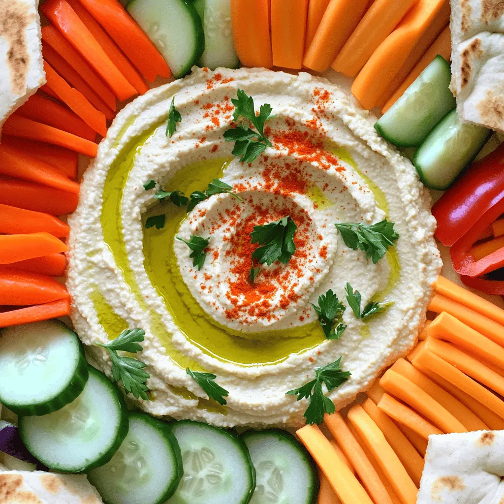 - Chickpeas (1 can, 15 oz) - Tahini (1/4 cup) - Olive oil (2 tablespoons) - Fresh lemon juice (2 tablespoons) - Garlic (1 clove, minced) - Ground cumin (1/2 teaspoon) - Sea salt (to taste) - Cold water (2-3 tablespoons, as needed) - Fresh parsley (for garnish) - Paprika (for garnish) - Assorted fresh veggies (carrot sticks, cucumber slices, bell pepper strips) - Pita bread (cut into triangles) When I prepare a classic hummus platter, I start with the main ingredients. I use one can of chickpeas. I rinse and drain them well. Then, I add 1/4 cup of tahini. This sesame paste gives the hummus its rich texture. Next, I pour in 2 tablespoons of olive oil and 2 tablespoons of fresh lemon juice. These bright flavors lift the dish. I also focus on flavorings. I mince one clove of garlic, which adds a nice kick. A pinch of cumin makes the hummus warm and aromatic. I season with sea salt to taste. This balance of flavors is key for a great dip. For a beautiful presentation, I include accompaniments. I keep cold water nearby for adjusting the hummus thickness. I like to garnish with fresh parsley and sprinkle paprika on top. This adds color and freshness. I serve the hummus with an array of fresh veggies like carrot sticks, cucumber slices, and bell pepper strips. Finally, I cut pita bread into triangles for dipping. These ingredients make a classic hummus platter easy and delightful. For the full recipe, check out the section above. 1. In a food processor, combine: - 1 can (15 oz) chickpeas, drained and rinsed - 1/4 cup tahini - 2 tablespoons olive oil - 2 tablespoons lemon juice - 1 clove garlic, minced - 1/2 teaspoon ground cumin - Salt, to taste 2. Pulse the mixture until it is smooth and creamy. If it’s too thick, add cold water one tablespoon at a time. Blend until you reach your desired consistency. 1. Taste your hummus to check the flavor and texture. 2. If needed, adjust the seasoning by adding more salt or lemon juice. This step is key to getting the perfect taste. 1. Spoon the hummus into a bowl. Use the back of a spoon to create a shallow well in the center for toppings. 2. Drizzle olive oil over the hummus. Sprinkle paprika and add chopped parsley for a pop of color and flavor. 3. Arrange fresh veggies and pita triangles around the hummus. This creates a vibrant and inviting platter. For the full recipe, please refer to the recipe section above. Enjoy your delicious and easy classic hummus platter! To get the best texture for your hummus, you can gradually add water. This lets you fine-tune the creaminess level. Start with a tablespoon, blend, and check if it’s smooth enough. For a richer taste, use high-quality tahini. It brings a nutty flavor that enhances the whole dish. You might want to explore adding roasted garlic or lemon zest for a deeper flavor. Roasted garlic gives a sweet and mellow taste. Lemon zest brightens the hummus, making it fresh. You can also mix in spices like smoked paprika or chili powder. These spices add warmth and a little kick to your hummus. A colorful platter makes your hummus look more inviting. Use a large plate or a rustic wooden board to display your spread. Arrange the veggies and pita carefully. Carrot sticks, cucumber slices, and bell pepper strips should be placed around the hummus. This layout not only looks nice but also makes it easy for everyone to dip. {{image_4}} You can easily change the taste of your classic hummus. For a spicy kick, add cayenne pepper or diced jalapeños. This will make your hummus vibrant and exciting. If you like fresh flavors, blend in herbs like basil or cilantro. This herb-infused hummus will brighten up your dish and give it a new twist. Your hummus platter can be more than just hummus and pita. Try pairing it with different dippers like crispy tortilla chips or crunchy crackers. This variety makes it fun for everyone. You can also add sides like olives, capers, or pickled vegetables. These options will give your platter a delightful mix of tastes. If you want gluten-free options, swap pita bread for veggie sticks or rice cakes. These choices keep your platter tasty and inclusive. For a vegan-friendly option, focus on plant-based toppings. You can use roasted red peppers or sunflower seeds. This way, everyone can enjoy your delicious hummus platter. To keep your hummus fresh, store any unused portion in an airtight container. The fridge is the best place for this. It will last up to one week. Always check for any off smells or colors before using. If it looks or smells funny, toss it out. If you want to save hummus for later, freezing works well. Make sure to use an airtight container or freezer bag. Leave some space at the top for expansion. To thaw, place it in the fridge overnight. If you want it quick, use the microwave for short bursts. Stir well after thawing to regain smoothness. Keep your veggies fresh by storing them in the fridge. Place them in a sealed bag or container. This helps keep moisture in. Pita bread can be stored in its original packaging or wrapped tightly. For garnishes like parsley, trim the stems and place them in a glass of water. Cover loosely with a plastic bag. This keeps them fresh longer. Yes, you can make classic hummus a day or two before your event. This gives the flavors time to mix. Just store it in an airtight container in the fridge. When you’re ready to serve, drizzle with olive oil and add your garnishes. The hummus will taste fresh and delicious, even after a day. If you have allergies, there are easy swaps. For a nut allergy, check your tahini; it may contain nuts. You can skip it or use sunflower seed paste instead. If you need a low-sodium option, use less salt or add lemon juice for flavor. If you are gluten-free, serve with veggie sticks instead of pita. You can serve a variety of tasty items with hummus. Fresh veggies like carrot sticks, cucumber slices, and bell pepper strips are great choices. Pita bread cut into triangles is classic. You can also add olives, cherry tomatoes, and even crackers. This makes your platter colorful and fun to eat. Homemade hummus lasts up to a week in the fridge. Keep it in an airtight container to stay fresh. If it starts to smell sour or change color, it’s best to throw it out. Check for dryness too; if it looks dry, add a splash of water and stir before serving. You learned how to make classic hummus and its many variations. We explored ingredients, prep steps, and tips for the best texture and flavor. Use high-quality items for great taste, and feel free to get creative with spices and dippers. Remember, hummus is easy to store and lasts about a week in the fridge. Enjoy your hummus with friends and family while diving into its delicious flavors!