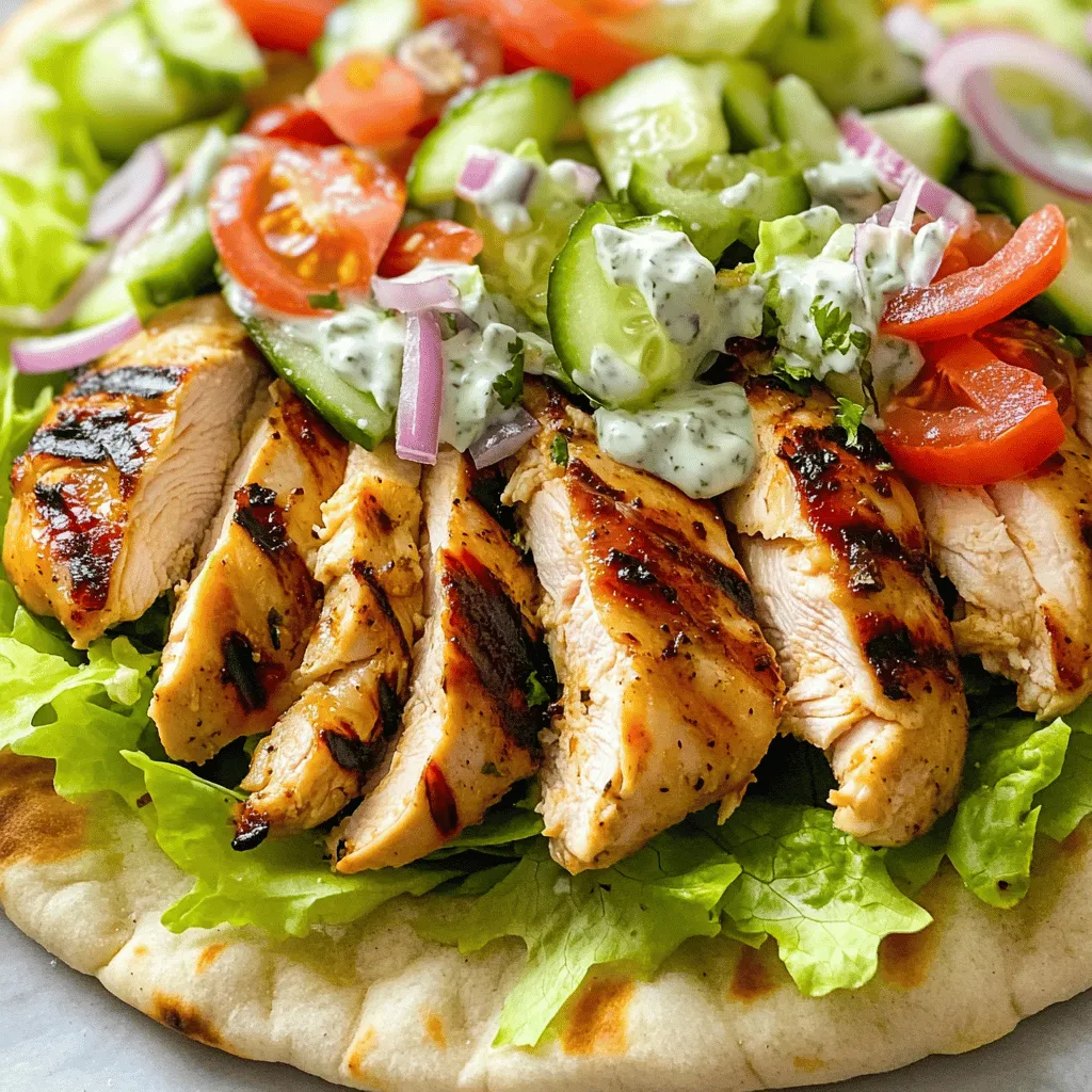 - 1 lb boneless, skinless chicken thighs - 3 tablespoons extra virgin olive oil - 2 tablespoons creamy Greek yogurt - 1 tablespoon fresh lemon juice - 2 cloves garlic, minced - 1 teaspoon dried oregano - 1 teaspoon smoked paprika - Salt and pepper to taste - 1 cup shredded romaine lettuce - 1 ripe tomato, diced - 1/2 cucumber, sliced - 1/4 red onion, thinly sliced - 1/2 cup tzatziki sauce - Mixing bowl - Skillet or grill - Cutting board - Pita bread for serving To make easy chicken gyros, gather these key ingredients. The chicken thighs give great flavor and tenderness. The olive oil keeps the chicken moist. Greek yogurt adds creaminess, while lemon juice brightens the taste. Garlic, oregano, and smoked paprika enhance the dish with depth. You can season it with salt and pepper to taste. Next, consider toppings to make your gyros fun and fresh. Shredded romaine lettuce adds crunch. Diced tomatoes provide sweetness, while cucumber slices add coolness. Red onion gives a nice bite, and tzatziki sauce ties it all together. For cooking, you'll need a mixing bowl for marinating, a skillet or grill for cooking, and a cutting board for slicing the chicken. Don't forget pita bread, as it holds everything together. Use the full recipe for detailed steps to prepare this meal. - Whisk the marinade ingredients together. - Coat chicken with marinade and refrigerate. Start by making the marinade. In a medium bowl, combine three tablespoons of olive oil, two tablespoons of Greek yogurt, and one tablespoon of fresh lemon juice. Add two cloves of minced garlic, one teaspoon of dried oregano, one teaspoon of smoked paprika, along with salt and pepper. Whisk everything until it blends well. This mix gives the chicken a tasty flavor. Next, take the chicken thighs and add them to the bowl. Make sure every piece is well coated with the marinade. Cover the bowl with plastic wrap and refrigerate. Marinating for at least 30 minutes works well. If you have time, letting it sit for up to two hours makes the flavor even better. - Preheat grill or skillet. - Cook chicken until fully done. When you are ready to cook, preheat your grill or a large skillet over medium-high heat. Once hot, place the marinated chicken on the grill or skillet. Cook each side for about 5-7 minutes. The chicken should be golden and the juices should run clear. Use a meat thermometer to check that it reaches 165°F (75°C). After cooking, transfer the chicken to a cutting board and let it rest for five minutes. This helps keep it juicy. Slice the chicken into strips for easy assembly. - Warm pita bread. - Fill and wrap gyros. While the chicken rests, warm the pita bread on the grill or skillet for about one minute on each side. This makes them soft and easy to wrap. Now it's time to assemble your gyros! Take a warmed pita and place a good amount of sliced chicken in the center. Top it with shredded lettuce, diced tomatoes, cucumber slices, and thinly sliced red onion. This adds a fresh crunch. Finally, drizzle some tzatziki sauce over the filling. Fold the pita around the ingredients, securing everything inside. Enjoy your delicious chicken gyros right away for the best taste! For the complete recipe, check out the Full Recipe. For great flavor, marinate your chicken for at least 30 minutes. If you can, let it sit for up to 2 hours. This helps the chicken soak up all the tasty spices. To enhance the flavor, add fresh herbs like parsley or dill. You can also use a splash of vinegar for a tangy kick. To check if your chicken is done, use a meat thermometer. The chicken should reach 165°F (75°C) inside. If you don’t have a thermometer, cut into the chicken. The juices should run clear, not pink. For perfect grill marks, preheat your grill well. Place the chicken down and don’t move it for 5-7 minutes. Flip it only once for those nice lines. Pair your gyros with crispy fries or a fresh salad. A side of Greek salad adds a nice crunch. For drinks, try a light soda or lemonade to balance the flavors. To make it a complete meal, serve with hummus and pita chips. This adds more variety and fun to your meal. Enjoy your delicious chicken gyros! You can find the full recipe above to guide your journey in making these tasty treats. {{image_4}} You can switch up the protein in your gyros! Instead of chicken, try beef or lamb. These meats bring a different taste and texture. Slice them thin and marinate the same way. For a vegetarian twist, use grilled mushrooms or chickpeas. Both options give you great flavor without meat. Tzatziki is classic, but you have choices! You can make homemade tzatziki for a fresh taste. If you're short on time, store-bought works too. Try a spicy yogurt sauce or a tahini dressing for new flavors. These options can change the whole vibe of your gyros. Herbs can take your gyros to the next level! Consider adding fresh dill, parsley, or mint. These herbs add bright notes that complement the chicken. You might also enjoy crumbled feta cheese or sliced olives for a salty kick. These simple add-ons can enhance both taste and presentation. To store leftover gyros, wrap them well in plastic wrap or foil. You can also use an airtight container. This keeps the chicken and veggies fresh. Make sure to eat the leftovers within three days for the best taste. For freezing, separate the chicken from the pita and toppings. Place the chicken in a freezer-safe bag. Remove as much air as possible to prevent freezer burn. You can freeze it for up to three months. When you're ready to eat, thaw the chicken overnight in the fridge. Reheat it in a skillet or microwave until hot. In the fridge, the cooked chicken lasts about three to four days. Toppings like lettuce and tomato are best eaten within two days. Look for signs of spoilage like a bad smell or change in color. If you see these signs, it’s best to throw it away. Yes, you can marinate chicken overnight. It helps the chicken soak up more flavor. If you want the best taste, I recommend marinating for at least two hours. Overnight gives the chicken a great taste and tender texture. Just remember to keep it in the fridge. Chicken gyros pair well with many sides. Here are some popular options: - Greek salad with fresh veggies - Crispy roasted potatoes - Tzatziki dip with pita chips - A side of hummus with veggies - Grilled vegetables for a healthy touch These dishes add color and flavor to your meal. They also balance out the richness of the gyros. You can easily make your gyros healthier with a few simple tips: - Use whole wheat pita for more fiber. - Add more fresh veggies like spinach or bell peppers. - Swap the creamy tzatziki for a lighter yogurt mix. - Choose skinless chicken breast instead of thighs. These changes keep the taste but lower the calories. Enjoy your meal guilt-free while still being tasty! For the full recipe, check out the details above. This blog post covered key ingredients and steps for making tasty chicken gyros. We explored marination tips, cooking methods, and different protein options. Remember, the right toppings and sauces can elevate your meal. Whether you want a quick recipe or a fun variation, you have the tools to make delicious gyros. Enjoy your cooking journey and experiment with flavors. Taste and adjust as needed; make it your own!