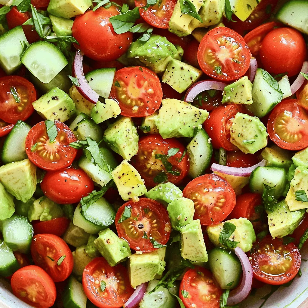- 2 ripe avocados, diced - 2 cups cherry tomatoes, halved - 1 small red onion, finely sliced - 1 cucumber, peeled and diced - 2 tablespoons fresh basil, finely chopped - 2 tablespoons fresh lemon juice - 1 tablespoon extra virgin olive oil - Sea salt and freshly cracked black pepper - 1 teaspoon honey (optional) When making this salad, you want the best ingredients. Fresh avocados are key. They should be ripe but not mushy. Cherry tomatoes add a sweet burst of flavor. Slice them in half for easy eating. The red onion gives a nice crunch and a bit of spice. Cucumber adds a cool and refreshing bite. Fresh basil brings a wonderful aroma and flavor. Lemon juice brightens the dish and adds tang. Extra virgin olive oil adds richness. Don’t forget to season with salt and pepper to enhance all the flavors. If you like a hint of sweetness, add honey. It balances the acidity from the lemon. - Caloric content: This salad is light, with about 250 calories per serving. - Macronutrients breakdown: It contains healthy fats from avocados and olive oil, along with some carbs from the veggies. - Vitamins and minerals: You’ll get vitamins A, C, and K, plus potassium and fiber. This salad is not just tasty; it is also healthy. Each bite is packed with nutrients. Enjoy this dish as a side or a light meal. For the full recipe, check out the complete guide. 1. Start with the avocados. Cut them in half and remove the pit. Use a spoon to scoop out the flesh. Dice the avocados into bite-sized pieces. 2. Next, take the cherry tomatoes. Cut each one in half. This helps them release their sweet juices. 3. Now, slice the red onion thinly. A sharp knife helps with even slices. Dice the cucumber after peeling it. Aim for small, even pieces. 1. In a large mixing bowl, add all the prepared ingredients. This includes the avocados, cherry tomatoes, onion, and cucumber. 2. Then, sprinkle in the fresh basil. It adds a nice aroma and flavor to the salad. 1. In a small bowl, whisk together lemon juice, olive oil, and honey. This creates a bright and tasty dressing. 2. Taste the dressing and add sea salt and black pepper. Adjust to your liking. For the full recipe, check out the detailed instructions above. Enjoy your fresh avocado and tomato salad! How to choose ripe avocados To pick a ripe avocado, gently squeeze it. It should feel slightly soft but not mushy. Look for a dark green or black skin. Avoid any with large dents or dark spots. These signs mean the avocado may be overripe. Picking the best cherry tomatoes Choose cherry tomatoes that are bright and firm. Look for ones that feel heavy for their size. A shiny skin indicates freshness. Avoid any that have blemishes or wrinkles. Sweetness is key, so smell them. If they smell sweet, they will taste great! Techniques to avoid mashing the avocados When you mix the salad, use a gentle touch. A spatula or wooden spoon works well. Start by combining the other ingredients first. Then, add the diced avocados last. This way, they stay intact and look pretty. Ensuring even coating of dressing To coat the salad evenly, drizzle the dressing slowly. Toss gently, using a folding motion. This keeps the avocados from breaking apart. Make sure every piece gets some dressing. This way, each bite is full of flavor. Tips for serving in an elegant way Serve the salad in a large, shallow bowl. This allows everyone to see the bright colors. You can also layer the ingredients for a nice look. Start with cucumbers, add tomatoes, then avocados on top. Adding garnishes for color Finish your salad with fresh basil leaves. They add a pop of green and look stunning. You can also sprinkle some whole cherry tomatoes around the edge. This adds a fun touch and makes the dish more inviting. For the full recipe, check [Full Recipe]. {{image_4}} You can make this salad even better! Try adding protein like grilled chicken or shrimp. This addition makes it filling and nutritious. If you want some crunch, add nuts or seeds. Almonds or sunflower seeds bring a nice texture. There are many ways to dress this salad. You can explore vinegar-based dressings, like balsamic or apple cider vinegar. These add a tangy kick. If you're watching calories, think about low-calorie dressing alternatives. A splash of lemon juice or a yogurt-based dressing works well. To spice things up, consider adding spices like cumin or paprika. Just a pinch can elevate the flavor. You can also incorporate fruits like mango or pineapple for a sweet twist. These fruits pair nicely with avocado and tomato. For the full recipe, check out the main section. To keep your avocado and tomato salad fresh, use a few simple tricks. First, store avocados in the fridge to slow down browning. Wrap leftover avocado halves in plastic wrap tightly. This helps keep air away. For the salad, use an airtight container. This prevents the salad from drying out and keeps its flavors intact. The salad lasts in the fridge for about two days. After that, it may lose its taste and texture. Look for signs like browning on the avocados or a sour smell. If you see these signs, it’s best to toss the salad. Always check before you dig in! Yes, you can prepare this salad ahead of time. To keep it fresh, follow these tips: - Cut the avocados just before serving to prevent browning. - Store ingredients separately in airtight containers. - Mix the salad just before eating for the best taste. A little lemon juice on the avocados helps them stay green longer. If you want to save time, you can slice the onions and tomatoes early. Just keep everything cool in the fridge. This salad works well for many diets: - Vegan: All ingredients are plant-based, making it perfect for vegans. - Gluten-Free: There are no gluten ingredients, so it’s safe for gluten-free diets. If you want to add protein, grilled chicken or chickpeas are great options. You can also swap out the olive oil for a nut-based oil if you prefer. If you like heat, here are some ideas: - Add diced jalapeños for a fresh kick. - Sprinkle red pepper flakes on top for a little extra spice. - Mix in hot sauce to the dressing for an added layer of flavor. These small tweaks can really make your salad pop! Feel free to adjust the spice level to fit your taste. For the full recipe, check out the detailed instructions above. This blog post covered making a fresh avocado salad. We discussed the key ingredients, detailed step-by-step instructions, and shared helpful tips. We also explored variations and storage methods to keep your salad fresh. Remember, using ripe ingredients enhances flavor. You can adapt this recipe for any diet or taste preference. Enjoy creating your own avocado salad masterpiece! It’s simple, tasty, and perfect for any meal.