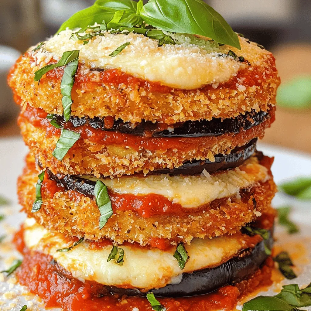 - 2 medium eggplants, sliced into 1/2 inch rounds - Olive oil for frying - Marinara sauce - 2 cups mozzarella cheese - 1/2 cup Parmesan cheese - 1 cup all-purpose flour - 2 large eggs, beaten - 2 cups breadcrumbs - 1 teaspoon dried oregano - 1 teaspoon dried basil - Salt and pepper to taste - Fresh basil leaves for garnish The heart of Eggplant Parmesan Stacks lies in its fresh, vibrant ingredients. You start with medium eggplants. Cut them into thick rounds. This thickness helps keep them firm during cooking. Olive oil is key to frying. It adds flavor and helps achieve that crispy texture we all love. Next, you need marinara sauce. A good sauce elevates the dish. Choose a sauce you love. Mozzarella cheese makes it gooey and rich. Parmesan cheese brings a sharp, salty bite. Together, they create a melty layer that ties everything together. When it comes to seasoning and coating, the process is simple. All-purpose flour gives a light crust. The eggs help the breadcrumbs stick. Breadcrumbs add crunch. You can spice up your breadcrumbs with dried oregano and basil. A pinch of salt and pepper brings out all the flavors. For a fresh touch, use basil leaves as a garnish. They look great and add a burst of flavor. This blend of ingredients makes Eggplant Parmesan Stacks both flavorful and satisfying. For the full recipe, check the details above! First, slice the eggplants into 1/2 inch rounds. This thickness helps them cook evenly. Next, sprinkle salt on both sides of each slice. The salt pulls out moisture and bitterness. Let the slices rest for about 30 minutes. After that, rinse them under cold water. Gently pat the slices dry with paper towels. This step is key to getting a nice texture. Now it’s time to set up your breading station. You need three shallow dishes. In the first dish, put the all-purpose flour. In the second dish, beat two large eggs until smooth. In the third dish, mix breadcrumbs with dried oregano, dried basil, salt, and pepper. Make sure to mix well for even flavor. Take each eggplant slice and dredge it in the flour. This helps the egg stick. Next, dip the slice into the beaten eggs, letting excess drip off. Finally, coat the slice with the seasoned breadcrumbs. Press lightly to make sure they stick. Place the breaded slices on a baking sheet. Heat olive oil in a large skillet over medium heat. You want enough oil to cover the bottom. Once it's hot, add the eggplant slices in batches. Fry each slice for about 3-4 minutes per side. Look for a golden brown color. After frying, transfer the slices to a plate lined with paper towels. This step helps drain extra oil. With these steps, you're well on your way to creating delicious Eggplant Parmesan Stacks! You can find the full recipe [here](#). To fry eggplant right, you need to focus on oil temperature. Heat the oil to about 350°F. If it is too cool, the eggplant will soak up oil and become soggy. If it is too hot, the outside will burn before the inside cooks. Use a thermometer for best results. To avoid soggy eggplant slices, salt them before cooking. After slicing, sprinkle salt on both sides and let them sit for 30 minutes. This step draws out moisture and bitterness. After resting, rinse the slices and pat dry with paper towels. This keeps your eggplant crispy. When stacking your eggplant, aim for balanced layers. Start with a slice, then add marinara, cheese, and repeat. This way, each bite will have all the flavors. Try to keep the stacks about 3-4 layers high. For portion control, think about how many servings you want to make. Each stack should be enough for one person. This way, you can serve everyone without waste. Pair your eggplant stacks with a simple side salad or some garlic bread. These sides can help lighten the meal while adding flavor. For presentation, serve the stacks on individual plates. Drizzle some extra marinara sauce around the base. Finish with a sprig of fresh basil. This adds a splash of color and makes it look fancy. For the full recipe, check out the Eggplant Parmesan Stacks recipe. {{image_4}} You can change the sauce for your eggplant Parmesan stacks. Try pesto for a fresh twist. Alfredo sauce adds a creamy texture that many love. For cheese, there are many options. Vegan cheese works great for a dairy-free choice. It melts well and still tastes good. You can bake or fry your stacks. Frying gives a crispy crust, but baking is healthier. If you choose to bake, preheat your oven to 375°F. The air fryer is another method. It takes less oil and keeps the stacks lighter. Just set it to 375°F and cook for about 15 minutes. Want more flavor? Add vegetables like spinach or bell peppers. They add color and nutrients. You can also spice things up. A pinch of chili flakes gives a nice kick. Fresh garlic adds a rich taste, too. These simple changes make a big difference in flavor. For the full recipe, see the section above. Enjoy your cooking adventure! To store leftovers, let your eggplant Parmesan stacks cool down. Place them in an airtight container. This helps keep them fresh. You can store them in the fridge for up to four days. Make sure the container is sealed properly. This will prevent them from drying out or absorbing other odors. If you want to save them for later, freezing is a great option. First, let the stacks cool completely. Then, wrap each stack in plastic wrap. After that, place them in a freezer-safe bag or container. This method helps keep the flavor intact. You can freeze them for up to three months. When ready to eat, thaw them overnight in the fridge. To reheat your eggplant stacks, the oven is best. Preheat your oven to 350°F (175°C). Place the stacks on a baking sheet. Cover with foil to keep them moist. Heat for about 20 minutes. If you prefer a crispy top, remove the foil for the last five minutes. Always check the center to ensure it's hot. Enjoy your dish warm and delicious! Yes, you can prepare Eggplant Parmesan Stacks ahead of time. Here are some tips: - Slice and Salt: Prepare the eggplants and salt them. This helps remove moisture. - Bread and Fry: Bread and fry the eggplant slices. Let them cool. - Assemble and Refrigerate: Layer the stacks in a baking dish. Cover and refrigerate for up to 24 hours. - Bake Before Serving: When ready to eat, bake at 375°F (190°C) until hot and bubbly. To keep your eggplant crispy, use these techniques: - Salt the Eggplant: Salting helps draw out excess moisture. Rinse and dry well afterward. - Fry Properly: Use hot oil. Fry until golden brown on both sides. Don't overcrowd the pan. - Cool on Paper Towels: After frying, place the slices on paper towels to absorb extra oil. Eggplant Parmesan Stacks pair well with: - Salad: A light green salad with vinaigrette complements the rich stacks. - Bread: Serve with garlic bread for a hearty meal. - Wine: A glass of Chianti or Pinot Noir enhances the flavors. To get that perfectly melted cheese, consider these tips: - Use Fresh Cheese: Fresh mozzarella melts better than pre-shredded cheese. - Layer Properly: Distribute cheese evenly between layers for consistent melting. - Bake Covered: Cover the dish with foil for the first half of baking. This helps the cheese melt before it browns. Try these ideas to make your Eggplant Parmesan Stacks truly delicious. For the full recipe, check out the detailed instructions above! In this blog post, we covered how to make delicious Eggplant Parmesan Stacks. We went through the key ingredients, such as eggplants, marinara sauce, and cheese. You learned the important steps to prepare, bread, and cook the eggplants. We also shared helpful tips for perfect frying and serving. Now, you can enjoy this dish any time and impress others. With various options and storage tips, you can customize the stacks to your taste. Enjoy your cooking journey with Eggplant Parmesan Stacks!