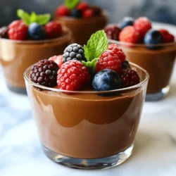 To make this rich and silky vegan chocolate mousse, you need a few key ingredients: - 1 cup silken tofu, well-drained - 1/2 cup unsweetened cocoa powder - 1/2 cup pure maple syrup (or agave syrup for a sweeter alternative) - 1/4 cup almond milk (or any preferred plant-based milk) - 1 teaspoon pure vanilla extract - A pinch of fine sea salt - 1/4 cup dairy-free dark chocolate chips These ingredients work together to create a smooth and creamy texture. Silken tofu serves as the base, giving the mousse its light and airy feel. Cocoa powder adds rich chocolate flavor, while maple syrup sweetens it naturally. The almond milk helps blend everything smoothly, and vanilla enhances the taste. You might want to add some optional ingredients for more depth: - A dash of espresso powder (to boost the chocolate flavor) - A few drops of peppermint extract (for a minty twist) - A sprinkle of cinnamon (for a warm spice note) These add-ins can change the taste profile. Espresso powder brings out the cocoa. Peppermint makes it fresh, while cinnamon adds warmth and comfort. To whip up this mousse, you'll need some basic kitchen tools: - A high-speed blender or food processor - A microwave-safe bowl or double boiler - Measuring cups and spoons - Serving cups or bowls These tools make the process easy. A blender helps achieve that creamy texture, while a microwave or double boiler melts the chocolate smoothly. To start, you need to melt the dairy-free dark chocolate chips. Place them in a microwave-safe bowl. Microwave them for 20 seconds. Stir after each interval. Keep doing this until the chocolate is smooth. If you prefer, use a double boiler on the stovetop. Just heat water in the bottom pot and place your chocolate in the top pot. Stir until melted. Once melted, let it cool slightly before using. Now, it’s time to blend the mousse base. Grab a high-speed blender or a food processor. Add the well-drained silken tofu, unsweetened cocoa powder, and pure maple syrup. Pour in the almond milk, vanilla extract, and a pinch of sea salt. Blend everything on high speed. You want it to be completely smooth and creamy. No lumps should remain for the best texture. After blending, it’s time to combine the chocolate. Pour the melted chocolate into the blender with the tofu mix. Blend again until the chocolate is well mixed in. Taste your mousse. If you want it sweeter, add more maple syrup and blend briefly. Next, pour the mousse into serving cups or bowls. Cover each with plastic wrap. Refrigerate for at least one hour. This will let the mousse set and become fluffy. Before serving, add fresh berries and mint leaves on top for a nice touch. Enjoy your rich and silky vegan chocolate mousse! For a smooth vegan chocolate mousse, use silken tofu. It blends well and gives a creamy feel. Make sure to drain the tofu well before blending. The right consistency is key. Blend until there are no lumps left. For a silkier texture, blend a bit longer. Sweetness is important in this recipe. Start with the amount of maple syrup listed. Taste the mousse before chilling. If it's not sweet enough for you, add more syrup. Blend again briefly to mix it in. Remember, you can always add more, but you can't take it out. Presentation makes your dessert stand out. Use clear glass cups for a beautiful display. Layer fresh berries at the bottom for color and flavor. Top with a sprig of mint for a pop of green. This adds freshness and makes the mousse look fancy. For extra flair, drizzle some melted chocolate on top before serving. Enjoy! {{image_4}} For a fresh twist, add mint flavor to your mousse. You can use mint extract or fresh mint leaves. If you use extract, start with just a few drops. Blend it in with the other ingredients for a minty kick. This variation pairs wonderfully with dark chocolate. Garnish with mint leaves for an extra touch. Raspberry-flavored mousse is another tasty choice. Mix in raspberry puree during blending. You can make the puree by blending fresh or frozen raspberries. Strain it to remove seeds if you prefer a smooth texture. This fruity addition brightens the chocolate flavor. Top with fresh raspberries for a stunning look. You can explore many other flavors. Consider adding a splash of espresso for a coffee kick. Almond extract gives a sweet and nutty note. You can also fold in crushed nuts for added texture. Experiment with spices like cinnamon or chili for a unique twist. The options are endless, so have fun with it! For the full recipe details, refer to the [Full Recipe]. To keep leftover mousse fresh, place it in airtight containers. You can use small jars or bowls with tight lids. Make sure to cover the surface with plastic wrap before sealing. This prevents air from getting in and keeps it creamy. Store the mousse in the fridge for up to three days. You can freeze vegan chocolate mousse, but it's best to do it right. First, spoon the mousse into freezer-safe containers. Leave some space at the top since mousse expands when frozen. Cover tightly with a lid or wrap well with plastic wrap. When ready to eat, thaw it in the fridge overnight before serving. The mousse stays fresh in the fridge for about three days. If you freeze it, it can last for up to two months. Always check for any changes in smell or texture before eating. If it seems off, it's best to toss it. Enjoy it as a quick snack or a fancy dessert. You can even layer it with fresh fruit for a fun treat. For the full recipe, check out the Vegan Chocolate Mousse section above! Yes, vegan chocolate mousse can be healthy. It uses silken tofu, which is rich in protein and low in fat. The cocoa powder provides antioxidants, and maple syrup is a natural sweetener. This dessert has fewer calories than traditional mousse. You can also adjust the sweetness to your liking. Absolutely! You can use any plant-based milk you like. Almond, soy, or oat milk all work well. Each type of milk gives the mousse a unique taste. Choose the one you enjoy most for the best flavor. The mousse needs about one hour to set in the fridge. This time helps it become fluffy and firm. If you can wait longer, letting it chill for a few hours makes it even better. Yes, you can make this mousse ahead of time. It stores well in the fridge for up to three days. Just cover it tightly with plastic wrap or a lid. This makes it a great dessert for parties or special meals. If you want to avoid tofu, you can use aquafaba. Aquafaba is the liquid from canned chickpeas. It whips up like egg whites and adds a light texture. You can also try using soaked cashews for a creamier mousse. Just blend them well to ensure a smooth consistency. For the complete recipe, check out the Full Recipe. Vegan chocolate mousse is easy and fun to make. We covered key ingredients, equipment, and step-by-step instructions. With tips for perfect texture and creative variations, you can impress anyone. Remember to store leftovers wisely and enjoy them later. This mousse can be a healthy dessert or a special treat. Try different flavors and add-ins to find your favorite. Get started today, and turn simple ingredients into a rich, creamy delight. Enjoy making vegan chocolate mousse!