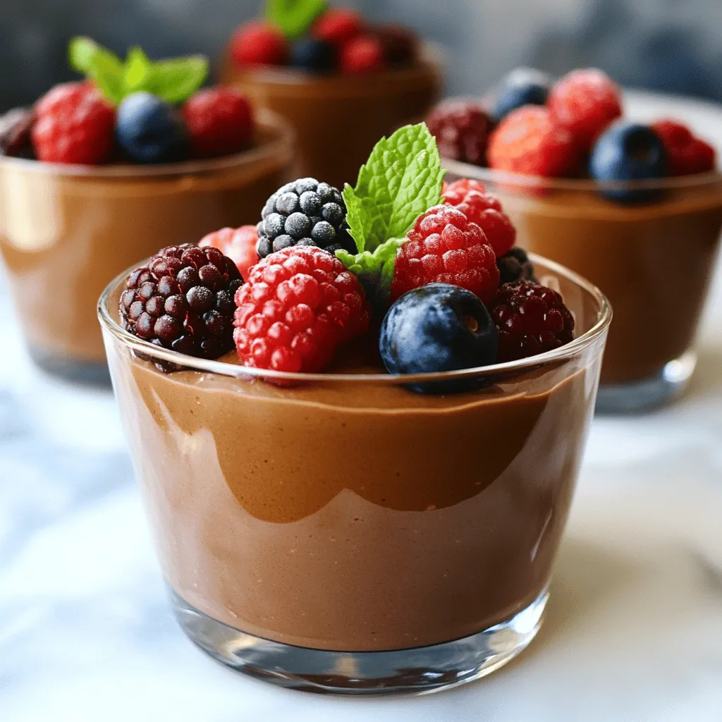 To make this rich and silky vegan chocolate mousse, you need a few key ingredients: - 1 cup silken tofu, well-drained - 1/2 cup unsweetened cocoa powder - 1/2 cup pure maple syrup (or agave syrup for a sweeter alternative) - 1/4 cup almond milk (or any preferred plant-based milk) - 1 teaspoon pure vanilla extract - A pinch of fine sea salt - 1/4 cup dairy-free dark chocolate chips These ingredients work together to create a smooth and creamy texture. Silken tofu serves as the base, giving the mousse its light and airy feel. Cocoa powder adds rich chocolate flavor, while maple syrup sweetens it naturally. The almond milk helps blend everything smoothly, and vanilla enhances the taste. You might want to add some optional ingredients for more depth: - A dash of espresso powder (to boost the chocolate flavor) - A few drops of peppermint extract (for a minty twist) - A sprinkle of cinnamon (for a warm spice note) These add-ins can change the taste profile. Espresso powder brings out the cocoa. Peppermint makes it fresh, while cinnamon adds warmth and comfort. To whip up this mousse, you'll need some basic kitchen tools: - A high-speed blender or food processor - A microwave-safe bowl or double boiler - Measuring cups and spoons - Serving cups or bowls These tools make the process easy. A blender helps achieve that creamy texture, while a microwave or double boiler melts the chocolate smoothly. To start, you need to melt the dairy-free dark chocolate chips. Place them in a microwave-safe bowl. Microwave them for 20 seconds. Stir after each interval. Keep doing this until the chocolate is smooth. If you prefer, use a double boiler on the stovetop. Just heat water in the bottom pot and place your chocolate in the top pot. Stir until melted. Once melted, let it cool slightly before using. Now, it’s time to blend the mousse base. Grab a high-speed blender or a food processor. Add the well-drained silken tofu, unsweetened cocoa powder, and pure maple syrup. Pour in the almond milk, vanilla extract, and a pinch of sea salt. Blend everything on high speed. You want it to be completely smooth and creamy. No lumps should remain for the best texture. After blending, it’s time to combine the chocolate. Pour the melted chocolate into the blender with the tofu mix. Blend again until the chocolate is well mixed in. Taste your mousse. If you want it sweeter, add more maple syrup and blend briefly. Next, pour the mousse into serving cups or bowls. Cover each with plastic wrap. Refrigerate for at least one hour. This will let the mousse set and become fluffy. Before serving, add fresh berries and mint leaves on top for a nice touch. Enjoy your rich and silky vegan chocolate mousse! For a smooth vegan chocolate mousse, use silken tofu. It blends well and gives a creamy feel. Make sure to drain the tofu well before blending. The right consistency is key. Blend until there are no lumps left. For a silkier texture, blend a bit longer. Sweetness is important in this recipe. Start with the amount of maple syrup listed. Taste the mousse before chilling. If it's not sweet enough for you, add more syrup. Blend again briefly to mix it in. Remember, you can always add more, but you can't take it out. Presentation makes your dessert stand out. Use clear glass cups for a beautiful display. Layer fresh berries at the bottom for color and flavor. Top with a sprig of mint for a pop of green. This adds freshness and makes the mousse look fancy. For extra flair, drizzle some melted chocolate on top before serving. Enjoy! {{image_4}} For a fresh twist, add mint flavor to your mousse. You can use mint extract or fresh mint leaves. If you use extract, start with just a few drops. Blend it in with the other ingredients for a minty kick. This variation pairs wonderfully with dark chocolate. Garnish with mint leaves for an extra touch. Raspberry-flavored mousse is another tasty choice. Mix in raspberry puree during blending. You can make the puree by blending fresh or frozen raspberries. Strain it to remove seeds if you prefer a smooth texture. This fruity addition brightens the chocolate flavor. Top with fresh raspberries for a stunning look. You can explore many other flavors. Consider adding a splash of espresso for a coffee kick. Almond extract gives a sweet and nutty note. You can also fold in crushed nuts for added texture. Experiment with spices like cinnamon or chili for a unique twist. The options are endless, so have fun with it! For the full recipe details, refer to the [Full Recipe]. To keep leftover mousse fresh, place it in airtight containers. You can use small jars or bowls with tight lids. Make sure to cover the surface with plastic wrap before sealing. This prevents air from getting in and keeps it creamy. Store the mousse in the fridge for up to three days. You can freeze vegan chocolate mousse, but it's best to do it right. First, spoon the mousse into freezer-safe containers. Leave some space at the top since mousse expands when frozen. Cover tightly with a lid or wrap well with plastic wrap. When ready to eat, thaw it in the fridge overnight before serving. The mousse stays fresh in the fridge for about three days. If you freeze it, it can last for up to two months. Always check for any changes in smell or texture before eating. If it seems off, it's best to toss it. Enjoy it as a quick snack or a fancy dessert. You can even layer it with fresh fruit for a fun treat. For the full recipe, check out the Vegan Chocolate Mousse section above! Yes, vegan chocolate mousse can be healthy. It uses silken tofu, which is rich in protein and low in fat. The cocoa powder provides antioxidants, and maple syrup is a natural sweetener. This dessert has fewer calories than traditional mousse. You can also adjust the sweetness to your liking. Absolutely! You can use any plant-based milk you like. Almond, soy, or oat milk all work well. Each type of milk gives the mousse a unique taste. Choose the one you enjoy most for the best flavor. The mousse needs about one hour to set in the fridge. This time helps it become fluffy and firm. If you can wait longer, letting it chill for a few hours makes it even better. Yes, you can make this mousse ahead of time. It stores well in the fridge for up to three days. Just cover it tightly with plastic wrap or a lid. This makes it a great dessert for parties or special meals. If you want to avoid tofu, you can use aquafaba. Aquafaba is the liquid from canned chickpeas. It whips up like egg whites and adds a light texture. You can also try using soaked cashews for a creamier mousse. Just blend them well to ensure a smooth consistency. For the complete recipe, check out the Full Recipe. Vegan chocolate mousse is easy and fun to make. We covered key ingredients, equipment, and step-by-step instructions. With tips for perfect texture and creative variations, you can impress anyone. Remember to store leftovers wisely and enjoy them later. This mousse can be a healthy dessert or a special treat. Try different flavors and add-ins to find your favorite. Get started today, and turn simple ingredients into a rich, creamy delight. Enjoy making vegan chocolate mousse!
