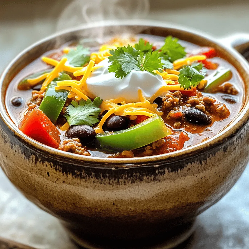 To make a hearty ground turkey chili, you need some key ingredients. Here’s a quick list: - Ground turkey and beans - 1 lb (450g) ground turkey - 1 can (15 oz) black beans, drained and rinsed - 1 can (15 oz) kidney beans, drained and rinsed - Vegetables and aromatics - 1 medium onion, finely chopped - 2 cloves garlic, minced - 1 bell pepper (either red or green), diced - Spices and seasonings - 2 tablespoons chili powder - 1 tablespoon ground cumin - 1 teaspoon smoked paprika - Salt and freshly cracked pepper to taste - Optional toppings - Shredded cheese - Sour cream - Freshly chopped cilantro These ingredients come together to create a flavorful dish that warms your soul. Ground turkey is lean and healthy, while the beans add protein and fiber. The veggies bring color and texture. Spices like chili powder and cumin add depth. Toppings make it fun and tasty! For the full recipe, check out the details in the earlier section. Enjoy crafting this easy and delicious meal! 1. Sautéing the base Start by heating olive oil in a large pot over medium heat. Wait until it shimmers. Add the chopped onion and diced bell pepper. Sauté these for about five minutes. Stir often, and watch for the onion to turn soft and clear. Then, add minced garlic and cook for one more minute. You'll smell that nice garlic scent! 2. Browning the turkey Next, add the ground turkey to the pot. Use a wooden spoon to break it apart. Cook the turkey for about five to seven minutes. Look for it to turn brown and lose its pink color. This step makes the turkey tasty and ready for the chili. 3. Adding tomatoes and beans Once the turkey is brown, sprinkle in the chili powder, cumin, smoked paprika, salt, and pepper. Mix well to coat the turkey and veggies. Now, pour in the crushed tomatoes and low-sodium chicken broth. Stir everything gently until it blends nicely. Carefully fold in the black and kidney beans. 4. Simmering to perfection Bring the chili to a gentle simmer over medium-high heat. Once it bubbles, lower the heat to medium-low. Let the chili simmer uncovered for 20 to 30 minutes. Stir it occasionally to stop it from sticking. This simmering time helps all the flavors mix well. Taste the chili before serving, and adjust the spices if you want more flavor. For the full recipe, check out the details above. Enjoy making this easy ground turkey chili! To make your chili burst with flavor, use fresh spices. They add a bright taste. For best results, toast your spices in the pot before adding other ingredients. This helps release their natural oils. Adjusting cooking time helps too. If you want a thicker chili, simmer it longer. Letting it cook for 30 to 40 minutes allows flavors to blend. Keep stirring every now and then. This prevents sticking and burning. Pair your chili with cornbread for a sweet touch. A simple garden salad adds a crisp bite. You can also serve it with tortilla chips for crunch. For drinks, try a cold beer or a fruity soda. If you prefer something warm, a cup of hot tea works well too. These choices balance the spice and warmth of the chili. For the full recipe, you can refer to the earlier section. {{image_4}} You can change the ground turkey to fit your taste. Try using ground chicken or lean beef. If you want a meatless option, use lentils or textured vegetable protein. Beans are also flexible. You can swap black beans for pinto or navy beans. Add chickpeas for a different texture. For veggies, consider adding corn, zucchini, or carrots. These add color and taste. You can easily adjust the heat level. For a spicy chili, add jalapeños or cayenne pepper. If you like it mild, skip the hot stuff and add more sweet bell peppers. Experiment with spices too! Try adding oregano, cinnamon, or even cocoa powder. These can give your chili a unique twist. Don't be afraid to mix and match flavors. You might discover a new favorite! For the full recipe, check out the details above. After you make this easy ground turkey chili, you might have some left. To keep it fresh, let the chili cool down first. This helps prevent bacteria growth. Once cool, transfer it to an airtight container. Make sure to seal it well. Store the chili in the fridge for up to four days. If you want to save it longer, consider freezing it. Use freezer-safe containers or bags for best results. Label them with the date. This way, you know how long it's been stored. When it's time to enjoy your chili again, you have two great options to reheat it: stovetop or microwave. - Stovetop: Pour the leftover chili into a pot. Heat it over medium heat. Stir often to ensure even heating. This method keeps the chili’s texture nice and thick. - Microwave: Place your chili in a microwave-safe bowl. Cover it lightly to avoid splatters. Heat it on high for 1-2 minutes. Stir halfway through to make sure it heats evenly. Both methods work well, so choose what fits your time! Can I freeze leftover chili? Yes, you can freeze leftover chili. Let it cool completely. Use airtight containers or freezer bags. It stays good for about three months. When ready to eat, thaw it in the fridge overnight. Reheat on the stove or microwave until hot. How do I make chili spicier? To make chili spicier, add more chili powder or fresh jalapeños. You can also use cayenne pepper or hot sauce. Start small to control the heat. Taste it often to find the right spice level for you. What can I serve with turkey chili? Turkey chili goes well with many sides. Try cornbread, rice, or tortilla chips. A fresh salad adds a nice crunch. You can also serve it with avocado or sour cream for creaminess. Overview of calories and macros per serving Each serving of this hearty chili has about 300 calories. It contains around 25g of protein and 15g of carbs. This meal is filling and nutritious. The beans add fiber, which is great for digestion. Tips for making it healthier To make it healthier, use low-sodium broth and canned tomatoes. You can reduce the oil or use cooking spray instead. Add more veggies like zucchini or spinach for extra nutrients. This keeps the flavors rich while boosting health benefits. For the full recipe, check the section above! This blog post outlined the key steps to make a delicious turkey chili. We covered necessary ingredients like ground turkey, beans, and spices. I shared prep steps to guide you from sautéing to simmering. You now have tips for flavor, cooking time, and serving ideas. I also included variations for personalized flavors and storage methods for leftovers. In conclusion, this turkey chili recipe is tasty, simple, and versatile. Enjoy making it your own!
