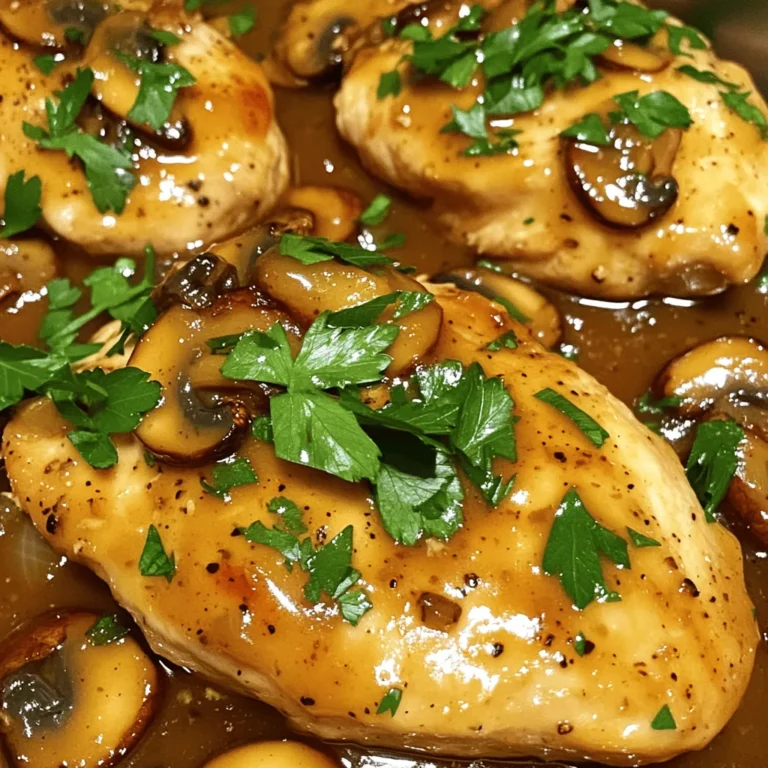 - 4 boneless, skinless chicken breasts - 1 cup all-purpose flour - 1 teaspoon salt - 1/2 teaspoon freshly ground black pepper - 2 tablespoons extra virgin olive oil - 2 tablespoons unsalted butter - 8 oz cremini or button mushrooms, thinly sliced - 2 cloves garlic, finely minced - 1 cup low-sodium chicken broth - 1 tablespoon high-quality balsamic vinegar - 1 teaspoon dried oregano - 1/4 teaspoon red pepper flakes (optional for heat) - Fresh parsley, finely chopped, for garnish When I make Chicken Marsala, I start with fresh chicken. The boneless, skinless chicken breasts are ideal. They cook evenly and stay juicy. I then coat them in a mix of flour, salt, and pepper. This gives a nice crust when cooked. Next, I heat olive oil and butter in a skillet. The oil keeps the butter from burning. I let it get hot before adding the chicken. This step is key for a good sear. Mushrooms add depth to the dish. I prefer cremini or button mushrooms for their flavor. I slice them thinly and sauté them after the chicken cooks. Garlic adds more taste; I finely mince it and add it just before the mushrooms are done. The sauce is where it all comes together. I pour in chicken broth, and balsamic vinegar, and sprinkle in dried oregano. This combination creates a rich and savory sauce. If you want some heat, red pepper flakes are a great option. Finally, I garnish with fresh parsley. It adds color and freshness. This simple dish is full of flavor and perfect for a weeknight dinner. For the complete guide, check out the Full Recipe. - Evenly flatten chicken breasts to 1/2 inch thickness. - Dredge chicken in flour mixture (flour, salt, pepper). Start by preparing the chicken. Take each chicken breast and flatten it to about 1/2 inch thick. I like to use a meat mallet for this. This step helps the chicken cook evenly. Next, mix flour, salt, and pepper in a shallow bowl. Dredge each chicken breast in this mixture. Make sure to coat it well and shake off any extra flour. This coating will help create a nice crust when you cook it. - Heat olive oil and butter in skillet. - Sear chicken breasts until golden brown. Now, let’s move on to cooking. Heat a large skillet over medium heat. Add extra virgin olive oil and unsalted butter. Once the butter melts and starts to bubble, it’s ready. Carefully place the dredged chicken breasts in the skillet. Sear them for about 4 to 5 minutes on each side. You want them to turn golden brown. Make sure they are fully cooked, reaching an internal temperature of 165°F. Once done, transfer the chicken to a plate and cover it lightly. - Sauté mushrooms and garlic in the same skillet. - Add chicken broth and balsamic vinegar, scraping up browned bits. In the same skillet, I love to sauté mushrooms next. Add the thinly sliced cremini or button mushrooms. Cook them for about 5 minutes until they are browned and tender. Then, add minced garlic and sauté for another minute. Be careful not to burn the garlic. After that, pour in chicken broth and balsamic vinegar. This step is key as it helps to scrape up the tasty browned bits stuck to the skillet. - Simmer sauce for 3-4 minutes. - Return chicken to skillet, spoon sauce over. Let the sauce simmer for about 3 to 4 minutes. This helps to concentrate the flavors. After that, return the cooked chicken to the skillet. Nestle it among the mushrooms and sauce. Spoon some of the sauce over each piece of chicken. Allow it to simmer together for an additional 2 to 3 minutes. This way, all the flavors blend nicely. - Adjust seasoning as needed. - Garnish with fresh parsley. Finally, taste the sauce to check the seasoning. Adjust it if needed. Before serving, I love to garnish with fresh parsley. This adds a pop of color and freshness to the dish. For the complete process, check the Full Recipe. Enjoy your cooking! - Use fresh herbs for a more vibrant taste - Let the chicken rest before slicing for juiciness Using fresh herbs like thyme or basil can brighten the dish. They add a punch of flavor that dried herbs can't match. Simply sprinkle them on top just before serving. Letting the chicken rest for a few minutes keeps it juicy. When you slice it right away, the juices run out. Trust me, waiting a bit makes a big difference. - Ensure skillet is hot before searing for better browning - Use a meat thermometer for perfectly cooked chicken A hot skillet is key for a nice golden crust. If the skillet is too cool, the chicken will steam instead of sear. I also recommend using a meat thermometer. It should read 165°F to ensure the chicken is fully cooked. This way, you avoid dry chicken and keep it tender. - Serve on warm plates with extra sauce - Pair with sides like creamy mashed potatoes or pasta Serving on warm plates helps keep the meal hot and tasty. Spoon extra sauce over the chicken for a beautiful look. Creamy mashed potatoes or pasta are perfect sides. They soak up the delicious sauce and make every bite better. For a pop of color, add a sprinkle of fresh parsley on top. {{image_4}} You can easily switch things up in this dish. For a richer taste, substitute chicken thighs for chicken breasts. Chicken thighs have more flavor and stay juicy. If you want a different taste, use white wine instead of chicken broth. It adds a nice depth to the sauce. If you need a gluten-free option, use a gluten-free flour mix for dredging. This swap works well without losing texture. You can also add spinach or kale to boost the nutrition. Both greens add color and vitamins while pairing well with the dish. To change the flavor a bit, try different mushrooms. Shiitake or porcini mushrooms can bring unique tastes. You can also add a splash of lemon juice for a bright, citrusy twist. This will lighten the dish and make it more refreshing. Feel free to explore these variations to make this Easy Chicken Marsala your own! For the full recipe, check back above. Store leftovers in an airtight container for up to 3 days. This keeps your Chicken Marsala fresh and safe to eat. Remember to let it cool down before sealing it up. You can freeze cooked Chicken Marsala for up to 2 months. To do this, place it in a freezer-safe container. Be sure to let it cool first. When you want to enjoy it again, thaw it in the refrigerator before reheating. Reheat gently on the stove to avoid drying out. Place it in a skillet over low heat. If it seems dry, add a splash of chicken broth during reheating. This helps keep the chicken moist and tasty. Enjoy your flavorful meal again! You can use chicken broth or grape juice as a substitute for wine. This keeps the dish flavorful and family-friendly. Chicken broth adds depth, while grape juice gives a slight sweetness. Simply replace the wine with the same amount of broth or juice in your recipe. Yes, but make sure to properly thaw it before cooking for even results. Frozen chicken can cook unevenly, leading to dry parts. Thaw overnight in the fridge or use the microwave for a quick thaw. This way, your chicken will cook more evenly and stay juicy. Creamy mashed potatoes, pasta, or steamed vegetables are great choices. Mashed potatoes soak up the sauce nicely. Pasta offers a great base to complement the chicken and sauce. Steamed veggies add color and nutrition to your plate. Increase the amount of red pepper flakes or add chopped jalapeños for heat. Start with a small amount and taste as you go. You can always add more spice, but it’s hard to tone it down once it’s added. Keep leftovers in an airtight container in the fridge for up to 3 days. Make sure to let the chicken cool before storing. This helps maintain the texture and flavor when you reheat it later. Find the complete recipe including all ingredients and steps above. You can create a delicious Chicken Marsala with simple steps. We covered key ingredients, tasty tips, and cooking techniques. Searing the chicken well and making a flavorful sauce is key. Use fresh herbs for extra taste and consider substitutions to suit your needs. Store leftovers properly for later enjoyment. With this guide, you can impress your family and friends with a classic dish. Enjoy making your Chicken Marsala!