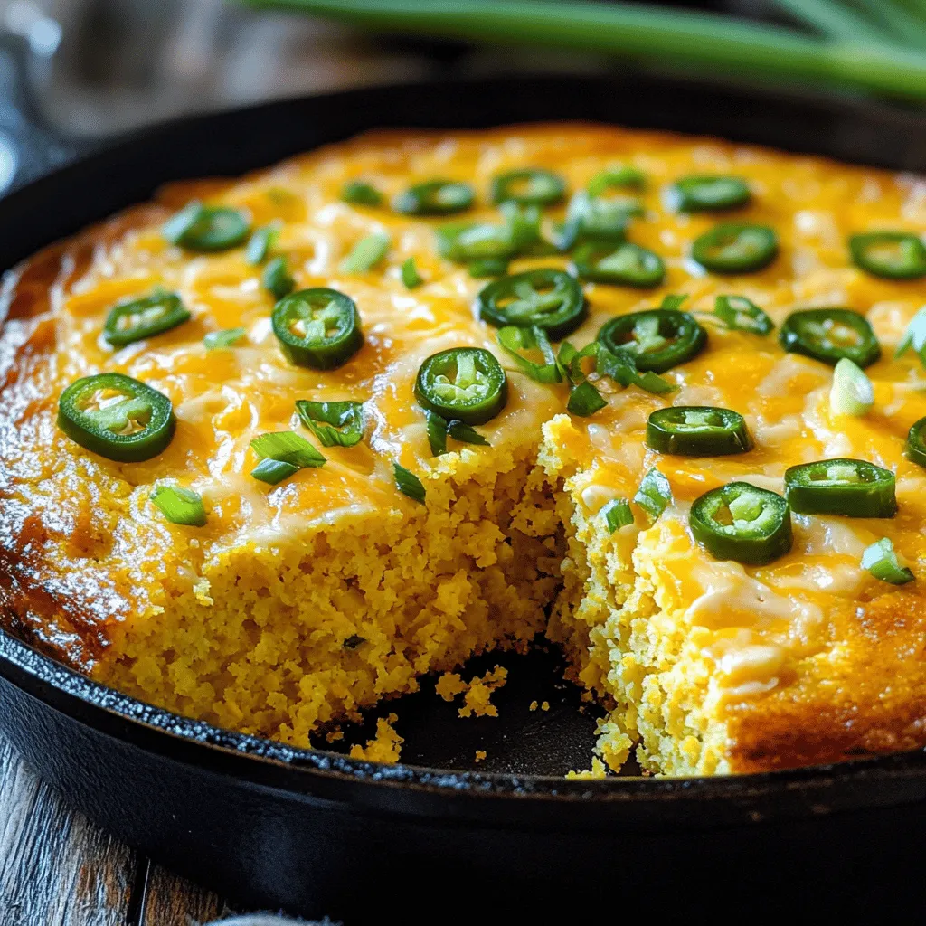 Cheesy Jalapeño Cornbread is a warm, tasty treat. It combines sweet and spicy flavors with a cheesy twist. You can enjoy it as a side dish or a snack. Here’s what you need to make it. - 1 cup yellow cornmeal - 1 cup all-purpose flour - 1 tablespoon baking powder - 1/2 teaspoon fine sea salt - 1/4 cup granulated sugar - 1 cup whole milk - 2 large eggs, at room temperature - 1/4 cup unsalted butter, melted and slightly cooled - 1 cup sharp cheddar cheese, shredded - 1/2 cup pickled jalapeños, diced (substitute with fresh jalapeños for an extra kick) - 1/4 cup fresh green onions, sliced thinly Each ingredient has a role. Cornmeal gives a nice texture. Flour helps the bread rise. Baking powder makes it fluffy. Sea salt adds flavor, while sugar balances the taste. Whole milk keeps it moist. Eggs bind the mix, and butter adds richness. Cheese gives a cheesy kick. Jalapeños bring heat, and green onions add freshness. For the full recipe, follow the steps closely. Each ingredient matters for great taste. Start by preheating your oven to 400°F (200°C). This temperature helps the cornbread rise and get that nice color. Next, grease an 8-inch square baking dish or a cast-iron skillet. I love using a skillet for that rustic look. In a large bowl, mix the dry ingredients. Combine 1 cup of yellow cornmeal, 1 cup of all-purpose flour, 1 tablespoon of baking powder, 1/2 teaspoon of fine sea salt, and 1/4 cup of granulated sugar. Whisk them until there are no lumps. This step is key for a smooth batter. In another bowl, whisk together 1 cup of whole milk, 2 large eggs, and 1/4 cup of melted butter. Make sure the butter is slightly cooled so it doesn't cook the eggs. The mixture should be smooth and frothy. Next, pour the wet ingredients into the dry ingredients. Stir gently with a spatula. Do not overmix; a few lumps are okay. Now, fold in 1 cup of shredded sharp cheddar cheese, 1/2 cup of diced jalapeños, and 1/4 cup of sliced green onions. This is where the magic happens! Transfer the batter to your prepared baking dish or skillet. Smooth the top with a spatula for even baking. Place the dish in your preheated oven. Bake for 20-25 minutes. You'll know it's done when the top is golden brown. Insert a toothpick into the center; if it comes out clean, the cornbread is ready. After baking, let it cool for about 5 minutes in the pan. Then slice it into squares or wedges. Serve warm for the best flavor. This Cheesy Jalapeño Cornbread is a tasty treat that pairs well with many dishes. Enjoy the burst of flavors with every bite! For the complete recipe, check out the Full Recipe. To make the best Cheesy Jalapeño Cornbread, use fresh ingredients. Fresh cornmeal has a sweet flavor. Always measure ingredients correctly. For a fluffier texture, sift the flour and cornmeal together. This mix helps the baking powder work better. If you want a golden crust, add a bit of extra butter when greasing the pan. Substitutions for jalapeños You can swap jalapeños for milder peppers like poblano. If you prefer no heat, use sweet bell peppers. This keeps the cornbread tasty without the spice. Reducing spice levels If you want less heat, remove the seeds from the jalapeños. This will lower the spice level. You can also use pickled jalapeños, which tend to be milder. Try starting with half the amount of jalapeños you planned to use. You can always add more if needed. Best baking dish choices Use an 8-inch square baking dish for even cooking. You can also use a round pan, but keep an eye on baking time. Glass or ceramic dishes work well too. They help you see the browning. Using cast-iron skillets A cast-iron skillet gives a great crust. Preheat it in the oven before adding the batter. This step creates a beautiful golden crust. Plus, it adds a nice flavor that enhances the cornbread. Follow these tips and tricks for a perfect bake every time. For more details, check the Full Recipe. {{image_4}} For those who need gluten-free options, use gluten-free cornmeal and a gluten-free flour blend. This way, you can enjoy the same great taste without worry. Check labels to ensure they are truly gluten-free. If you’re looking for vegan alternatives, replace the eggs with flax eggs. Just mix one tablespoon of ground flaxseed with three tablespoons of water. Let it rest for a few minutes to thicken. Substitute whole milk with almond or soy milk, and use vegan butter in place of regular butter. These swaps keep the cornbread tasty and satisfying. To change the flavor, try using different cheese types. Pepper jack adds a nice kick. Monterey Jack gives a creamy texture. You can even mix cheeses for a unique taste. Adding vegetables or spices can elevate your cornbread. Consider mixing in corn kernels for sweetness. Chopped bell peppers add crunch and color. You can sprinkle in spices like cumin or smoked paprika for a warm flavor. Each of these additions makes the Cheesy Jalapeño Cornbread even more special. For the full recipe, check the earlier section. To keep your cheesy jalapeño cornbread fresh, store it properly. First, let it cool completely. Then, wrap the cornbread tightly in plastic wrap. This helps keep moisture in. You can also place it in an airtight container. Store it in the fridge for up to five days. For long-term storage, freezing is a great option. Cut the cornbread into squares for easy access. Wrap each piece in plastic wrap, then place them in a freezer-safe bag. This way, it can last for up to three months. When you're ready to enjoy it, just take out what you need. To enjoy your cornbread again, reheating is key. For the best texture, use the oven. Preheat your oven to 350°F (175°C). Place the cornbread on a baking sheet. Heat it for about 10-15 minutes. This warms it through and keeps it soft. You can also use the microwave for speed. Just place a slice on a plate and cover it with a damp paper towel. Heat in 15-second bursts until warm. Be careful not to overheat, as it can get tough. Enjoy your delightful cornbread just like fresh! Cheesy Jalapeño Cornbread is a tasty treat. It blends sweet, spicy, and cheesy flavors. You might have questions about it, so let’s answer some common ones. Yes, you can use different cheeses. Try Monterey Jack for a milder taste. Pepper Jack adds more spice. You can even mix cheeses for more flavor. Just keep the same amount—1 cup shredded cheese. You can prepare the batter a day early. Mix the dry and wet ingredients in separate bowls. Store them in the fridge. When you are ready, mix them and bake. For baked cornbread, cool it, then wrap it tightly. It stays fresh in the fridge for up to three days. Cheesy Jalapeño Cornbread pairs well with many dishes. Serve it with chili or soup for a warm meal. You can also enjoy it with tacos or grilled meats. For a snack, try it with butter or honey. It is a great side dish for any gathering. Check out the Full Recipe for more ideas! Now that you've explored the key ingredients and steps for making Cheesy Jalapeño Cornbread, you have all the tools to create a tasty dish. Remember the tips for adjusting spice levels and using the right baking equipment for best results. Don’t hesitate to experiment with flavors or dietary needs. Store your leftovers properly to enjoy later. With this recipe, you can impress your family and friends. Dive into the flavors and have fun baking!